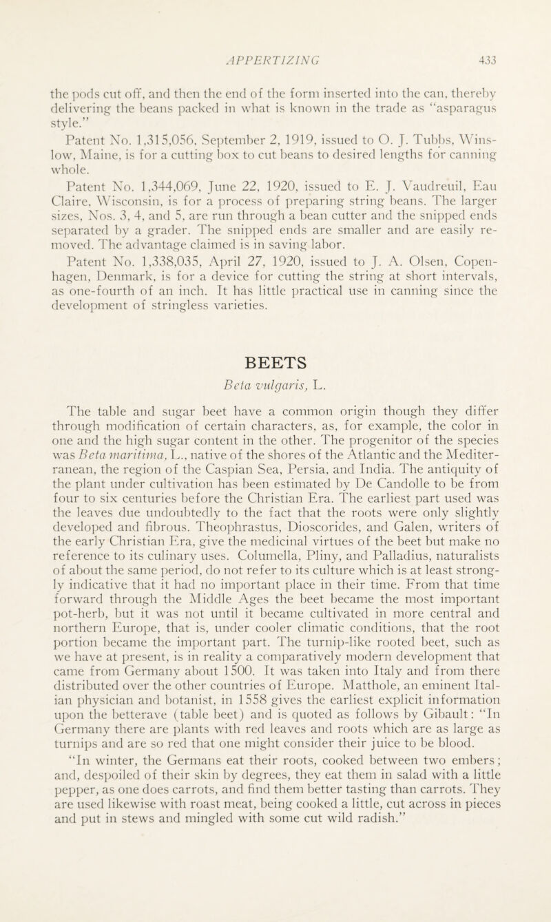 the pods cut off, and then the end of the form inserted into the can, therel)y delivering the heans ]mcked in what is known in the trade as “asparai^ns style.” Patent Xo. 1,315,056, Se])teinher 2, 1919, issued to O. J. Tuh])s, Wdns- low, Maine, is for a cutting 1)ox to cut heans to desired lengths for canning whole. fkatent Xo. 1,344,069, June 22, 1920, issued to E. J. Vaudreuil, Eau Claire, Wisconsin, is for a process of pre])aring string heans. The larger sizes, N’os. 3, 4, and 5, are run through a hean cutter and the snipped ends separated hy a grader. The sni])ped ends are smaller and are easily re¬ moved. The advantage claimed is in saving labor. Patent Xo. 1,338,035, April 27, 1920, issued to J. A. Olsen, Copen¬ hagen, Denmark, is for a device for cutting the string at short intervals, as one-fourth of an inch. Tt has little practical use in canning since the development of stringless varieties. BEETS Beta vulgaris, L. The table and sugar beet have a common origin though they differ through modification of certain characters, as, for example, the color in one and the high sugar content in the other. The progenitor of the species was Betainaritima, E., native of the shores of the Atlantic and the Mediter¬ ranean, the region of the Caspian Sea, Persia, and India. The antiquity of the plant under cultivation has been estimated by De Candolle to be from four to six centuries before the Christian Era. The earliest part used was the leaves due undoubtedly to the fact that the roots were only slightly developed and fibrous. TheojTrastus, Dioscorides, and Galen, writers of the early Christian Era, give the medicinal virtues of the beet but make no reference to its culinary uses. Columella, Pliny, and Palladius, naturalists of about the same period, do not refer to its culture which is at least strong¬ ly indicative that it had no important place in their time. Erom that time forward through the Middle Ages the beet became the most important pot-herh, hut it was not until it became cultivated in more central and northern Europe, that is, under cooler climatic conditions, that the root ])ortion became the important part. The turnip-like rooted beet, such as we have at present, is in reality a comparatively modern development that came from Germany about 1500. It was taken into Italy and from there distributed over the other countries of Europe. Matthole, an eminent Ital¬ ian physician and botanist, in 1558 gives the earliest explicit information u])on the hetterave (table beet) and is quoted as follows by Gibault: “In Germany there are plants with red leaves and roots which are as large as turnips and are so red that one might consider their juice to be blood. “In winter, the Germans eat their roots, cooked between two embers; and, despoiled of their skin by degrees, they eat them in salad with a little pepper, as one does carrots, and find them better tasting than carrots. They are used likewise with roast meat, being cooked a little, cut across in pieces and put in stews and mingled with some cut wild radish.”