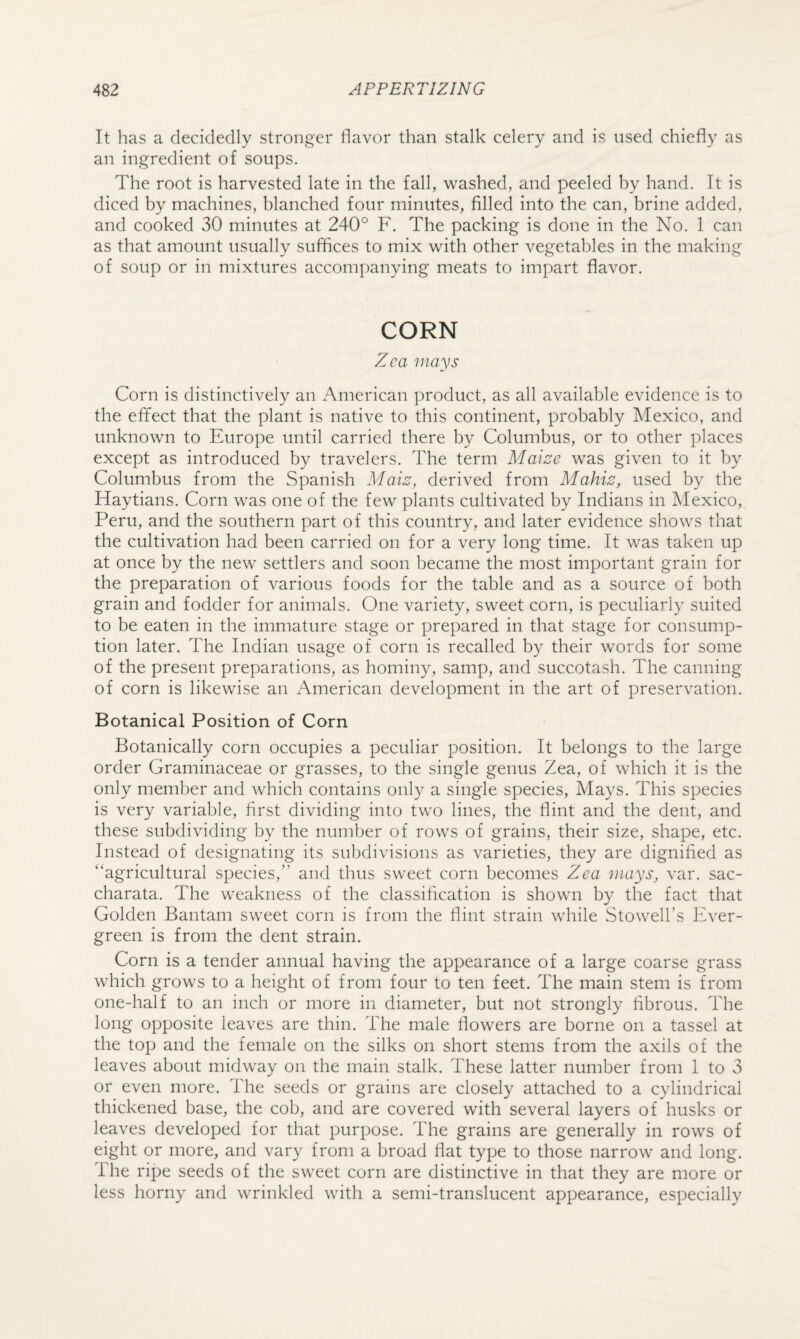 It has a decidedly stronger flavor than stalk celery and is used chiefly as an ingredient of soups. The root is harvested late in the fall, washed, and peeled by hand. It is diced by machines, blanched four minutes, filled into the can, brine added, and cooked 30 minutes at 240° F. The packing is done in the No. 1 can as that amount usually suffices to mix with other vegetables in the making of soup or in mixtures accompanying meats to impart flavor. CORN Zea mays Corn is distinctively an American product, as all available evidence is to the effect that the plant is native to this continent, probably Mexico, and unknown to Europe until carried there by Columbus, or to other places except as introduced by travelers. The term Maize was given to it by Columbus from the Spanish Maiz, derived from Mahiz, used by the Haytians. Corn was one of the few plants cultivated by Indians in Mexico, Peru, and the southern part of this country, and later evidence shows that the cultivation had been carried on for a very long time. It was taken up at once by the new settlers and soon became the most important grain for the preparation of various foods for the table and as a source of both grain and fodder for animals. One variety, sweet corn, is peculiarly suited to be eaten in the immature stage or prepared in that stage for consump¬ tion later. The Indian usage of corn is recalled by their words for some of the present preparations, as hominy, samp, and succotash. The canning of corn is likewise an American development in the art of preservation. Botanical Position of Corn Botanically corn occupies a peculiar position. It belongs to the large order Graminaceae or grasses, to the single genus Zea, of which it is the only member and which contains only a single species. Mays. This species is very variable, first dividing into two lines, the flint and the dent, and these subdividing by the number of rows of grains, their size, shape, etc. Instead of designating its subdivisions as varieties, they are dignified as “agricultural species,'’ and thus sweet corn becomes Zea mays, var. sac- charata. The weakness of the classification is shown by the fact that Golden Bantam sweet corn is from the flint strain while Stowell's Ever¬ green is from the dent strain. Corn is a tender annual having the appearance of a large coarse grass which grows to a height of from four to ten feet. The main stem is from one-half to an inch or more in diameter, but not strongly fibrous. The long opposite leaves are thin. The male flowers are borne on a tassel at the top and the female on the silks on short stems from the axils of the leaves about midway on the main stalk. These latter number from 1 to 3 or even more. The seeds or grains are closely attached to a cylindrical thickened base, the cob, and are covered with several layers of husks or leaves developed for that purpose. The grains are generally in rows of eight or more, and vary from a broad flat type to those narrow and long. The ripe seeds of the sweet corn are distinctive in that they are more or less horny and wrinkled with a semi-translucent appearance, especially