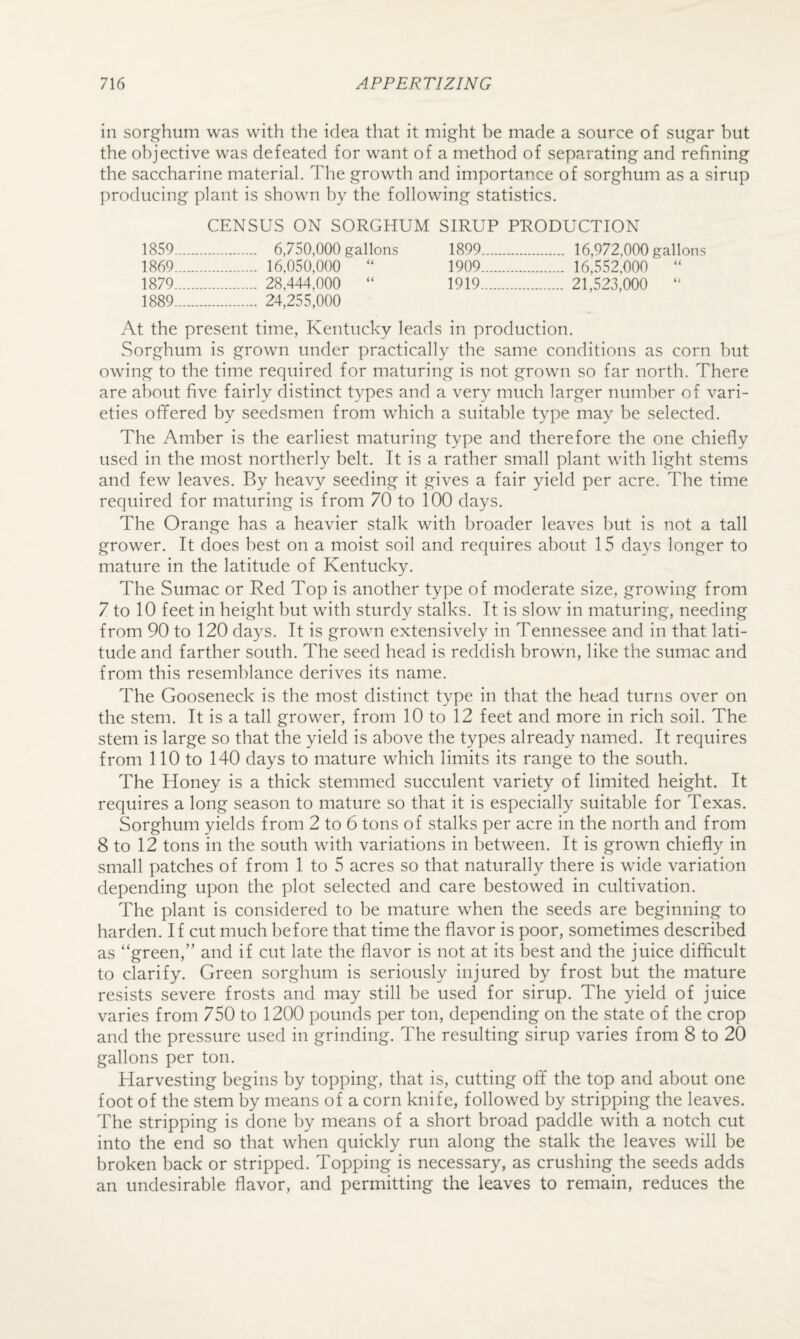 in sorghum was with the idea that it might be made a source of sugar but the objective was defeated for want of a method of separating and refining the saccharine material. The growth and importance of sorghum as a sirup producing plant is shown by the following statistics. CENSUS ON SORGHUM SIRUP PRODUCTION 1859. . 6,750,000 gallons 1899. . 16,972,000 gallons 1869. . 16,050,000 “ 1909. . 16,552,000 “ 1879. . 28,444,000 “ 1919. . 21,523,000 “ 1889. . 24,255,000 At the present time, Kentucky leads in production. Sorghum is grown under practically the same conditions as corn but owing to the time required for maturing is not grown so far north. There are about five fairly distinct types and a very much larger number of vari¬ eties offered by seedsmen from which a suitable type may be selected. The Amber is the earliest maturing type and therefore the one chiefly used in the most northerly belt. It is a rather small plant with light stems and few leaves. By heavy seeding it gives a fair yield per acre. The time required for maturing is from 70 to 100 days. The Orange has a heavier stalk with broader leaves hut is not a tall grower. It does best on a moist soil and requires about 15 days longer to mature in the latitude of Kentucky. The Sumac or Red Top is another type of moderate size, growing from 7 to 10 feet in height but with sturdy stalks. It is slow in maturing, needing from 90 to 120 days. It is grown extensively in Tennessee and in that lati¬ tude and farther south. The seed head is reddish brown, like the sumac and from this resemblance derives its name. The Gooseneck is the most distinct type in that the head turns over on the stem. It is a tall grower, from 10 to 12 feet and more in rich soil. The stem is large so that the yield is above the types already named. It requires from 110 to 140 days to mature which limits its range to the south. The Honey is a thick stemmed succulent variety of limited height. It requires a long season to mature so that it is especially suitable for Texas. Sorghum yields from 2 to 6 tons of stalks per acre in the north and from 8 to 12 tons in the south with variations in between. It is grown chiefly in small patches of from 1 to 5 acres so that naturally there is wide variation depending upon the plot selected and care bestowed in cultivation. The plant is considered to be mature when the seeds are beginning to harden. If cut much before that time the flavor is poor, sometimes described as “green,” and if cut late the flavor is not at its best and the juice difficult to clarify. Green sorghum is seriously injured by frost but the mature resists severe frosts and may still be used for sirup. The yield of juice varies from 750 to 1200 pounds per ton, depending on the state of the crop and the pressure used in grinding. The resulting sirup varies from 8 to 20 gallons per ton. Harvesting begins by topping, that is, cutting off the top and about one foot of the stem by means of a corn knife, followed by stripping the leaves. The stripping is done by means of a short broad paddle with a notch cut into the end so that when quickly run along the stalk the leaves will be broken back or stripped. Topping is necessary, as crushing the seeds adds an undesirable flavor, and permitting the leaves to remain, reduces the