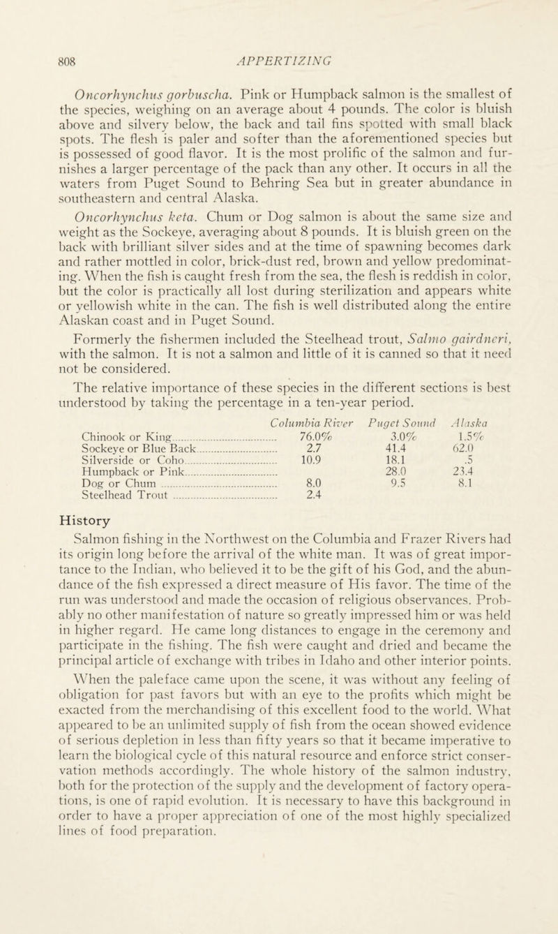 Oncorhynchus gorbuscJia. Pink or Hump])ack salmon is the smallest of the species, weighing on an average about 4 pounds. The color is bluish above and silvery below, the back and tail fins spotted with small black spots. The flesh is paler and softer than the aforementioned species but is possessed of good flavor. It is the most prolific of the salmon and fur¬ nishes a larger percentage of the pack than any other. It occurs in all the waters from Puget Sound to Behring Sea but in greater abundance in southeastern and central Alaska. Oncorhynchus kef a. Chum or Dog salmon is about the same size and weight as the Sockeye, averaging about 8 pounds. It is bluish green on the back with brilliant silver sides and at the time of spawning becomes dark and rather mottled in color, brick-dust red, brown and yellow predominat¬ ing. When the fish is caught fresh from the sea, the flesh is reddish in color, but the color is practically all lost during sterilization and appears white or yellowish white in the can. The fish is well distributed along the entire Alaskan coast and in Puget Sound. Formerly the fishermen included the Steelhead trout, Salmo gairdneri, with the salmon. It is not a salmon and little of it is canned so that it need not be considered. The relative importance of these species in the different sections is best understood by taking the percentage in a ten-year period. Columbia River Puget Sound Alaska Chinook or King... . 76.0% 3.0% 1.5% Sockeye or Blue Back. . 2.7 41.4 62.0 Silverside or Coho. . 10.9 18.1 .5 Humpback or Pink. 28.0 23.4 Dog or Chum .. . 8.0 9.5 8.1 Steelhead Trout . . 2.4 History Salmon fishing in the Northwest on the Columbia and Frazer Rivers had its origin long before the arrival of the white man. It was of great impor¬ tance to the Indian, who believed it to be the gift of his God, and the abun¬ dance of the fish expressed a direct measure of His favor. The time of the run was understood and made the occasion of religious observances. Prob¬ ably no other manifestation of nature so greatly impressed him or was held in higher regard. He came long distances to engage in the ceremony and participate in the fishing. The fish were caught and dried and became the principal article of exchange with tribes in Idaho and other interior points. When the paleface came upon the scene, it was without any feeling of obligation for past favors but with an eye to the profits which might be exacted from the merchandising of this excellent food to the world. What a])peared to be an unlimited supply of fish from the ocean showed evidence of serious depletion in less than fifty years so that it became imperative to learn the biological cycle of this natural resource and enforce strict conser¬ vation methods accordingly. The whole history of the salmon industry, both for the protection of the supply and the development of factory opera¬ tions, is one of ra])id evolution. It is necessary to have this background in order to have a ])r()per ai)preciation of one of the most highly specialized lines of food preparation.