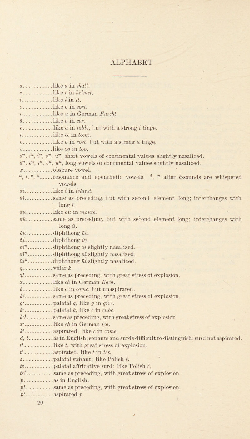 ALPHABET a. e. i. o. u. a. e. i. o. u. an, en, in, on, dn, en, in, on, E. a i o u 1 1 5 . ai. ai. au. an. du. ui. ain. ain. uin. 9. g/--. X.. k. k!. 9'. t. k!. x'. kl. d, t. t!. V . s. ts. ts!. V . Vi. V‘. like a in shall. like e in helmet. like i in it. like o in sort. like u in German Furcht. like a in car. like a in table, 1 ut with a strong % tinge, like ee in teem. like o in rose, 1 ut with a strong u tinge, like oo in too. un, short vowels of continental values slightly nasalized. un, long vowels of continental values slightly nasalized, obscure vowel. resonance and epenthetic vowels. i, u after ^-sounds are whispered vowels. like i in island. same as preceding, but with second element long; interchanges with long i. like ou in mouth. same as preceding, but with second element long; interchanges with long u. diphthong du. diphthong ui. diphthong ai slightly nasalized, diphthong ai slightly nasalized, diphthong ui slightly nasalized, velar k. same as preceding, with great stress of explosion. like eh in German Bach. like c in come, but unaspirated. same as preceding, with great stress of explosion. palatal g, like g in give. palatal k, like c in cube. same as preceding, with great stress of explosion, like ch in German ich. aspirated, like c in come. as in English; sonants and surds difficult to distinguish; surd not aspirated. like t, with great stress of explosion. aspirated, like t in ten. palatal spirant; like Polish L palatal affricative surd; like Polish c. same as preceding, with great stress of explosion. as in English. same as preceding, with great stress of explosion, aspirated p.