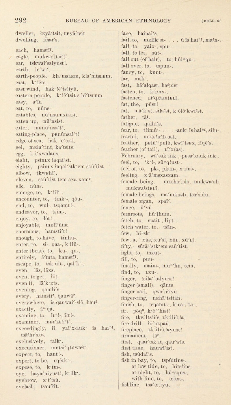 dweller, lEya/tsit, LEya/tsit. dwelling, ItsaFs. each, liamstF. eagle, muk wahtsFF. ear, tskwaFsalyust!. earth, le'wF. earth-people, kla/msLEm, kte/mtsLEm. east, k' lets. east wind, hak' fiFts fiyu. eastern people, k'!<F tsit-s-hFtsLEm. easy, aht. eat, to, nuns-, eatables, ntFnsumxtELl. eaten up, niFnsist. eater, mEmFnsa£t‘. eating-place, pEnunsaFt! edge of sea, hak' fiFtsal. eel, mElahint, ka/tsits. egg, k'Fxwalaus. eight, psinLx laqai/st. eighty, psinLx laqaFstk'em saiFtist. elbow, tkwEhF. eleven, saiFtist tem-axa xam£. elk, nuns, emerge, to, k'!il‘-. encounter, to, tink'-, qou-. end, to, wul-, tsqamtb. endeavor, to, tsim-. enjoy, to, lot!-, enjoyable, mElFutst. enormous, hamstFt! enough, to have, tinhu-. enter, to, si-, qaa-, k'ilu-. enter (boat), to, ku-, qu-. entirely, Uinta, hamstl£. escape, to, tsk'uit-, qal‘k'-. even, las, laxs. even, to get, lot-, even if, la/k'Ets. evening, qamlFs. every, hamsti£, qauwa£. everywhere, is qauwaF-slo, hau£. exactly, aa/qa. examine, to, iut!-, lit!-. examiner, mEFut !I£t‘. exceedingly, ii, yaFx-auk' is hain£, tsa£hFsxa. exclusively, talk1, executioner, mEtsFqtuwa£t‘. expect, to, hant!-. expert, to be, Lqetkx expose, to, k'im-. eye, hayahaiyust!, k’!Ik\ eyebrow, x'Ftsu. eyelash, tsaufilt. face, hainaFs. fail, to, mElik’st- . . . u Is hain£, ma£n-. fall, to, yaix-, spu-. fall, to let, sut-. fall out (of hair), to, huinqu-. fall over, to, tspuu-. fancy, to, kunt-. far, nlsk'. fast, lia/alqast, ha£pist. fasten, to, k'imx-. fastened, LFqxamtELi. fat, the, pust! fat, ma/k'st, sila£st, k,616/kwi£st. father, ta£. fatigue, qalhFs. fear, to, t!imuc- . . . -auk'Is haiD£, silu-. fearful, mEtsIuUxust. feather, pEliF‘pElu, kwFtsnx, liqUs. feather (of tail), LFx(as). February, wa/sak'ink', pEsa/xauk'ink'. feel, to, ‘k'!-, sunq!ust-. feel of, to, pk-, pkan-, x'ims-. feeling, x'a/msxasxam. female being, mEshaUsla, mukwa£sli, mukwa£stELi. female beings, ma/mkusli, tsa/sidu. female organ, spaF. fence, iFyu. fernroots, hiFlhum. fetch, to, spait-, lipt-. fetch water, to, tsan-. few, hinsk'. few, a, xus, xfFsi, xul, xIFlI. fifty/ sutaa/stk'em saiFtist. fight, to, tsxut-. fill, to, puu-. finally, maim-, mun/hu, tern, find, to, lxu-. finger, tsikFfialyust! finger (small), qants. finger-nail, qwafiillyu. finger-ring, nEhUtsitan. finish, to, tsqamt!-, k'ea-, lx-. fir, poqu, k'en/hist! fire, tkEllts!Fs, Lk'ilFtla. fire-drill, lo/pLpau. fireplace, Lk'ilFt!ayust! firmament, la£. first, qaaFtsk'it, qaUwis. first time, hauwFist. fish, tsudaFs. fish in bay, to, tspuitins-. at low tide, to, hits fins-, at night, to, hunsqus-. with line, to, tsitst-. fishline, tsUtstlyu.