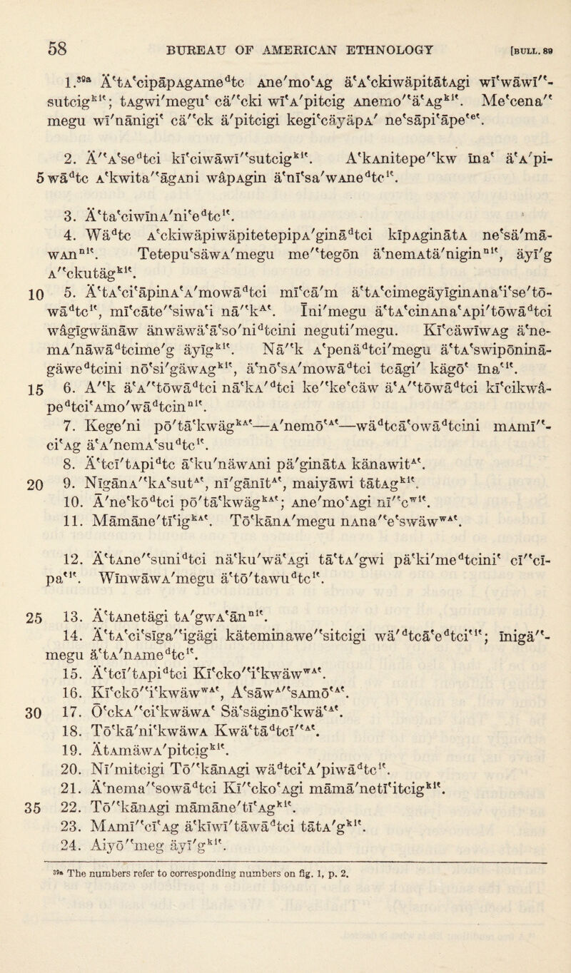 I. 30a X'tA'cipapAgAmeHc Ane'mo'Ag aVckiwapitatAgi wl'wawi/e- sutcigkit; tAgwi'megu* ca/?cki w^A'pitcig Anemo'tatAgkit. Me'cena'1 megu wi'nanigi' ca/'ck a'pitcigi kegi'cayapA' ne'sapi'ape'et. 2. A/tAtsedtci kiknwawi''sutcigkl\ A'kAnitepe''kw Ina' a'A'pi- 5wadtc A^kwita'^agAni wapAgin a'm'sa'wAnedtcle. 3. A'ta'ciwInA'ni'e^c1'* 4. Wadtc AeckiwapiwapitetepipA'ginadtci klpAginatA ne'sa'ma- WAnnl\ Tetepu'sawA'megu me/ttegon a/nemAta/rriginn1', ayl'g A,tckutagkit. 10 5. AttAtcieapinAtA'mowadtci mfca/m a'tA'cimegaylginAna'i'se'to- wadtcit, mi'cate^siwa'i na'*kA\ Ini'megu a'tA^inAnaApi'towa^tci w&glgwanaw anwawafafso'nidtcini neguti'megu. KfcawIwAg a'ne- mA/nawadtcime/g aylgkit. Na'*k Atpenadtci'megu a'tA'swiponina- gawedtcini no'si'gawAg1^, atnotsA,mowadtci tcagi' kago* Inau\ 15 6. A'*k a'A/ttowadtci na'kA,dtci ke''kefcaw a'A^towa^ci kfcikwa- pe dtci Amo'wadtcin n K. 7. Kege'ni po'ta?kwagkAf'—A'nemout—wadtca'owadtcini mAim'*- ciAg atA/nemA?sudtcit. 8. A'tcI'tApi^c a'ku'nawAni pa/ginatA kanawitA\ 20 NlgaiiA/tkAtsutAt, nI'ganItAt; maiyawi tatAgki\ 10. A'ne'kodtci po'ta'kwag15^; Ane'mo'Agi nl/?cwi\ II. Mamane'ti*igkA\ To^kaiiA'megu nAna'VswawWA\ 12. AttAne/tsunidtci na'ku'wa'Agi ta'tA'gwi pa'ki'medtcini' cl'ka- pa WinwawA'megu aHo'tawudtcIt. 30 25 13. A'tAnetagi tA'gwA'annl\ 14. A'tAtcitsIga,tigagi kateminawe7'sitcigi wa'dtca'edteiu'; Iniga/'- megu a'tA'nAroedtcK. 15. AetcI'tApidtci Kfcko/ti?kwawWA?. 16. Kfcko^rkwawWAt, AcsawA/tsAmotAf. 17. OtckA/tcitkwawAt Sa'sagino'kwa'At. 18. To'ka'ni'kwawA Kwattadtci/?At. 19. AtAmawA'pitcigkit. 20. Ni'mitcigi To^kanAgi wadtcitA'piwadtc1k 21. Afnema/?sowadtci Kl/ecko?Agi rn am a'neti'itcigklt. 22. To^kaiiAgi mamane'tfAgki\ 23. MAmI'tcitAg a'kiwi'tawa^tci tatA'gkIt. 24. Aiyo'kneg ayl'gkl\ 35 39ft The numbers refer to corresponding numbers on fig. 1, p. 2.