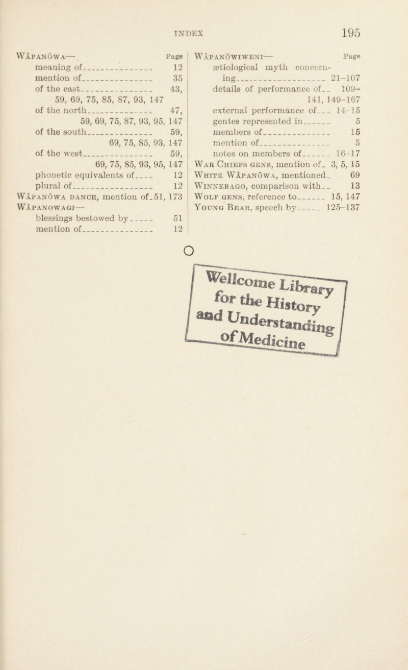 WAPANOWA— Page meaning of_ 12 mention of_ 35 of the east_ 43, 59, 69, 75, 85, 87, 93, 147 of the north_ 47, 59, 69, 75, 87, 93, 95, 147 of the south_ 59, 69, 75, 85, 93, 147 of the west_ 59, 69, 75, 85, 93, 95, 147 phonetic equivalents of_ 12 plural of_ 12 Wapanowa dance, mention of_51, 173 Wapanowagi— blessings bestowed by_ 51 mention of_ 12 WaPANOWIWENI- Page setiological myth concern¬ ing_ 21-107 details of performance of__ 109- 141, 149-167 external performance of_14-15 gentes represented in_ 5 members of_ 15 mention of_ 5 notes on members of_ 16-17 War Chiefs gens, mention of_ 3, 5, 15 White Wapanowa, mentioned- 69 Winnebago, comparison with__ 13 Wolf gens, reference to_ 15, 147 Young Bear, speech by_ 125-137 o Well c°me Libs-, ary and for the Hist -hiderstandin £fMedicit]l g