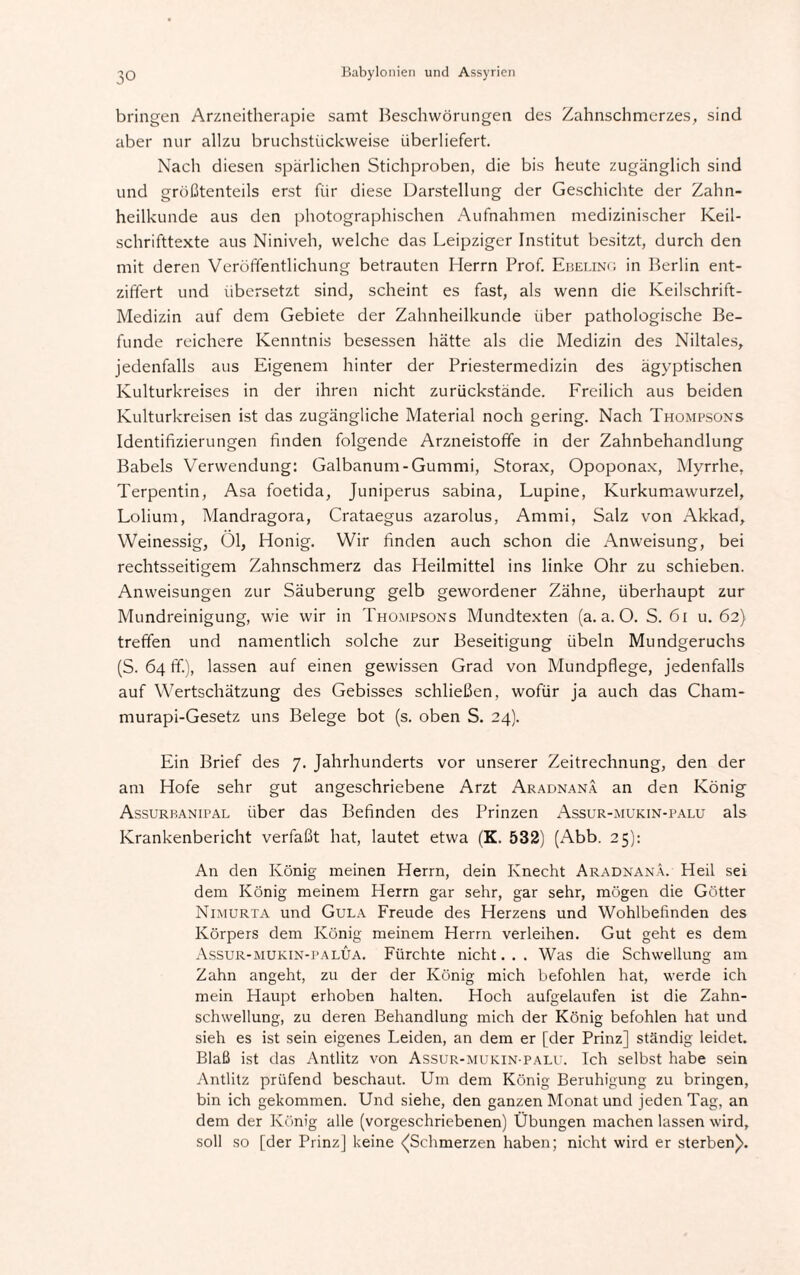 bringen Arzneitherapie samt Beschwörungen des Zahnschmerzes, sind aber nur allzu bruchstückweise überliefert. Nach diesen spärlichen Stichproben, die bis heute zugänglich sind und größtenteils erst für diese Darstellung der Geschichte der Zahn¬ heilkunde aus den photographischen Aufnahmen medizinischer Keil¬ schrifttexte aus Niniveh, welche das Leipziger Institut besitzt, durch den mit deren Veröffentlichung betrauten Herrn Prof. Ebelino in Berlin ent¬ ziffert und übersetzt sind, scheint es fast, als wenn die Keilschrift- Medizin auf dem Gebiete der Zahnheilkunde über pathologische Be¬ funde reichere Kenntnis besessen hätte als die Medizin des Niltales, jedenfalls aus Eigenem hinter der Priestermedizin des ägyptischen Kulturkreises in der ihren nicht zurückstände. Freilich aus beiden Kulturkreisen ist das zugängliche Material noch gering. Nach Thompsons Identifizierungen finden folgende Arzneistoffe in der Zahnbehandlung Babels Verwendung: Galbanum-Gummi, Storax, Opoponax, Myrrhe, Terpentin, Asa foetida, Juniperus sabina, Lupine, Kurkumawurzel, Lolium, Mandragora, Crataegus azarolus, Ammi, Salz von Akkad, Weinessig, 01, Honig. Wir finden auch schon die Anweisung, bei rechtsseitigem Zahnschmerz das Heilmittel ins linke Ohr zu schieben. Anweisungen zur Säuberung gelb gewordener Zähne, überhaupt zur Mundreinigung, wie wir in Thompsons Mundtexten (a. a. O. S. 61 u. 62) treffen und namentlich solche zur Beseitigung Übeln Mundgeruchs (S. 64 ff), lassen auf einen gewissen Grad von Mundpflege, jedenfalls auf Wertschätzung des Gebisses schließen, wofür ja auch das Cham- murapi-Gesetz uns Belege bot (s. oben S. 24). Ein Brief des 7. Jahrhunderts vor unserer Zeitrechnung, den der am Hofe sehr gut angeschriebene Arzt Aradnanä an den König Assurkanipal über das Befinden des Prinzen Assur-mukin-palu als Krankenbericht verfaßt hat, lautet etwa (K. 532) (Abb. 25): An den König meinen Herrn, dein Knecht Aradnanä. Heil sei dem König meinem Herrn gar sehr, gar sehr, mögen die Götter Nimurta und Gula Freude des Herzens und Wohlbefinden des Körpers dem König meinem Herrn verleihen. Gut geht es dem Assur-mukin-palua. Fürchte nicht. . . Was die Schwellung am Zahn angeht, zu der der König mich befohlen hat, werde ich mein Haupt erhoben halten. Hoch aufgelaufen ist die Zahn¬ schwellung, zu deren Behandlung mich der König befohlen hat und sieh es ist sein eigenes Leiden, an dem er [der Prinz] ständig leidet. Blaß ist das Antlitz von Assur-mukin-palu. Ich selbst habe sein Antlitz prüfend beschaut. Um dem König Beruhigung zu bringen, bin ich gekommen. Und siehe, den ganzen Monat und jeden Tag, an dem der König alle (vorgeschriebenen) Übungen machen lassen wird, soll so [der Prinz] keine ^Schmerzen haben; nicht wird er sterben^.