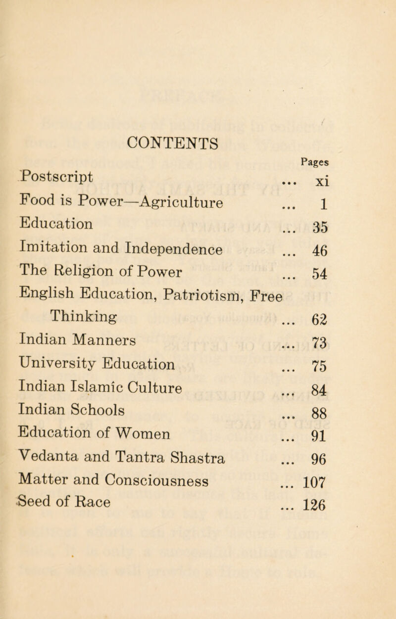 ( CONTENTS Postscript Pages ... xi Food is Power—Agriculture ... 1 Education ... 35 Imitation and Independence ... 46 The Religion of Power ... 54 English Education, Patriotism, Free Thinking ... 62 Indian Manners ... 73 University Education ... 75 Indian Islamic Culture ... 84 Indian Schools ... 88 Education of Women ... 91 Vedanta and Tantra Shastra ... 96 Matter and Consciousness ... 107 Seed of Race ... 126