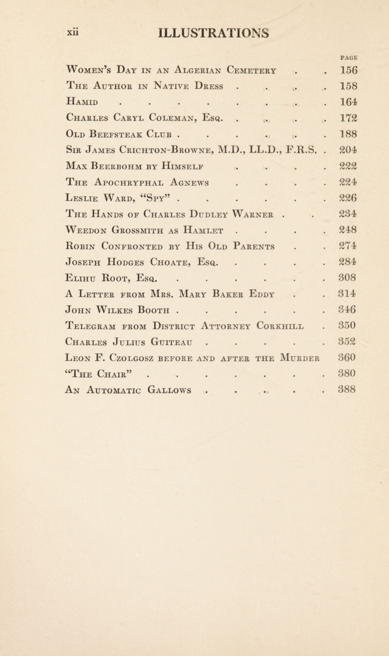 PAGE Women’s Day in an Algerian Cemetery . . 156 The Author in Native Dress . . L. .158 Hamid ........ 161 Charles Caryl Coleman, Esq. . t. l# . 172 Old Beefsteak Club 188 Sir James Crichton-Browne, M.D., LL.D., F.R.S. . 201 Max Beerbohm by Himself 222 The Apochryphal Agnews .... 221 Leslie Ward, “Spy” ...... 226 The Hands of Charles Dudley Warner . . 281 Weedon Grossmith as Hamlet .... 218 Robin Confronted by His Old Parents . .271 Joseph Hodges Choate, Esq. .... 281 Elihu Root, Esq. ...... 308 A Letter from Mrs. Mary Baker Eddy . . 311 John Wilkes Booth ...... 816 Telegram from District Attorney Corkhill . 350 Charles Julius Guiteau ..... 352 Leon F. Czolgosz before and after the Murder 360 “The Chair” ....... 380 An Automatic Gallows . . 388