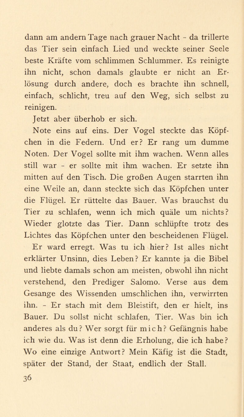 dann am andern Tage nach grauer Nacht - da trillerte das Tier sein einfach Lied und weckte seiner Seele beste Kräfte vom schlimmen Schlummer. Es reinigte ihn nicht, schon damals glaubte er nicht an Er¬ lösung durch andere, doch es brachte ihn schnell, einfach, schlicht, treu auf den Weg, sich selbst zu reinigen. Jetzt aber überhob er sich. Note eins auf eins. Der Vogel steckte das Köpf¬ chen in die Federn. Und er? Er rang um dumme Noten. Der Vogel sollte mit ihm wachen. Wenn alles still war - er sollte mit ihm wachen. Er setzte ihn mitten auf den Tisch. Die großen Augen starrten ihn eine Weile an, dann steckte sich das Köpfchen unter die Flügel. Er rüttelte das Bauer. Was brauchst du Tier zu schlafen, wenn ich mich quäle um nichts? Wieder glotzte das Tier. Dann schlüpfte trotz des Lichtes das Köpfchen unter den bescheidenen Flügel. Er ward erregt. Was tu ich hier? Ist alles nicht erklärter Unsinn, dies Leben? Er kannte ja die Bibel und liebte damals schon am meisten, obwohl ihn nicht verstehend, den Prediger Salomo. Verse aus dem Gesänge des Wissenden umschlichen ihn, verwirrten ihn. - Er stach mit dem Bleistift, den er hielt, ins Bauer. Du sollst nicht schlafen, Tier. Was bin ich anderes als du? Wer sorgt für mich? Gefängnis habe ich wie du. Was ist denn die Erholung, die ich habe? Wo eine einzige Antwort? Mein Käfig ist die Stadt, später der Stand, der Staat, endlich der Stall.