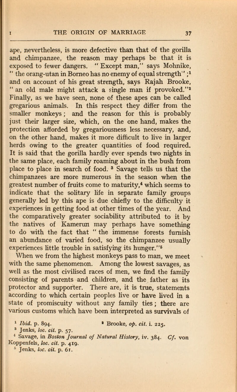 ape, nevertheless, is more defective than that of the gorilla and chimpanzee, the reason may perhaps be that it is exposed to fewer dangers.  Except man,” says Mohnike, “ the orang-utan in Borneo has no enemy of equal strength ' and on account of his great strength, says Rajah Brooke, “ an old male might attack a single man if provoked.”2 Finally, as we have seen, none of these apes can be called gregarious animals. In this respect they differ from the smaller monkeys; and the reason for this is probably just their larger size, which, on the one hand, makes the protection afforded by gregariousness less necessary, and, on the other hand, makes it more difficult to live in larger herds owing to the greater quantities of food required. It is said that the gorilla hardly ever spends two nights in the same place, each family roaming about in the bush from place to place in search of food. 3 Savage tells us that the chimpanzees are more numerous in the season when the greatest number of fruits come to maturity,4 which seems to indicate that the solitary life in separate family groups generally led by this ape is due chiefly to the difficulty it experiences in getting food at other times of the year. And the comparatively greater sociability attributed to it by the natives of Kamerun may perhaps have something to do with the fact that “ the immense forests furnish an abundance of varied food, so the chimpanzee usually experiences little trouble in satisfying its hunger.”6 When we from the highest monkeys pass to man, we meet with the same phenomenon. Among the lowest savages, as well as the most civilised races of men, we find the family consisting of parents and children, and the father as its protector and supporter. There are, it is true, statements according to which certain peoples live or have lived in a state of promiscuity without any family ties; there are various customs which have been interpreted as survivals of 1 Ibid. p. 894. * Brooke, op. cit. i. 225. 3 Jenks, loc. cit. p. 57. 4 Savage, in Boston Journal of Natural History, iv. 384. Cf. von Koppenfels, loc. cit. p. 419. 8 Jenks, loc. cit. p. 6r.