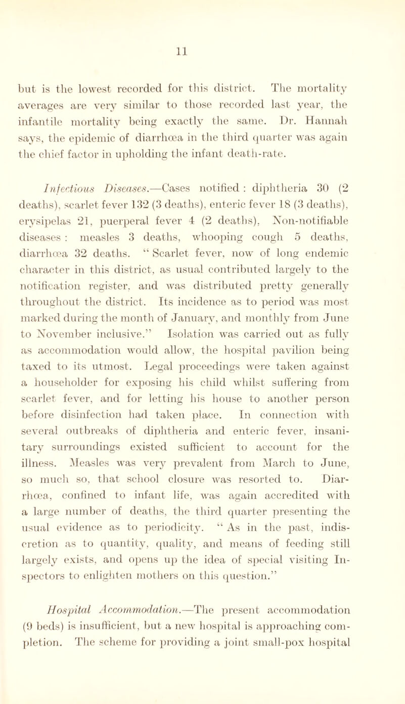 but is the lowest recorded for this district. The mortality averages are very similar to those recorded last year, the infantile mortality being exactly the same. Dr. Hannah says, the epidemic of diarrhoea in the third quarter was again tlie chief factor in upholding the infant death-rate. Infectious Diseases.—Cases notified : diphtheria 30 (2 deaths), scarlet fever 132 (3 deaths), enteric fever 18 (3 deaths), erysipelas 21, puerperal fever 4 (2 deaths), Non-notifiable diseases : measles 3 deaths, whooping cough 5 deaths, diarrhoea 32 deaths. “ Scarlet fever, now of long endemic character in this district, as usual contributed largely to the notification register, and was distributed pretty generally throughout the district. Its incidence as to period was most marked during the month of January, and monthly from June to November inclusive.” Isolation was carried out as fully as accommodation would allow, the hospital pavilion being taxed to its utmost. Legal proceedings were taken against a householder for exposing his child whilst suffering from scarlet fever, and for letting his house to another person before disinfection had taken place. In connection with several outbreaks of diphtheria and enteric fever, insani¬ tary surroundings existed sufficient to account for the illness. Measles was very prevalent from March to June, so much so, that school closure was resorted to. Diar¬ rhoea, confined to infant life, was again accredited with a large number of deaths, the third quarter presenting the usual evidence as to periodicity. “ As in the past, indis¬ cretion as to quantity, quality, and means of feeding still largely exists, and opens up the idea of special visiting In¬ spectors to enlighten mothers on this question.” Hospital Accommodation.—The present accommodation (9 beds) is insufficient, but a new hospital is approaching com¬ pletion. The scheme for providing a joint small-pox hospital