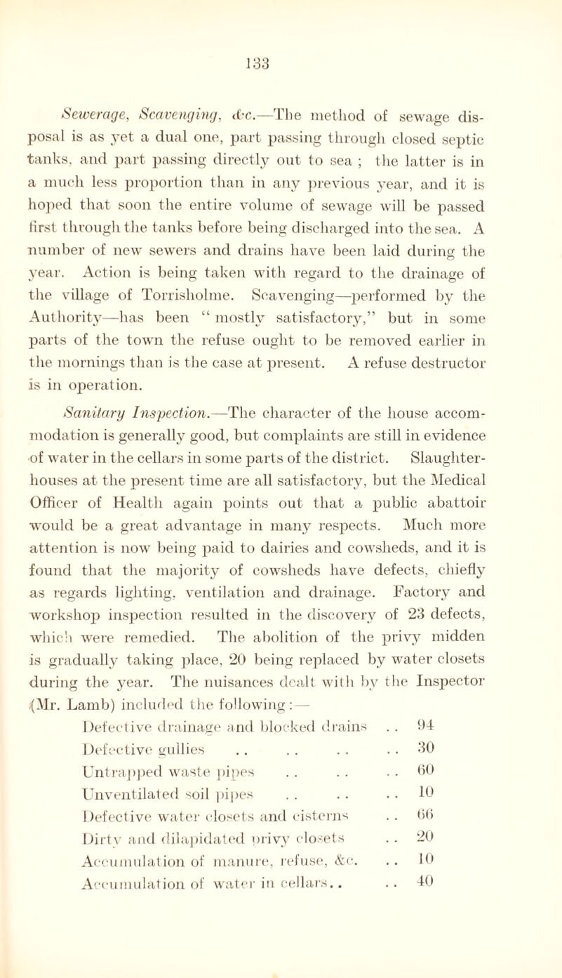Sewerage, Scavenging, dec.—The method of sewage dis¬ posal is as yet a dual one, part passing through closed septic tanks, and part passing directly out to sea ; the latter is in a much less proportion than in any previous year, and it is hoped that soon the entire volume of sewage will be passed first through the tanks before being discharged into the sea. A number of new sewers and drains have been laid during the year. Action is being taken with regard to the drainage of the village of Torrisholme. Scavenging—performed by the Authority—has been “ mostly satisfactory,” but in some parts of the town the refuse ought to be removed earlier in the mornings than is the case at present. A refuse destructor is in operation. Sanitary Inspection— The character of the house accom¬ modation is generally good, but complaints are still in evidence of water in the cellars in some parts of the district. Slaughter¬ houses at the present time are all satisfactory, but the Medical Officer of Health again points out that a public abattoir would be a great advantage in many respects. Much more attention is now being paid to dairies and cowsheds, and it is found that the majority of cowsheds have defects, chiefly as regards lighting, ventilation and drainage. Factory and workshop inspection resulted in the discovery of 23 defects, which were remedied. The abolition of the privy midden is gradually taking place, 20 being replaced by water closets during the year. The nuisances dealt with by the Inspector {Mr. Lamb) included the following:— Defective drainage and blocked drains .. 04 Defective gullies .. .. .. 30 Untrapped waste pipes . . .. . . 60 Unventilated soil pipes . . . . . . 10 Defective water closets and cisterns .. 66 Dirtv and dilapidated privy closets . . 20 Accumulation of manure, refuse, &c. .. 10 Accumulation of water in cellars.. .. 40