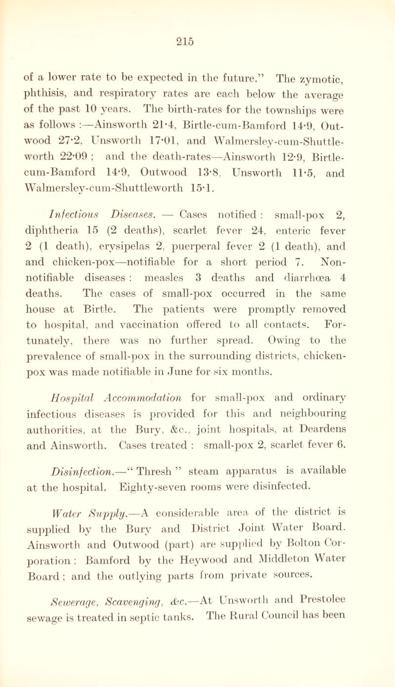 of a lower rate to be expected in the future.” The zymotic, phthisis, and respiratory rates are each below the average of the past 10 years. The birth-rates for the townships were as follows :—Ainsworth 21-4, Birtle-cum-Bamford 14*9, Out- wood 27-2, Unsworth 17*01, and Walmersley-cum-Shuttle- worth 22*09 ; and the death-rates—Ainsworth 12*9, Birtle- cum-Bamford 14*9, Outwood 13*8, Unsworth 11*5, and W almersley-cum-Shuttleworth 15*1. Infectious Diseases. — Cases notified : small-pox 2, diphtheria 15 (2 deaths), scarlet fever 24, enteric fever 2 (1 death), erysipelas 2. puerperal fever 2 (1 death), and and chicken-pox—notifiable for a short period 7. Non- notifiable diseases : measles 3 deaths and diarrhoea 4 deaths. The cases of small-pox occurred in the same house at Birtle. The patients were promptly removed to hospital, and vaccination offered to all contacts. For¬ tunately, there was no further spread. Owing to the prevalence of small-pox in the surrounding districts, chicken- pox was made notifiable in June for six months. Hospital Accommodation for small-pox and ordinary infectious diseases is provided for this and neighbouring authorities, at the Bury. &c., joint hospitals, at Deardens and Ainsworth. Cases treated : small-pox 2, scarlet fever 6. Disinfection.—“ Thresh ” steam apparatus is available at the hospital. Eighty-seven rooms were disinfected. Water Supply.—A considerable area of the district is supplied by the Bury and District Joint Water Board. Ainsworth and Outwood (part) are supplied by Bolton Cor¬ poration ; Bamford by the Heywood and Middleton Water Board; and the outlying parts from private sources. Sewerage, Scavenging, &c.—At Unsworth and Prestolee sewage is treated in septic tanks. The Rural Council has been