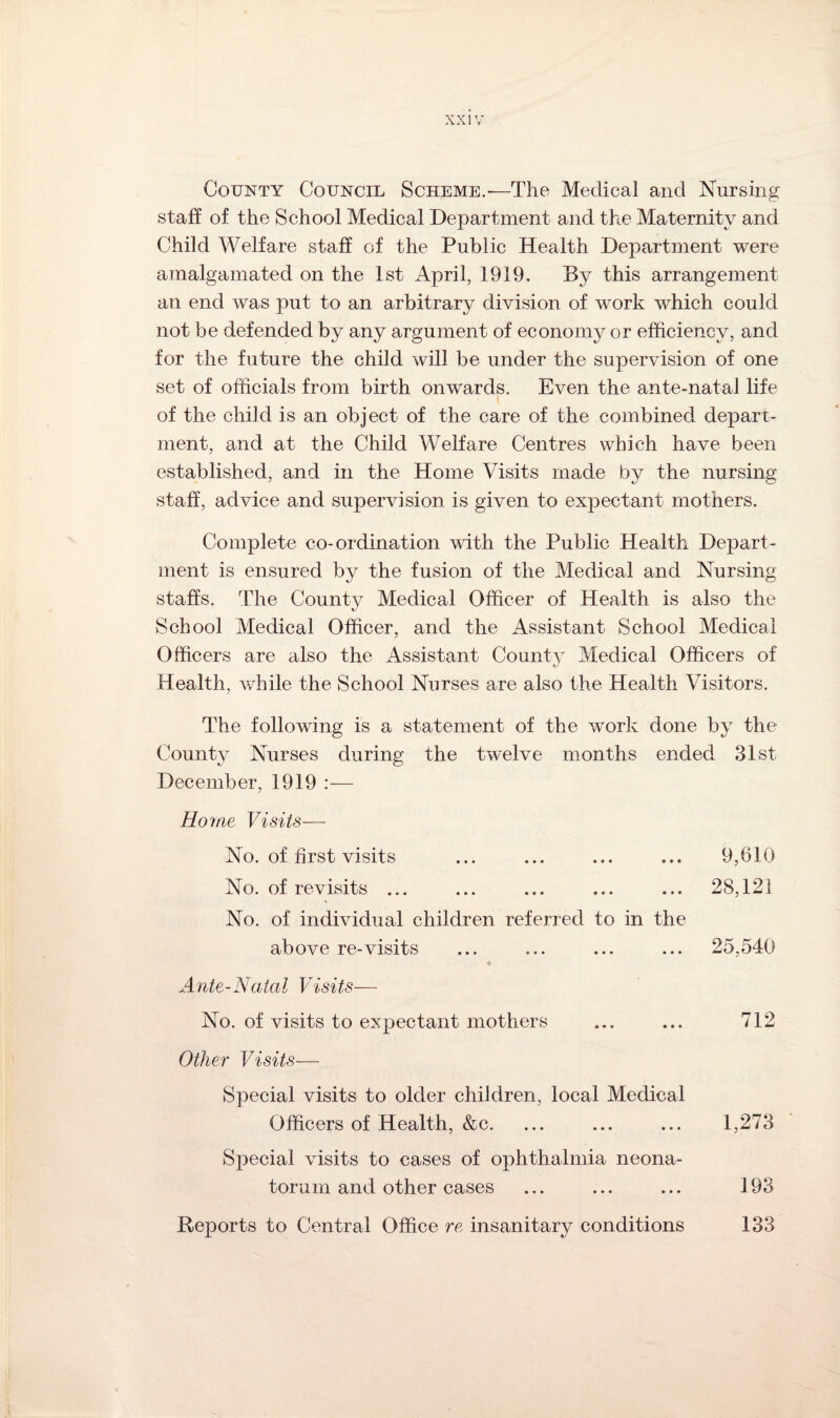 County Council Scheme.-—The Medical and Nursing staff of the School Medical Department and the Maternity and Child Welfare staff of the Public Health Department were amalgamated on the 1st April, 1919. By this arrangement an end was put to an arbitrary division of work which could not be defended by any argument of economy or efficiency, and for the future the child will be under the supervision of one set of officials from birth onwards. Even the ante-natal life of the child is an object of the care of the combined depart¬ ment, and at the Child Welfare Centres which have been established, and in the Home Visits made by the nursing staff, advice and supervision is given to expectant mothers. Complete co-ordination with the Public Health Depart¬ ment is ensured by the fusion of the Medical and Nursing staffs. The County Medical Officer of Health is also the School Medical Officer, and the Assistant School Medical Officers are also the Assistant County Medical Officers of Health, while the School Nurses are also the Health Visitors. The following is a statement of the work done by the County Nurses during the twelve months ended 31st December, 1919 Home Visits— No. of first visits ... ... ... ... 9,610 No. of revisits ... ... ... ... ... 28,121 No. of individual children referred to in the above re-visits ... ... ... ... 25,540 Ante-Natal Visits— No. of visits to expectant mothers ... ... 712 Other Visits-—- Special visits to older children, local Medical Officers of Health, &c. ... ... ... 1,273 Special visits to cases of ophthalmia neona¬ torum and other cases ... ... ... 193 Reports to Central Office re insanitary conditions 133