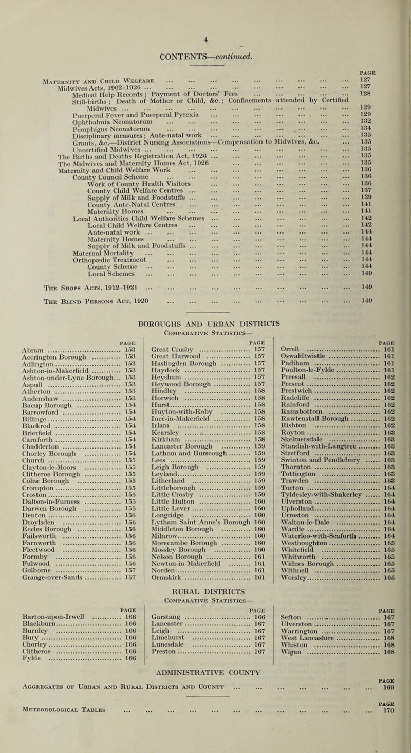 CONTENTS—continued. Maternity and Child Welfare Midwives Acts, 1902-1926 ... Medical Help Records ; Payment of Doctors’ Fees . Still-births ; Death of Mother or Child, &c.; Confinements attended by Certified Midwives ... Puerperal Fever and Puerperal Pyrexia . Ophthalmia Neonatorum . Pemphigus Neonatorum . Disciplinary measures; Ante-natal work ... ... ... ... ... Grants, &c.—District Nursing Associations—Compensation to Midwives, &c. Uncertified Midwives. The Births and Deaths Registration Act, 1926 . The Midwives and Maternity Homes Act, 1926 . Maternity and Child Welfare Work . County Council Scheme . Work of County Health Visitors . County Child Welfare Centres. Supply of Milk and Foodstuffs. County Ante-Natal Centres . Maternity Homes Local Authorities Child Welfare Schemes. Local Child Welfare Centres . Ante-natal work ... Maternity Homes Supply of Milk and Foodstuffs ... Maternal Mortality . Orthopaedic Treatment . County Scheme Local Schemes PAGE 127 127 128 129 129 132 134 135 135 135 135 135 136 136 136 137 139 141 141 142 142 144 144 144 144 144 144 149 The Shops Acts, 1912-1921 149 The Blind Persons Act, 1920 149 BOROUGHS AND URBAN DISTRICTS PAGE Abram . 153 Accrington Borough . 153 Adlington. 153 Ashton-in-Makerfield . 153 Ashton-under-Lyne Borough... 153 Aspull . 153 Atherton . 153 Audenshaw . 153 Bacup Borough . 154 Barrowford . 154 Billinge. 154 Blackrod . 154 Brierfield . 154 Carnforth . 154 Chadderton . 154 Chorley Borough . 154 Church . 155 Clayton-le-Moors . 155 Clitheroe Borough . 155 Colne Borough . 155 Crompton. 155 Croston. 155 Dalton-in-Furness . 155 Darwen Borough . 155 Denton . 156 Droylsden . 156 Eccles Borough . 156 Failsworth . 156 Farn worth . 156 Fleetwood . 156 Formby . 156 Fulwood . 156 Golborne . 157 Grange-over-Sands . 157 PAGE Barton-upon-Irwell . 166 Blackburn. 166 Burnley . 166 Bury . 166 Chorley. 166 Clitheroe . 166 Fylde . 166 Aggregates of Urban and Rural Meteorological Tables Comparative Statistics— PAGE Great Crosby . 157 Great Harwood . 157 Haslingden Borough . 157 Haydock . 157 Heysham . 157 Heywood Borough . 157 Hindley . 158 Horwich . 158 Hurst. 158 Huyton-with-Roby . 158 Ince-in-Makerfield . 158 Irlam . 158 Kearsley .%. 158 Kirkham . 158 Lancaster Borough . 159 Lathom and Burscough. 159 Lees . 159 Leigh Borough . 159 Ley land. 159 Litherland . 159 Littleborough . 159 Little Crosby . 159 Little Hulton . 160 Little Lever. 160 Longridge . 160 Lytham Saint Anne’s Borough 160 Middleton Borough . 160 Milnrow. 160 Morecambe Borough . 160 Mossley Borough . 160 Nelson Borough . 161 Newton-in-Makerfield . 161 Norden . 161 Ormskirk . 161 RURAL DISTRICTS Comparative Statistics— PAGE Garstang . 166 Lancaster. 167 Leigh . 167 Limehurst . 167 Lunesdale . 167 Preston. 167 ADMINISTRATIVE COUNTY Districts and County page Orrell . 161 Oswaldtwistle . 161 Padiham . 161 Poulton-le-Fylde. 161 Preesall . 162 Prescot . 162 Prestwich. 162 Radcliffe . 162 Rainford . 162 Ramsbottom . 162 Rawtenstall Borough. 162 Rishton . 162 Roy ton. 163 Skelmersdale . 163 Standish-with-Langtree. 163 Stretford . 163 Swinton and Pendlebury . 163 Thornton . 163 Tottington . 163 Trawden . 163 Turton . 164 Tyldesley-with-Shakerley . 164 Ulverston. 164 Upholland. 164 Urmston . 164 Walton-le-Dale . 164 Wardle . 164 Waterloo-with-Seaforth. 164 Westhoughton. 165 Whitefield . 165 Whitworth . 165 Widnes Borough. 165 Withnell . 165 Worsley. 165 page Sefton . 167 Ulverston. 167 Warrington . 167 West Lancashire. 168 Whiston . 168 Wigan . 168 page 169 PAGE 170