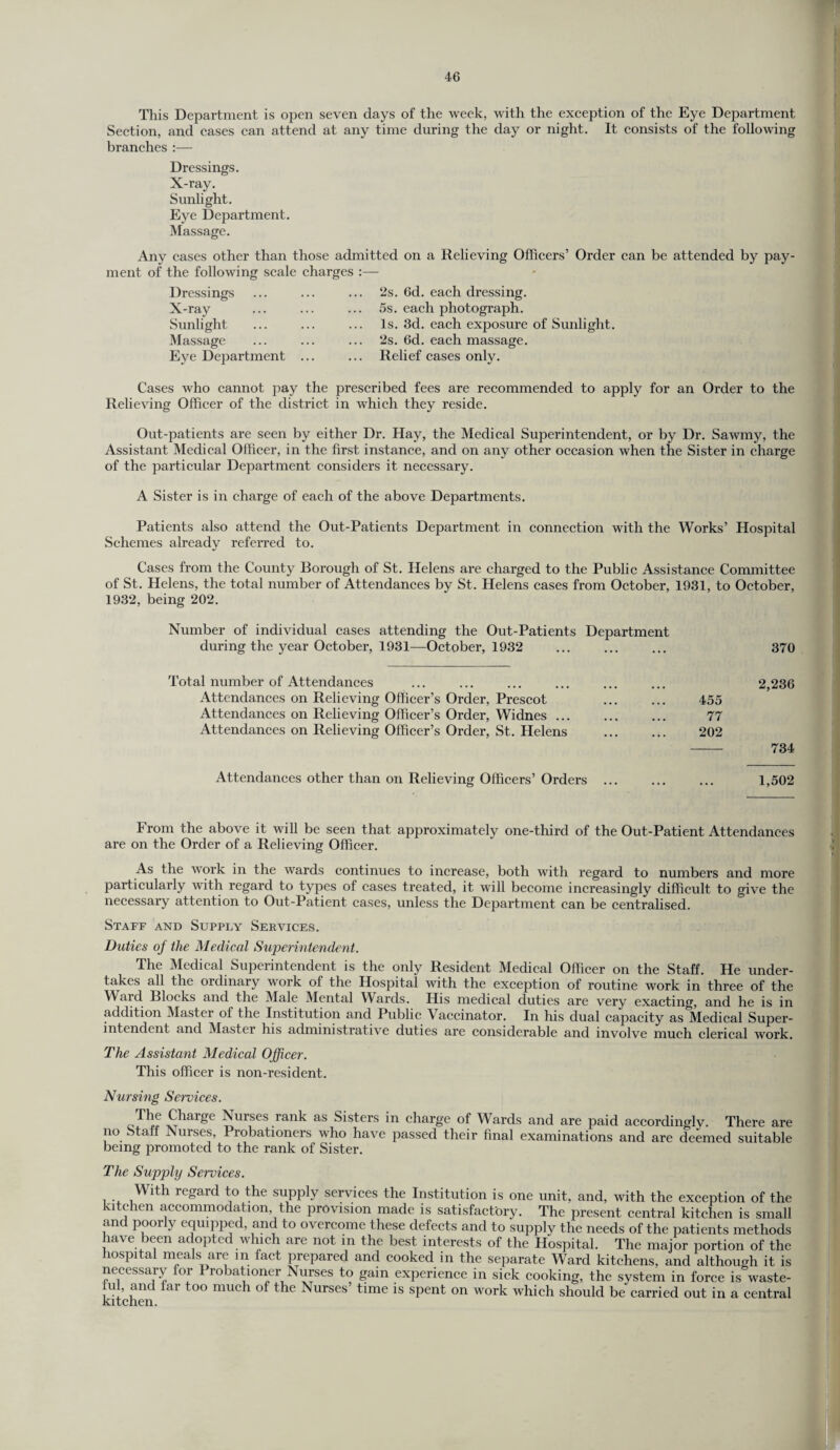 This Department is open seven days of the week, with the exception of the Eye Department Section, and cases can attend at any time during the day or night. It consists of the following branches :— Dressings. X-ray. Sunlight. Eye Department. Massage. Any cases other than those admitted on a Relieving Officers’ Order can be attended by pay¬ ment of the following scale charges :—- Dressings ... ... ... 2s. 6d. each dressing. X-ray ... ... ... 5s. each photograph. Sunlight ... ... ... Is. 3d. each exposure of Sunlight. Massage ... ... ... 2s. 6d. each massage. Eye Department ... ... Relief cases only. Cases who cannot pay the prescribed fees are recommended to apply for an Order to the Relieving Officer of the district in which they reside. Out-patients are seen by either Dr. Hay, the Medical Superintendent, or by Dr. Sawmy, the Assistant Medical Officer, in the first instance, and on any other occasion when the Sister in charge of the particular Department considers it necessary. A Sister is in charge of each of the above Departments. Patients also attend the Out-Patients Department in connection with the Works’ Hospital Schemes already referred to. Cases from the County Borough of St. Helens are charged to the Public Assistance Committee of St. Helens, the total number of Attendances by St. Helens cases from October, 1931, to October, 1932, being 202. Number of individual cases attending the Out-Patients Department during the year October, 1931—October, 1932 ... ... ... 370 Total number of Attendances ... ... ... ... ... ... 2,236 Attendances on Relieving Officer’s Order, Prescot 455 Attendances on Relieving Officer’s Order, Widnes. 77 Attendances on Relieving Officer’s Order, St. Helens . 202 - 734 Attendances other than on Relieving Officers’ Orders. 1,502 Irom the above it will be seen that approximately one-third of the Out-Patient Attendances are on the Order of a Relieving Officer. As the work in the wards continues to increase, both with regard to numbers and more particularly with regard to types of cases treated, it will become increasingly difficult to give the necessary attention to Out-Patient cases, unless the Department can be centralised. Staff and Supply Services. Duties of the Medical Superintendent. The Medical Superintendent is the only Resident Medical Officer on the Staff. He under¬ takes all the ordinary work of the Hospital with the exception of routine work in three of the Ward Blocks and the Male Mental Wards. His medical duties are very exacting, and he is in addition Master of the Institution and Public Vaccinator. In his dual capacity as Medical Super¬ intendent and Master his administrative duties are considerable and involve much clerical work. The Assistant Medical Officer. This officer is non-resident. Nursing Services. Charge Nurses rank as Sisters in charge of Wards and are paid accordinglv. There are no Staff Nurses, Probationers who have passed their final examinations and are deemed suitable being promoted to the rank of Sister. The Supply Services. With regard to the supply services the Institution is one unit, and, with the exception of the kitchen accommodation, the provision made is satisfactory. The present central kitchen is small and poorly equipped, and to overcome these defects and to supply the needs of the patients methods have been adopted which are not in the best interests of the Hospital. The major portion of the hospital meals are in fact prepared and cooked in the separate Ward kitchens, and although it is necessary for 1 robationer Nurses to gain experience in sick cooking, the system in force is waste¬ ful, and far too much of the Nurses’ time is spent on work which should be carried out in a central