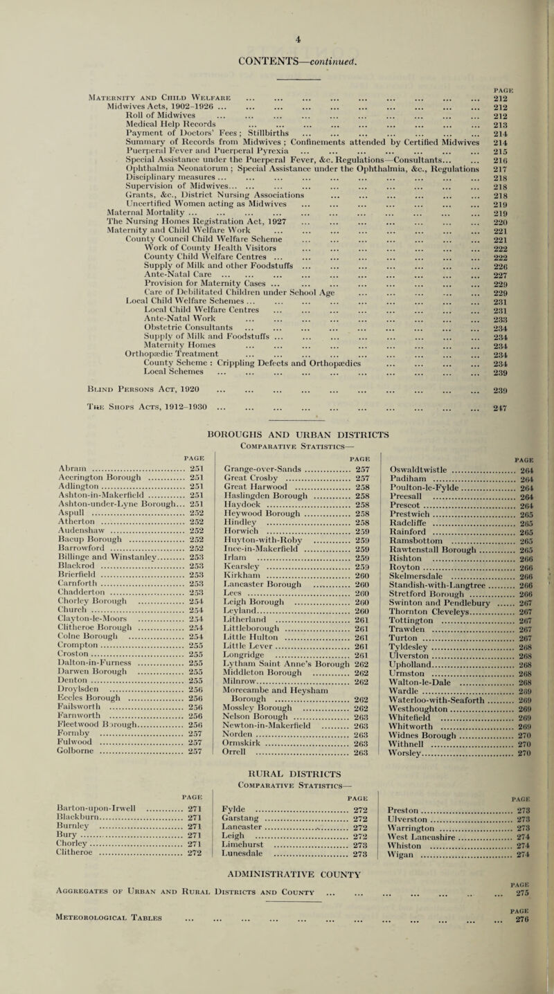 CONTENTS—continued. PAGE Maternity and Child Welfare ... ... ... ... ... ... ... ... ... 212 Midwives Acts, 1902-1926 ... ... ... ... ... ... ... ... ... ... 212 Roll of Midwives ... ... ... ... ... ... ... ... ... ... 212 Medical Help Records ... ... ... ... ... ... ... ... ... 213 Payment of Doctors’ Fees; Stillbirths ... ... ... ... ... ... ... 214 Summary of Records from Midwives ; Confinements attended by Certified Midwives 214 Puerperal Fever and Puerperal Pyrexia ... ... ... ... ... ... ... 215 Special Assistance under the Puerperal Fever, &c. Regulations—Consultants... ... 210 Ophthalmia Neonatorum ; Special Assistance under the Ophthalmia, &c., Regulations 217 Disciplinary measures... ... ... ... ... ... ... ... ... ... 218 Supervision of Midwives. ... ... ... ... ... ... ... ... 218 Grants, &c., District Nursing Associations ... ... ... ... ... ... 218 Uncertified Women acting as Midwives ... ... ... ... ... ... ... 219 Maternal Mortality ... ... ... ... ... ... ... ... ... ... ... 219 The Nursing Homes Registration Act, 1927 ... ... ... ... ... ... ... 220 Maternity and Child Welfare Work ... ... ... ... ... ... ... ... 221 County Council Child Welfare Scheme ... ... ... ... ... ... ... 221 Work of County Health Visitors ... ... ... ... ... ... ... 222 County Child Welfare Centres ... ... ... ... ... ... ... ... 222 Supply of Milk and other Foodstuffs ... ... ... ... ... ... ... 226 Ante-Natal Care . ... ... ... ... ... ... ... ... 227 Provision for Maternity Cases ... ... ... ... ... ... ... ... 229 Care of Debilitated Children under School Age ... ... ... ... ... 229 Local Child Welfare Schemes ... ... ... ... ... ... ... ... ... 231 Local Child Welfare Centres ... ... ... ... ... ... ... ... 231 Ante-Natal Work ... ... ... ... ... ... ... ... ... 233 Obstetric Consultants ... ... ... ... ... ... ... ... ... 234 Supply of Milk and Foodstuffs ... ... ... ... ... ... ... ... 234 Maternity Homes ... ... ... ... ... ... ... ... ... 234 Orthopaedic Treatment ... ... ... ... ... ... ... ... ... 234 County Scheme : Crippling Defects and Orthopaedics ... ... ... ... 234 Local Schemes ... ... ... ... ... ... ... ... ... ... 239 Blind Persons Act, 1920 ... ... ... ... ... ... ... ... ... ... 239 The Shops Acts, 1912-1930 ... ... ... ... ... ... ... ... ... ... 247 TAGE Abram . Accrington Borough . Adlington. Ashton-in-Makerfield . Ashton-under-Lyne Borough... Aspull . Atherton . Audenshaw . Bacup Borough . Barrowford . Billinge and Winstanley. Blackrod . Brierfield . Carnforth . Chadderton . Chorley Borough . Church . Clayton-le-Moors . Clitheroe Borough . Colne Borough . Crompton. Croston. Dalton-in-Furness . Darwen Borough . Denton . Droylsden . Eccles Borough . Failsworth . Farn worth . Fleetwood Borough. Formby . Fulwood . Golborne . 251 251 251 251 251 252 252 252 252 252 253 253 253 253 253 254 254 254 254 254 255 255 255 255 255 256 256 256 256 256 257 257 257 BOROUGHS AND URBAN DISTRICTS Comparative Statistics— PAGE Grange-over-Sands . 257 Great Crosby . 257 Great Harwood . 258 Haslingden Borough . 258 Haydock . 258 Heywood Borough . 258 Hindley . 258 Ilorwich . 259 Huyton-with-Roby . 259 Ince-in-Makerfield . 259 Irlam . 259 Kearsley . 259 Kirkham . 260 Lancaster Borough . 260 Lees . 260 Leigh Borough . 260 Leyland. 260 Litherland . 261 Littleborough . 261 Little Hulton . 261 Little Lever. 261 Longridge . 261 Lytham Saint Anne’s Borough 262 Middleton Borough . 262 Milnrow. 262 Morecambe and Heysham Borough . 262 Mossley Borough . 262 Nelson Borough . 263 Newton-in-Makerfield . 263 Norden . 263 Ormskirk . 263 I Orrell . 263 PAGE Oswaldtwistle . 204 Padiham . 264 Poulton-le-Fylde. 264 Preesall . 264 Prescot . 264 Prestwich. 265 Radcliffe . 265 Rainford . 265 Ramsbottom . 265 Rawtenstall Borough. 265 Rishton . 266 Royton. 266 Skelmersdale . 266 Standish-with-I.angtree. 266 Stretford Borough . 266 Swinton and Pendlebury . 267 Thornton Cleveleys. 267 Tottington . 267 Trawden . 267 Turton . 267 Tyldesley . 268 Ulverston. 268 Upholland. 268 Urmston . 268 Walton-le-Dale . 268 Wardle . 269 Waterloo-with-Seaforth. 269 Westhoughton. 269 Whitefield . 269 Whitworth . 269 Widnes Borough. 270 Withnell . 270 Worsley. 270 RURAL DISTRICTS Comparative Statistics— Barton-upon-Irwell . PAGE . 271 Fylde . PAGE Preston. PAGE . 273 Blackburn. Garstang . Ulverston. . 273 Burnley . Lancaster. Warrington . . 273 Bury . Leigh . West Lancashire. . 274 Chorley. . 271 Limehurst . Whiston . . 274 Clitheroe . . 272 Lunesdale . Wigan . . 274 Aggregates of Urban and Rural ADMINISTRATIVE Districts and County COUNTY PAGE ... 275 Meteorological Tables PAGE ... 276