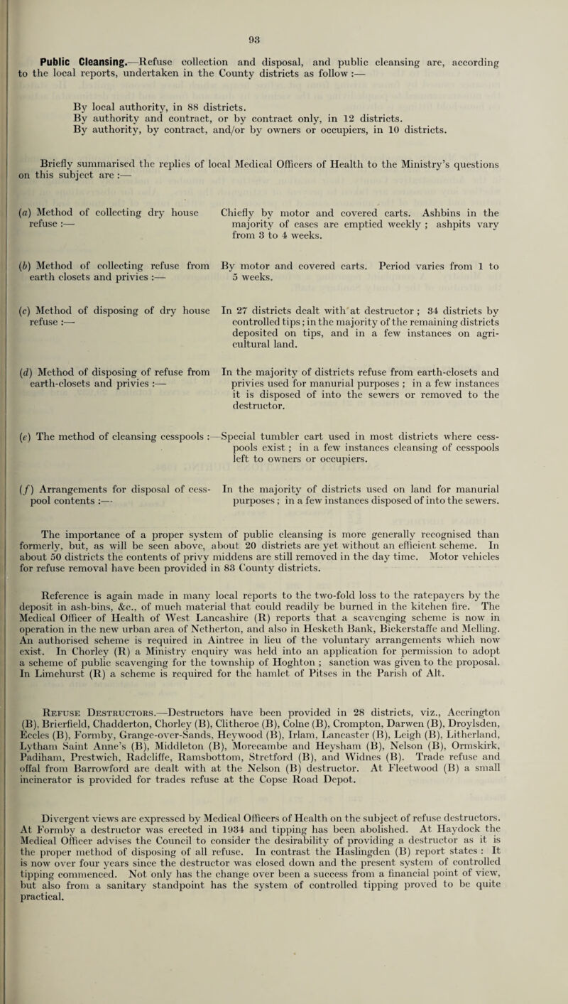 Public Cleansing.—Refuse collection and disposal, and public cleansing are, according to the local reports, undertaken in the County districts as follow :— By local authority, in 88 districts. By authority and contract, or by contract only, in 12 districts. By authority, by contract, and/or by owners or occupiers, in 10 districts. Briefly summarised the replies of local Medical Officers of Health to the Ministry’s questions on this subject are (a) Method of collecting dry house refuse :— Chiefly by motor and covered carts. Ashbins in the majority of cases are emptied weekly ; ashpits vary from 3 to 4 weeks. (b) Method of collecting refuse from earth closets and privies :— By motor and covered carts. Period varies from 1 to 5 weeks. (c) Method of disposing of dry house In 27 districts dealt with at destructor ; 34 districts by refuse :— controlled tips; in the majority of the remaining districts deposited on tips, and in a few instances on agri¬ cultural land. (d) Method of disposing of refuse from earth-closets and privies :— In the majority of districts refuse from earth-closets and privies used for manurial purposes ; in a few instances it is disposed of into the sewers or removed to the destructor. (e) The method of cleansing cesspools : Sjiecial tumbler cart used in most districts where cess¬ pools exist; in a few instances cleansing of cesspools left to owners or occupiers. (/) Arrangements for disposal of cess- In the majority of districts used on land for manurial pool contents :— purposes ; in a few instances disposed of into the sewers. The importance of a proper system of public cleansing is more generally recognised than formerly, but, as will be seen above, about 20 districts are yet without an efficient scheme. In about 50 districts the contents of privy middens are still removed in the day time. Motor vehicles for refuse removal have been provided in 83 County districts. Reference is again made in many local reports to the two-fold loss to the ratepayers by the deposit in ash-bins, &c., of much material that could readily be burned in the kitchen fire. The Medical Officer of Health of West Lancashire (R) reports that a scavenging scheme is now in operation in the new urban area of Netherton, and also in Hesketh Bank, Bickerstaffe and Melling. An authorised scheme is required in Aintree in lieu of the voluntary arrangements which now exist. In Chorley (R) a Ministry enquiry was held into an application for permission to adopt a scheme of public scavenging for the township of Hoghton ; sanction was given to the proposal. In Limehurst (R) a scheme is required for the hamlet of Pitses in the Parish of Alt. Refuse Destructors.—Destructors have been provided in 28 districts, viz., Accrington (B). Brierfield, Chadderton, Chorley (B), Clitheroe (B), Colne (B), Crompton, Darwen (B), Droylsden, Eecles (B), Formby, Grange-over-Sands, Ileywood (B), Irlam. Lancaster (B), Leigh (B), Litherland, Lytham Saint Anne’s (B), Middleton (B), Morecambe and Heysham (B), Nelson (B), Ormskirk, Padiham, Prestwich, Radcliffe, Ramsbottom, Stretford (B), and Widnes (B). Trade refuse and offal from Barrowford are dealt with at the Nelson (B) destructor. At Fleetwood (B) a small incinerator is provided for trades refuse at the Copse Road Depot. Divergent views are expressed by Medical Officers of Health on the subject of refuse destructors. At Formby a destructor was erected in 1934 and tipping has been abolished. At Haydock the Medical Officer advises the Council to consider the desirability of providing a destructor as it is the proper method of disposing of all refuse. In contrast the Haslingden (B) report states : It is now over four years since the destructor was closed down and the present system of controlled tipping commenced. Not only has the change over been a success from a financial point of view, but also from a sanitary standpoint has the system of controlled tipping proved to be quite practical.