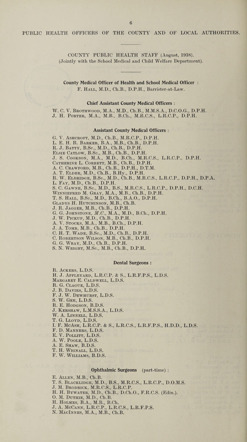 PUBLIC HEALTH OFFICERS OF THE COUNTY AND OF LOCAL AUTHORITIES. COUNTY PUBLIC HEALTH STAFF (August, 1938). (Jointly with the School Medical and Child Welfare Department). County Medical Officer of Health and School Medical Officer : F. Hall, M.D., Ch.B., D.P.H., Barrister-at-Law. Chief Assistant County Medical Officers : W. C. V. Brothwood, M.A., M.D., Ch.B., M.M.S.A., D.C.O.G., D.P.H. J. H. Porter, M.A., M.B., B.Ch., M.R.C.S., L.R.C.P., D.P.H. Assistant County Medical Officers : G. V. Ashcroft, M.D., Ch.B., M.R.C.P., D.P.H. L. E. H. R. Barker, B.A., M.B., Ch.B., D.P.H. R. J. Batty, B.Sc., M.D., Ch.B., D.P.H. Elsie Catlow, B.Sc., M.B., Ch.B., D.P.H. J. S. Cookson, M.A., M.D., B.Ch., M.R.C.S., L.R.C.P., D.P.H. Catherine L. Corbett, M.B., Ch.B., D.P.H. A. C. Crawford, M.B., Ch.B., D.P.H., D.T.M. A. T. Elder, M.D., Ch.B., B.Hy., D.P.H. R. W. Eldridge, B.Sc., M.D., Ch.B., M.R.C.S., L.R.C.P., D.P.H., D.P.A. L. Fay, M.D., Ch.B., D.P.H. S. C. Gawne, B.Sc., M.D., B.S., M.R.C.S., L.R.C.P., D.P.H., D.C.H. Winniefred M. Gray, M.A., M.B., Ch.B., D.P.H. T. S. Hall, B.Sc., M.D., B.Ch., B.A.O., D.P.H. Gladys H. Hutchinson, M.B., Ch.B. J. R. Jagger, M.B., Ch.B., D.P.H. G. G. Johnstone, M.C., M.A., M.D., B.Ch., D.P.H. J. W. Pickup, M.D., Ch.B., D.P.H. A. V. Stocks, M.A., M.B., B.Ch., D.P.H. J. A. Tomb, M.B., Ch.B., D.P.H. C. H. T. Wade, B.Sc., M.D., Ch.B., D.P.H. C. Robertson Wilson, M.B., Ch.B., D.P.H. G. G. Wray, M.D., Ch.B., D.P.H. S. N. Wright, M.Sc., M.B., Ch.B., D.P.H. Dental Surgeons : R. Ackers, L.D.S. H. J. Appleyard, L.R.C.P. & S., L.R.F.P.S., L.D.S. Margaret E. Caldwell, L.D.S. R. G. Clague, L.D.S. J. B. Davies, L.D.S. F. J. W. Dewhurst, L.D.S. S. W. Gee, L.D.S. R. E. Hodgson, B.D.S. J. Kershaw, L.M.S.S.A., L.D.S. W. A. Linnell, L.D.S. T. G. Lloyd, L.D.S. I. F. McAsh, L.R.C.P. & S., L.R.C.S., L.R.F.P.S., H.D.D., L.D.S. F. D. Manners, L.D.S. E. V. Pollitt, L.D.S. A. W. Poole, L.D.S. A. E. Shaw, B.D.S. T. H. Wignall, L.D.S. F. W. Williams, B.D.S. Ophthalmic Surgeons (part-time) : E. Allen, M.B., Ch.B. T. S. Blacklidge, M.D., B.S., M.R.C.S., L.R.C.P., D.O.M.S. J. M. Brodrick. M.R.C.S.. L.R.C.P. H. H. Bywater, M.D., Ch.B., D.Ch.O., F.R.C.S. (Edin.). 0. M. Duthie, M.D., Ch.B. H. Holmes, B.A., M.B., B.Ch. J. A. McCann, L.R.C.P., L.R.C.S., L.R.F.P.S. N. MacInnes, M.A., M.B., Ch.B.