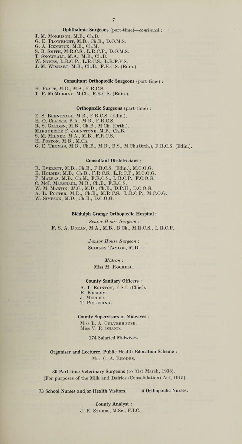 Ophthalmic Surgeons (part-time)—continued : J. M. Morrison, M.B., Ch.B. G. E. Plowright, M.B., Ch.B., D.O.M.S. G. A. Renwick, M.B., Ch.M. S. B. Smith, M.R.C.S., L.R.C.P., D.O.M.S. T. Snowball, M.A., M.B., Ch.B. W. Sykes, L.R.C.P., L.R.C.S., L.R.F.P.S. J. M. Wishart, M.B., Ch.B., F.R.C.S. (Edin.). Consultant Orthopaedic Surgeons (part-time) : H. Platt, M.D., M.S., F.R.C.S. T. P. McMurray, M.Ch., F.R.C.S. (Edin.). Orthopaedic Surgeons (part-time) : E. S. Brentnall, M.B., F.R.C.S. (Edin.). H. O. Clarke, B.A., M.B., F.R.C.S. R. S. Garden, M.B., Ch.B., M.Ch. (Orth.). Marguerite F. Johnstone, M.B., Ch.B. S. M. Milner, M.A., M.B., F.R.C.S. H. Poston, M.B., M.Ch. G. E. Thomas, M.B., Ch.B., M.B., B.S., M.Ch.(Orth.), F.R.C.S. (Edin.). Consultant Obstetricians : R. Everett, M.B., Ch.B., F.R.C.S. (Edin.), M.C.O.G. E. Holmes, M.B., Ch.B., F.R.C.S., L.R.C.P., M.C.O.G. P. Malpas, M.B., Ch.M., F.R.C.S., L.R.C.P., F.C.O.G. C. Mcl. Marshall, M.B., Ch.B., F.R.C.S. W. M. Martin, M.G., M.D., Ch.B., D.P.H., D.C.O.G. A. L. Potter, M.D., Ch.B., M.R.C.S., L.R.C.P., M.C.O.G. W. Simpson, M.D., Ch.B., D.C.O.G. Biddulph Grange Orthopaedic Hospital: Senior House Surgeon : F. S. A. Doran, M.A., M.B., B.Ch., M.R.C.S., L.R.C.P. Junior House Surgeon : Shirley Taylor, M.D. Matron : Miss M. Rochell. County Sanitary Officers : A. T. Eginton, F.S.I. (Chief). R. Keeley. J. Mercer. T. Pickering. County Supervisors of Midwives : Miss L. A. Culverhouse. Miss V. R. Shand. 174 Salaried Midwives. Organiser and Lecturer, Public Health Education Scheme : Miss C. A. Rhodes. 30 Part-time Veterinary Surgeons (to 31st March, 1938). (For purposes of the Milk and Dairies (Consolidation) Act, 1915). 73 School Nurses and/or Health Visitors. 4 Orthopaedic Nurses. County Analyst : J. R. Stubbs, M.Sc., F.I.C.