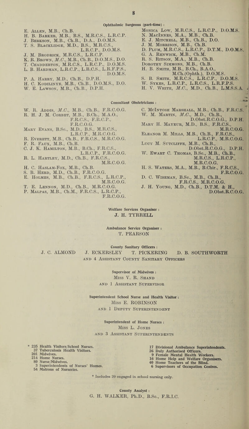 Ophthalmic Surgeons (part-time) : E. Allen, M.B., Ch.B. H. B. Barker, M.B., B.S., M.R.C.S., L.R.C.P. J. Berkson, M.B., Ch.B., D.A., D.O.M.S. T. S. Blacklidge, M.D., B.S., M.R.C.S., L.R.C.P., D.O.M.S. J. M. Brodrick, M.R.C.S., L.R.C.P. K. R. Brown, M.C., M.B., Ch.B., D.O.M.S., D.O. T. Chadderton, M.R.C.S., L.R.C.P., D.O.M.S. L. B. Hardman, L.R.C.P., L.R.C.S., L.R.F.P.S., D.O.M.S. P. A. Harry, M.D., Ch.B., D.P.H. H. C. Kodilinye, M.B., Ch.B., D.O.M.S., D.O. W. E. Lawson, M.B., Ch.B., D.P.H. Monica Low, M.R.C.S., L.R.C.P., D.O.M.S. N. MacInnes, M.A., M.B., Ch.B. E. J. Mitchell, M.B., Ch.B., D.O. J. M. Morrison, M.B., Ch.B. D. Plum, M.R.C.S., L.R.C.P., D.T.M., D.O.M.S. G. A. Renwick, M.B., Ch.M. R. S. Ritson, M.A., M.B., Ch.B. Dorothy Simmons, M.B., Ch.B. H. B. Smith, M.B., B.Ch., B.A.O., M.Ch.(Ophth-), D.O.M.S. S. B. Smith, M.R.C.S., L.R.C.P., D.O.M.S. W. Sykes, L.R.C.P., L.R.C.S., L.R.F.P.S. H. V. White, M.G., M.D., Ch.B., L.M.S.S.A. . Consultant Obstetricians : W. R. Addis, M.C., M.B., Ch.B., F.R.C.O.G. R. H. J. M. Corbet, M.B., B.Ch., M.A.O., F.R.C.S., F.R.C.P., F R C O G Mary Evans, B.Sc., M.D., B.S., M.R.C.S., L.R.C.P., M.R.C.O.G. R. Everett, M.B., Ch.B., F.R.C.S., M.R.C.O.G. F. R. Faux, M.B., Ch.B. C. J. K. Hamilton, M.B., B.Ch., F.R.C.S., L.R.C.P., F.R.C.O.G. R. L. Hartley, M.D., Ch.B., F.R.C.S., M.R.C.O.G. H. C. Haslam-Fox, M.B., Ch.B. S. B. Herd, M.D., Ch.B., F.R.C.O.G. E. Holmes, M.B., Ch.B., F.R.C.S., L.R.C.P., M.R.C.O.G. T. E. Lennon, M.D., Ch.B., M.R.C.O.G. P. Malpas, M.B., Ch.M., F.R.C.S., L.R.C.P., F.R.C.O.G. C. McIntosh Marshall, M.B., Ch.B., F.R.C.S. W. M. Martin, M.G., M.D., Ch.B., D.Obst.R.C.O.G., D.P.H. Mary H. Mayeur, M.D., B.S., F.R.C.S., M.R.C.O.G. Eleanor M. Mills, M.B., Ch.B., F.R.C.S., L.R.C.P., M.R.C.O.G. Lucy M. Sutcliffe, M.B., Ch.B., D.Obst.R.C.O.G., D.P.H. W. Ewart C. Thomas, B.Sc., M.B., Ch.B., M.R.C.S., L.R.C.P.. M.R.C.O.G. H. S. Waters, M.A., M.B., B.Chir., F.R.C.S., F R C 0 G D. C. Wiseman, B.Sc., M.B., Ch.B., F.R.C.S., M.R.C.O.G. J. H. Young, M.D., Ch.B., D.T.M. & H., D.Obst.R.C.O.G. Welfare Services Organiser : J. H. TYRRELL Ambulance Service Organiser : T. PEARSON County Sanitary Officers : J. C. ALMOND J. ECKERSLEY T. PICKERING D. B. SOUTHWORTH and 4 Assistant County Sanitary Officers Supervisor of Midwives : Miss V. R. Shand and 1 Assistant Supervisor Superintendent School Nurse and Health Visitor : Miss E. ROBINSON and 1 Deputy Superintendent Superintendent of Home Nurses : Miss L. Jones and 3 Assistant Superintendents * 235 Health Visitors/School Nurses. 37 Tuberculosis Health Visitors. 201 Midwives. 214 Home Nurses. 80 Nurse/Midwives. 3 Superintendents of Nurses’ Homes. 54 Matrons of Nurseries. 17 Divisional Ambulance Superintendents. 26 Duly Authorised Officers. 9 Female Mental Health Workers. 16 Home Help and Welfare Organisers. 40 Home Teachers of the Blind. 6 Supervisors of Occupation Centres. * Includes 20 engaged in school nursing only. County Analyst : G. H. WALKER, Ph.D., B.Sc., F.R.I.C.