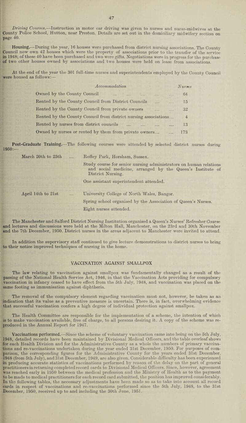 Driving Courses.—Instruction in motor car driving was given to nurses and nurse-midwives at the County Police School, Hutton, near Preston. Details are set out in the domiciliary midwifery section on page 40. Housing,—During the year, 16 houses were purchased from district nursing associations. The County Council now own 42 houses which were the property of associations prior to the transfer of the service in 1948; of these 40 have been purchased and two were gifts. Negotiations were in progress for the purchase of two other houses owned by associations and two houses were held on lease from associations. At the end of the year the 301 full-time nurses and superintendents employed by the County Council were housed as follows:— Accommodation Nurses I Owned by the County Council . 64 Rented by the County Council from District Councils . 15 Rented by the Co.unty Council from private owners . 32 Rented by the County Council from district nursing associations. 4 Rented by nurses from district councils . . . . 13 Owned by nurses or rented by them from private owners. 173 Post-Graduate Training.—The following courses were attended by selected district nurses during 1950:— March 20th to 25th . Roffey Park, Horsham, Sussex. Study course for senior nursing administrators on human relations and social medicine, arranged by the Queen’s Institute of District Nursing. One assistant superintendent attended. April 14th to 21st . University College of North Wales, Bangor. Spring school organised by the Association of Queen’s Nurses. Eight nurses attended. The Manchester and Salford District Nursing Institution organised a Queen’s Nurses’ Refresher Course and lectures and discussions were held at the Milton Hall, Manchester, on the 23rd and 30th November and the 7th December, 1950. District nurses in the areas adjacent to Manchester were invited to attend. In addition the supervisory staff continued to give lecture demonstrations to district nurses to bring to their notice improved techniques of nursing in the home. VACCINATION AGAINST SMALLPOX The law relating to vaccination against smallpox was fundamentally changed as a result of the passing of the National Health Service Act, 1946, in that the Vaccination Acts providing for compulsory vaccination in infancy ceased to have effect from the 5th July, 1948, and vaccination was placed on the same footing as immunisation against diphtheria. The removal of the compulsory element regarding vaccination must not, however, be taken as an indication that its value as a preventive measure is uncertain. There is, in fact, overwhelming evidence that successful vaccination confers a high degree of individual protection against smallpox. The Health Committee are responsible for the implementation of a scheme, the intention of which is to make vaccination available, free of charge, to all persons desiring it. A copy of the scheme was re¬ produced in the Annual Report for 1947. Vaccinations performed.—Since the scheme of voluntary vaccination came into being on the 5th July, 1948, detailed records have been maintained by Divisional Medical Officers, and the table overleaf shows for each Health Division and for the Administrative County as a whole the numbers of primary vaccina¬ tions and re-vaccinations undertaken during the year ended 31st December, 1950. For purposes of com¬ parison, the corresponding figures for the Administrative County for the years ended 31st December, 1948 (from 5th July), and 31st December, 1949, are also given. Considerable difficulty has been experienced in producing accurate statistics of vaccinations performed by reason of the delay on the part of general practitioners in returning completed record cards to Divisional Medical Officers. Since, however, agreement was reached early in 1950 between the medical profession and the Ministry of Health as to the payment to be made to medical practitioners for each record card submitted, the position has improved considerably. In the following tables, the necessary adjustments have been made so as to take into account all record cards in respect of vaccinations and re-vaccinations performed since the 5th July, 1948, to the 31st December, 1950, received up to and including the 30th June, 1951.