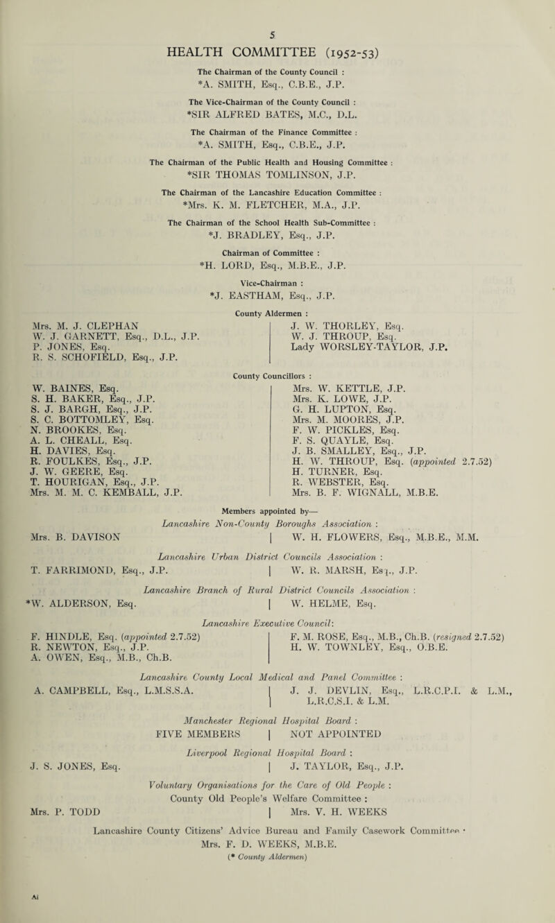 HEALTH COMMITTEE (1952-53) The Chairman of the County Council : *A. SMITH, Esq., C.B.E., J.P. The Vice-Chairman of the County Council : *SIR ALFRED BATES, M.C., D.L. The Chairman of the Finance Committee : *A. SMITH, Esq., C.B.E., J.P. The Chairman of the Public Health and Housing Committee : *SIR THOMAS TOMLINSON, J.P. The Chairman of the Lancashire Education Committee : *Mrs. K. M. FLETCHER, M.A., J.P. The Chairman of the School Health Sub-Committee : *J. BRADLEY, Esq., J.P. Chairman of Committee : *H. LORD, Esq., M.B.E., J.P. Vice-Chairman : *J. EASTHAM, Esq., J.P. Mrs. M. J. CLEPHAN W. J. GARNETT, Esq., D.L., J.P. P. JONES, Esq. R. S. SCHOFIELD, Esq., J.P. County Aldermen : J. W. THORLEY, Esq. W. J. THROUP, Esq. Lady WORSLEY-TAYLOR, J.P. W. BAINES, Esq. S. H. BAKER, Esq., J.P. S. J. BARGH, Esq., J.P. S. C. BOTTOMLEY, Esq. N. BROOKES, Esq. A. L. CHEALL, Esq. H. DAVIES, Esq. R. FOULKES, Esq., J.P. J. W. GEERE, Esq. T. HOURIGAN, Esq., J.P. Mrs. M. M. C. KEMBALL, J.P. County Councillors : Mrs. W. KETTLE, J.P. Mrs. K. LOWE, J.P. G. H. LUPTON, Esq. Mrs. M. MOORES, J.P. F. W. PICKLES, Esq. F. S. QUAYLE, Esq. J. B. SMALLEY, Esq., J.P. H. W. THROUP, Esq. (appointed 2.7.52) H. TURNER, Esq. R. WEBSTER, Esq. Mrs. B. F. WIGNALL, M.B.E. Members appointed by— Lancashire Non-County Boroughs Association : Mrs. B. DAVISON | W. H. FLOWERS, Esq., M.B.E., M.M. Lancashire Urban District Councils Association : T. FARRIMOND, Esq., J.P. | W. R. MARSH, Esq., J.P. Lancashire Branch of Rural District Councils Association : *W. ALDERSON, Esq. | W. HELME, Esq. Lancashire Executive Council: F. HINDLE, Esq. (appointed 2.7.52) R. NEWTON, Esq., J.P. A. OWEN, Esq., M.B., Ch.B. F. M. ROSE, Esq., M.B., Ch.B. (resigned 2.7.52) H. W. TOWNLEY, Esq., O.B.E. Lancashire County Local Medical and Panel Committee : A. CAMPBELL, Esq., L.M.S.S.A. I J. J. DEVLIN, Esq., L.R.C.P.I. & L.M., ] L.R.C.S.I. & L.M. Manchester Regional Hospital Board : FIVE MEMBERS | NOT APPOINTED Liverpool Regional Hospital Board : J. S. JONES, Esq. | J. TAYLOR, Esq., J.P. Voluntary Organisations for the Care of Old People : County Old People’s Welfare Committee : Mrs. P. TODD | Mrs. V. H. WEEKS Lancashire County Citizens’ Advice Bureau and Family Casework Committee • Mrs. F. D. WEEKS, M.B.E. (* County Aldermen) Ai