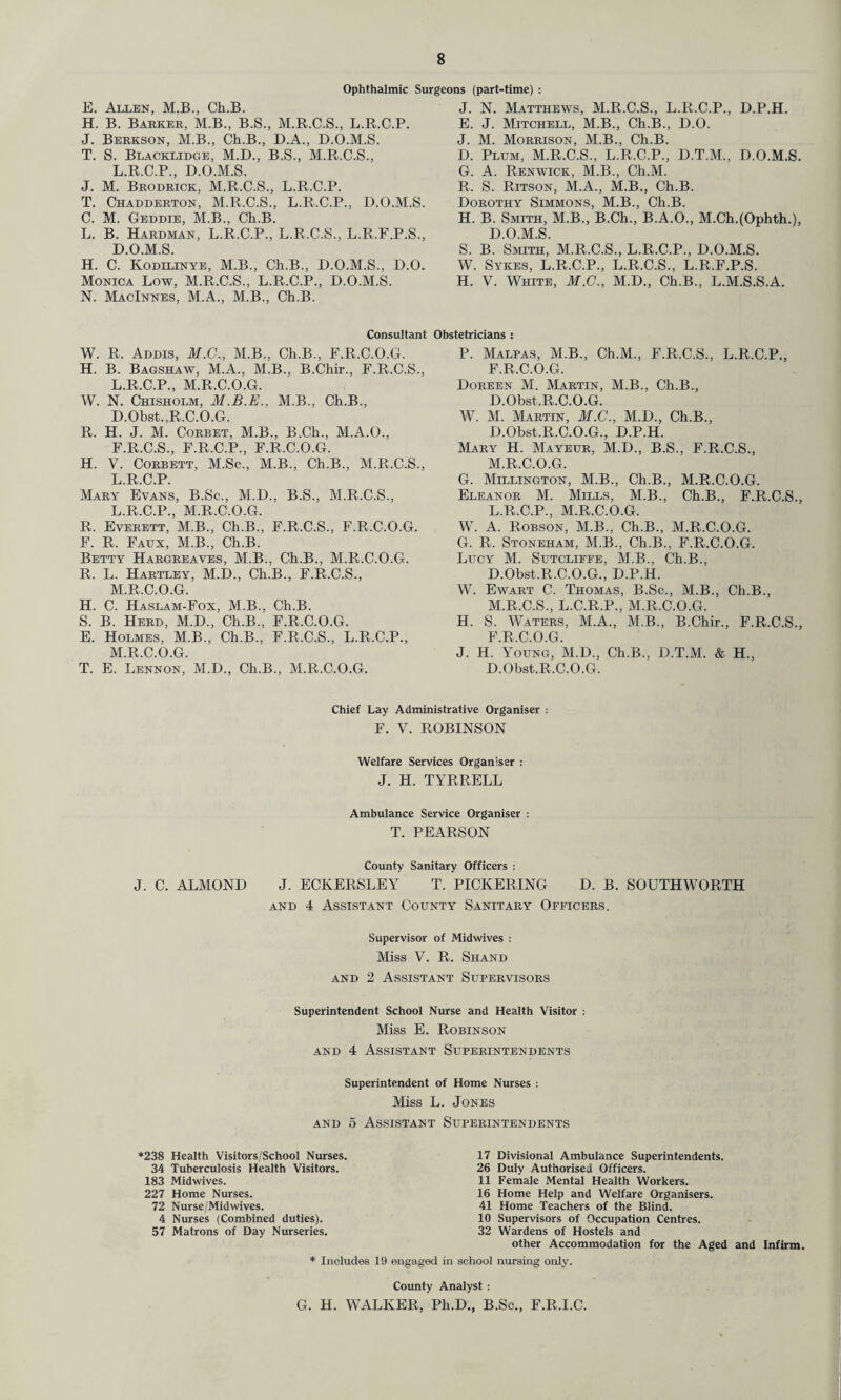 Ophthalmic Surgeons (part-time) : E. Allen, M.B., Ch.B. H. B. Barker, M.B., B.S., M.R.C.S., L.R.C.P. J. Berkson, M.B., Ch.B., D.A., D.O.M.S. T. S. Blacklidge, M.D., B.S., M.R.C.S., L.R.C.P., D.O.M.S. J. M. Brodrick, M.R.C.S., L.R.C.P. T. Chadderton, M.R.C.S., L.R.C.P., D.O.M.S. C. M. Geddie, M.B., Ch.B. L. B. Hardman, L.R.C.P., L.R.C.S., L.R.F.P.S., D.O.M.S. H. C. Kodilinye, M.B., Ch.B., D.O.M.S., D.O. Monica Low, M.R.C.S., L.R.C.P., D.O.M.S. N. MacInnes, M.A., M.B., Ch.B. J. N. Matthews, M.R.C.S., L.R.C.P., D.P.H. E. J. Mitchell, M.B., Ch.B., D.O. J. M. Morrison, M.B., Ch.B. D. Plum, M.R.C.S., L.R.C.P., D.T.M., D.O.M.S. G. A. Renwick, M.B., Ch.M. R. S. Ritson, M.A., M.B., Ch.B. Dorothy Simmons, M.B., Ch.B. H. B. Smith, M.B., B.Ch., B.A.O., M.Ch.(Ophth.), D.O.M.S. S. B. Smith, M.R.C.S., L.R.C.P., D.O.M.S. W. Sykes, L.R.C.P., L.R.C.S., L.R.F.P.S. H. V. White, M.C., M.D., Ch.B., L.M.S.S.A. Consultant Obstetricians : W. R. Addis, M.C., M.B., Ch.B., F.R.C.O.G. H. B. Bagshaw, M.A., M.B., B.Chir., F.R.C.S., L.R.C.P., M.R.C.O.G. W. N. Chisholm, M.B.E., M.B., Ch.B., D.Obst.,R.C.O.G. R. H. J. M. Corbet, M.B., B.Ch., M.A.O., F.R.C.S., F.R.C.P., F.R.C.O.G. H. V. Corbett, M.Sc., M.B., Ch.B., M.R.C.S., L R C P Mary Evans, B.Sc., M.D., B.S., M.R.C.S., L. R.C.P., M.R.C.O.G. R. Everett, M.B., Ch.B., F.R.C.S., F.R.C.O.G. F. R. Faux, M.B., Ch.B. Betty Hargreaves, M.B., Ch.B., M.R.C.O.G. R. L. Hartley, M.D., Ch.B., F.R.C.S., M. R.C.O.G. H. C. Haslam-Fox, M.B., Ch.B. S. B. Herd, M.D., Ch.B., F.R.C.O.G. E. Holmes, M.B., Ch.B., F.R.C.S., L.R.C.P., M.R.C.O.G. T. E. Lennon, M.D., Ch.B., M.R.C.O.G. P. Malpas, M.B., Ch.M., F.R.C.S., L.R.C.P., F.R.C.O.G. Doreen M. Martin, M.B., Ch.B., D.Obst.R.C.O.G. W. M. Martin, M.C., M.D., Ch.B., D.Obst.R.C.O.G., D.P.H. Mary H. Mayeur, M.D., B.S., F.R.C.S., M.R.C.O.G. G. Millington, M.B., Ch.B., M.R.C.O.G. Eleanor M. Mills, M.B., Ch.B., F.R.C.S., L. R.C.P., M.R.C.O.G. W. A. Robson, M.B., Ch.B., M.R.C.O.G. G. R. Stoneham, M.B., Ch.B., F.R.C.O.G. Lucy M. Sutcliffe, M.B., Ch.B., D.Obst.R.C.O.G., D.P.H. W. Ewart C. Thomas, B.Sc., M.B., Ch.B., M. R.C.S., L.C.R.P., M.R.C.O.G. H. S. Waters, M.A., M.B., B.Chir., F.R.C.S., F.R.C.O.G. J. H. Young, M.D., Ch.B., D.T.M. & H., D.Obst.R.C.O.G. Chief Lay Administrative Organiser : F. V. ROBINSON Welfare Services Organiser : J. H. TYRRELL Ambulance Service Organiser : T. PEARSON County Sanitary Officers : J. C. ALMOND J. ECKERSLEY T. PICKERING D. B. SOUTHWORTH and 4 Assistant County Sanitary Officers. Supervisor of Midwives : Miss V. R. Shand and 2 Assistant Supervisors Superintendent School Nurse and Health Visitor : Miss E. Robinson and 4 Assistant Superintendents Superintendent of Home Nurses : Miss L. Jones and 5 Assistant Superintendents *238 Health Visitors/School Nurses. 34 Tuberculosis Health Visitors. 183 Midwives. 227 Home Nurses. 72 Nurse/Midwives. 4 Nurses (Combined duties). 57 Matrons of Day Nurseries. * Includes 19 engaged in 17 Divisional Ambulance Superintendents. 26 Duly Authorised Officers. 11 Female Mental Health Workers. 16 Home Help and Welfare Organisers. 41 Home Teachers of the Blind. 10 Supervisors of Occupation Centres. 32 Wardens of Hostels and other Accommodation for the Aged and Infirm, ool nursing only. County Analyst : G. H. WALKER, Ph.D., B.Sc., F.R.I.C.