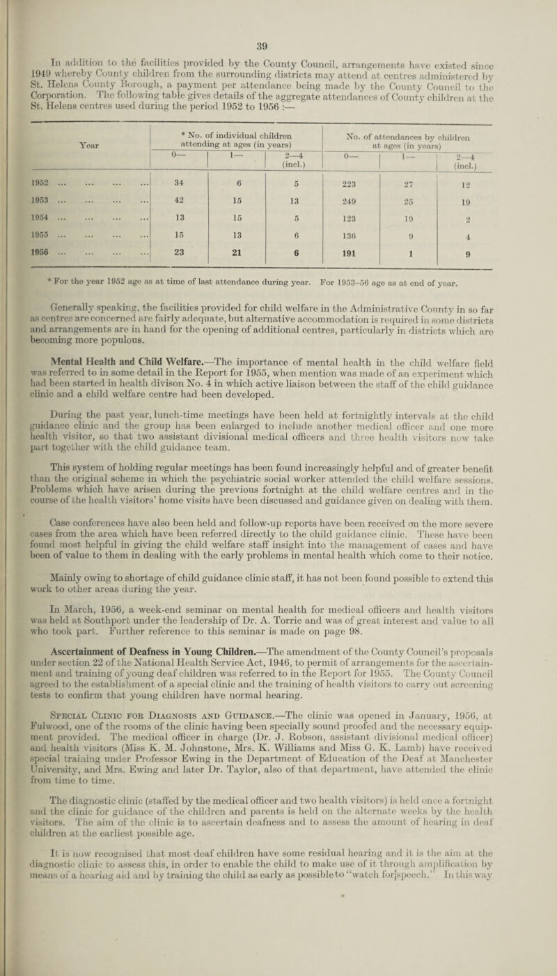 In addition to the facilities provided by the County Council, arrangements have existed since 1949 whereby County children from the surrounding districts may attend at centres administered by St. Helens County Borough, a payment per attendance being made by the County Council to the Corporation. The following table gives details of the aggregate attendances of County children at the St. Helens centres used during the period 1952 to 1956 :— Year * No. of individual children attending at ages (in years) No. of attendances by children at ages (in years) 0— 1— 2—4 (incl.) 0— 1— 2—4 (incl.) 1952 . 34 6 5 223 27 12 1953 . 42 15 13 249 25 19 1954 . 13 15 5 123 19 2 1955 . 15 13 6 136 9 4 1956 . 23 21 6 191 1 9 * For the year 1952 age as at time of last attendance during year. For 1953-56 age as at end of year. Generally speaking, the facilities provided for child welfare in the Administrative County in so far as centres are concerned are fairly adequate, but alternative accommodation is required in some districts and arrangements are in hand for the opening of additional centres, particularly in districts which are becoming more populous. Mental Health and Child Welfare.—The importance of mental health in the child welfare field was referred to in some detail in the Report for 1955, when mention was made of an experiment which had been started in health divison No. 4 in which active liaison between the staff of the child guidance clinic and a child welfare centre had been developed. During the past year, lunch-time meetings have been held at fortnightly intervals at the child guidance clinic and the group has been enlarged to include another medical officer and one more health visitor, so that two assistant divisional medical officers and three health visitors now take part together with the child guidance team. This system of holding regular meetings has been found increasingly helpful and of greater benefit than the original scheme in which the psychiatric social worker attended the child welfare sessions. Problems which have arisen during the previous fortnight at the child welfare centres and in the course of the health visitors’ home visits have been discussed and guidance given on dealing with them. Case conferences have also been held and follow-up reports have been received on the more severe cases from the area which have been referred directly to the child guidance clinic. These have been found most helpful in giving the child welfare staff insight into the management of cases and have been of value to them in dealing with the early problems in mental health which come to their notice. Mainly owing to shortage of child guidance clinic staff, it has not been found possible to extend this work to other areas during the year. In March, 1956, a week-end seminar on mental health for medical officers and health visitors was held at Southport under the leadership of Dr. A. Torrie and was of great inter est and value to all who took part. Further reference to this seminar is made on page 98. Ascertainment of Deafness in Young Children.—The amendment of the County Council’s proposals under section 22 of the National Health Service Act, 1946, to permit of arrangement s for the ascertain¬ ment and training of young deaf children was referred to in the Report for 1955. The County Council agreed to the establishment of a special clinic and the training of health visitors to carry out screening tests to confirm that young children have normal hearing. Special Clinic fob Diagnosis and Guidance.—The clinic was opened in January, 1956, at Fulwood, one of the rooms of the clinic having been specially sound proofed and the necessary equip¬ ment provided. The medical officer in charge (Dr. J. Robson, assistant divisional medical officer) and health visitors (Miss K. M. Johnstone, Mrs. K. Williams and Miss G. K. Lamb) have received special training under Professor Ewing in the Department of Education of the Deaf at Manchester University, and Mrs. Ewing and later Dr. Taylor, also of that department, have attended the clinic from time to time. The diagnostic clinic (staffed by the medical officer and two health visitors) is held once a fortnight and the clinic for guidance of the children and parents is held on the alternate weeks by the health visitors. The aim of the clinic is to ascertain deafness and to assess the amount of hearing in deaf children at the earliest possible age. It is now recognised that most deaf children have some residual hearing and it is the aim at the diagnostic clinic to assess tliis, in order to enable the child to make use of it through amplification by means of a hearing aid and by training the child as early as possibleto “watch forjspeech.” In this way