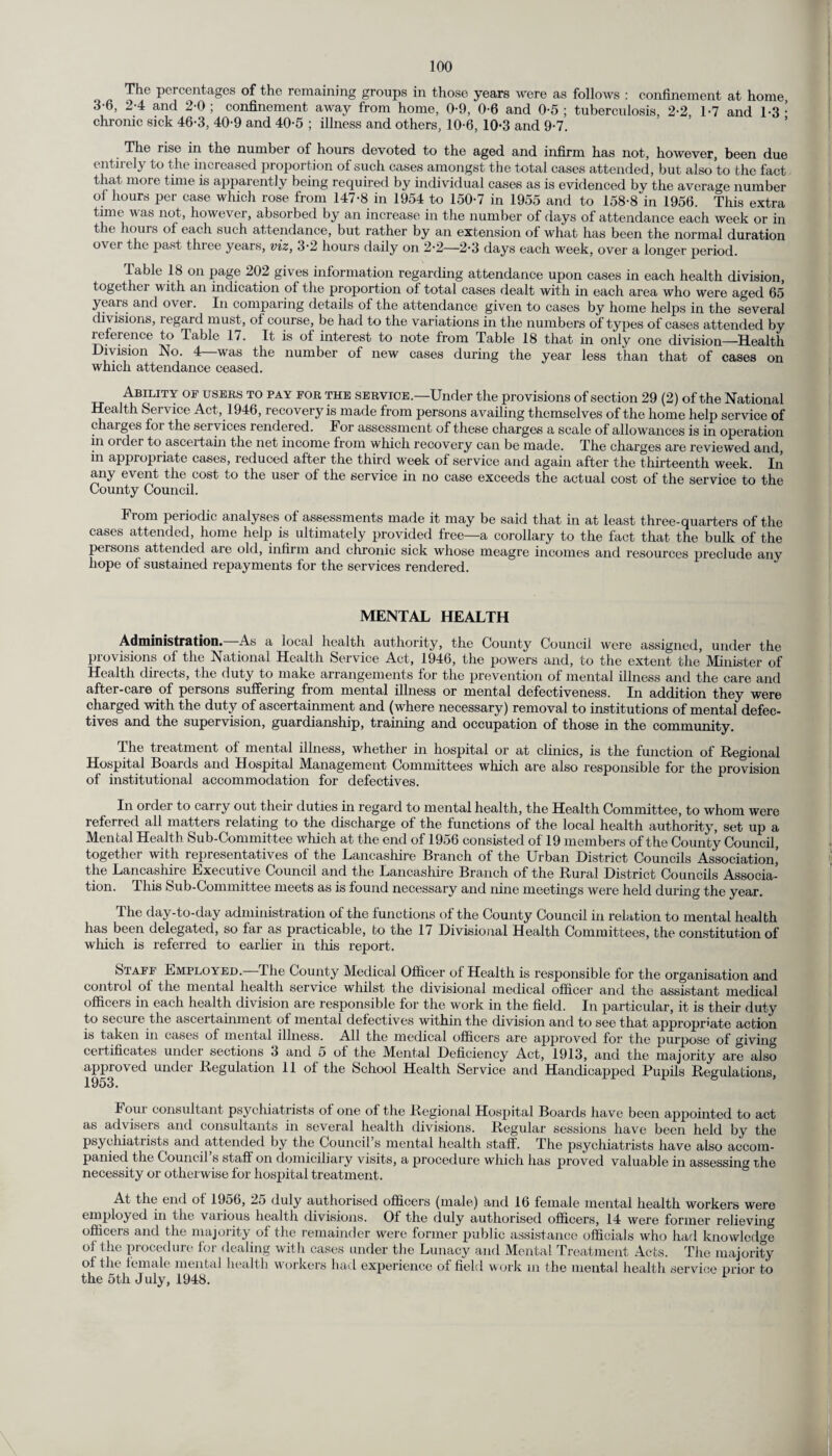 The percentages of the remaining groups in those years were as follows : confinement at home, 3-6, 2-4 and 2-0 ; confinement away from home, 0-9, 0-6 and 0-5 ; tuberculosis, 2-2 1-7 and 1-3 • chronic sick 46-3, 40-9 and 40-5 ; illness and others, 10-6, 10-3 and 9-7. The rise in the number of hours devoted to the aged and infirm has not, however, been due entirely to the increased proportion of such cases amongst the total cases attended, but also to the fact that more time is apparently being required by individual cases as is evidenced by the average number of hours per case which rose from 147-8 in 1954 to 150-7 in 1955 and to 158-8 in 1956. This extra time was not, however, absoi'bed by an increase in the number of days of attendance each week or in the hours of each such attendance, but rather by an extension of what has been the normal duration ovti the past three years, viz, 3-2 hours daily on 2-2—2-3 days each week, over a longer period. Table 18 on page 202 gives information regarding attendance upon cases in each health division, together with an indication of the proportion of total cases dealt with in each area who were aged 65 years and over. In comparing details of the attendance given to cases by home helps in the several divisions, regard must, of course, be had to the variations in the numbers of types of cases attended by reference to Table 17. It is of interest to note from Table 18 that in only one division—Health Division Ho. 4—was the number of new cases during the year less than that of cases on which attendance ceased. Ability of users to pay for the service.—Under the provisions of section 29 (2) of the National Health Service Act, 1946, recovery is made from persons availing themselves of the home help service of charges for the services rendered. For assessment of these charges a scale of allowances is in operation in order to ascertain the net income from which recovery can be made. The charges are reviewed and, in appropriate cases, reduced after the third week of service and again after the thirteenth week. In any event the cost to the user of the service in no case exceeds the actual cost of the service to the County Council. From periodic analyses of assessments made it may be said that in at least three-quarters of the cases attended, home help is ultimately provided free—a corollary to the fact that the bulk of the persons attended are old, infirm and chronic sick whose meagre incomes and resources preclude any hope of sustained repayments for the services rendered. MENTAL HEALTH Administration. -As a local health authority, the County Council were assigned, under the provisions of the National Health Service Act, 1946, the powers and, to the extent the Minister of Health directs, the duty to make arrangements for the prevention of mental illness and the care and after-care of persons suffering from mental illness or mental defectiveness. In addition they were charged with the duty of ascertainment and (where necessary) removal to institutions of mental defec¬ tives and the supervision, guardianship, training and occupation of those in the community. The treatment of mental illness, whether in hospital or at clinics, is the function of Regional Hospital Boards and Hospital Management Committees which are also responsible for the provision of institutional accommodation for defectives. In order to carry out their duties in regard to mental health, the Health Committee, to whom were referred all matters relating to the discharge of the functions of the local health authority, set up a Mental Health Sub-Committee which at the end of 1956 consisted of 19 members of the County Council, together with representatives of the Lancashire Branch of the Urban District Councils Association^ the Lancashire Executive Council and the Lancashire Branch of the Rural District Councils Associa¬ tion. This Sub-Committee meets as is found necessary and nine meetings were held during the year. I he day-to-day administration of the functions of the County Council in relation to mental health has been delegated, so far as practicable, to the 17 Divisional Health Committees, the constitution of which is referred to earlier in this report. Staff Employed.—-The County Medical Officer of Health is responsible for the organisation and control of the mental health service whilst the divisional medical officer and the assistant medical officers in each health division are responsible for the work in the field. In particular, it is their duty to secure the ascertainment of mental defectives within the division and to see that appropriate action is taken in cases of mental illness. All the medical officers are approved for the purpose of giving certificates under sections 3 and 5 of the Mental Deficiency Act, 1913, and the majority are also approved under Regulation 11 of the School Health Service and Handicapped Pupils Regulations, 1953. lour consultant psychiatrists of one of the Regional Hospital Boards have been appointed to act as advisers ami consultants in several health divisions. Regular sessions have been held by the psychiatrists anti attended by the Council s mental health staff. The psychiatrists have also accom¬ panied the Council s staff on domiciliary visits, a procedure which has proved valuable in assessing ihe necessity or otherwise for hospital treatment. At the end of 1956, 25 duly authorised officers (male) anti 16 female mental health workers were employed in the various health divisions. Of the duly authorised officers, 14 were former relieving officers and the majority of the remainder were former public assistance officials who had knowledge of the procedure for dealing with cases under the Lunacy and Mental Treatment Acts. The majority of the female mental health workers had experience of field work in the mental health service prior to the 5th July, 1948. ^