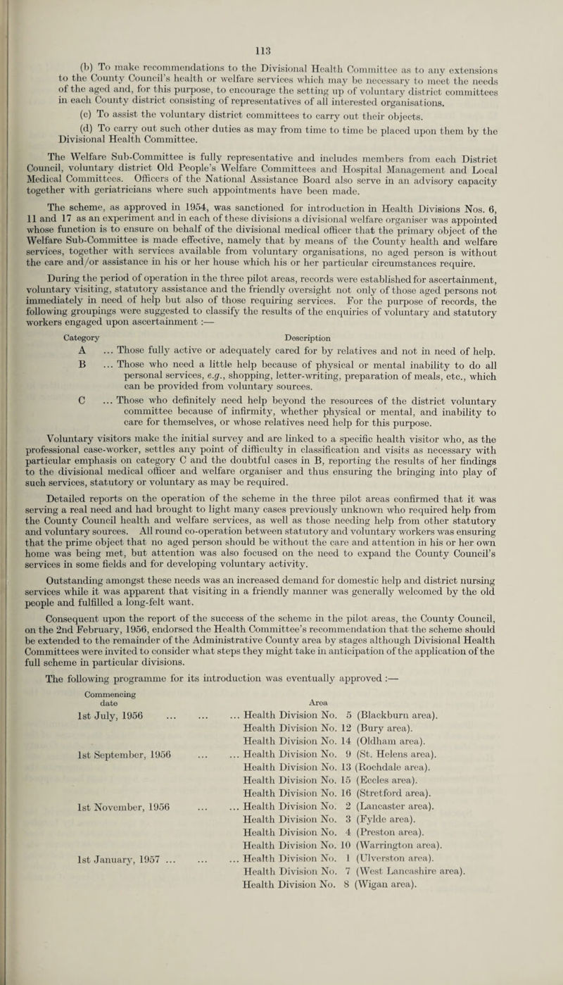 (b) To make recommendations to the Divisional Health Committee as to any extensions to the County Council s health or welfare services which may be necessary to meet the needs of the aged and, for this purpose, to encourage the setting up of voluntary district committees in each County district consisting of representatives of all interested organisations. (c) To assist the voluntary district committees to carry out their objects. (d) To carry out such other duties as may from time to time be placed upon them by the Divisional Health Committee. The Welfare Sub-Committee is fully representative and includes members from each District Council, voluntary district Old People’s Welfare Committees and Hospital Management and Local Medical Committees. Officers of the National Assistance Board also serve in an advisory capacity together with geriatricians where such appointments have been made. The scheme, as approved in 1954, was sanctioned for introduction in Health Divisions Nos. 6, 11 and 17 as an experiment and in each of these divisions a divisional welfare organiser was appointed whose function is to ensure on behalf of the divisional medical officer that the primary object of the Welfare Sub-Committee is made effective, namely that by means of the County health and welfare services, together with services available from voluntary organisations, no aged person is without the care and/or assistance in his or her house which his or her particular circumstances require. During the period of operation in the three pilot areas, records were established for ascertainment, voluntary visiting, statutory assistance and the friendly oversight not only of those aged persons not immediately in need of help but also of those requiring services. For the purpose of records, the following groupings were suggested to classify the results of the enquiries of voluntary and statutory workers engaged upon ascertainment:— Category Description A ... Those fully active or adequately cared for by relatives and not in need of help. B ... Those who need a little help because of physical or mental inability to do all personal services, e.g., shopping, letter-writing, preparation of meals, etc., which can be provided from voluntary sources. C ... Those who definitely need help beyond the resources of the district voluntary committee because of infirmity, whether physical or mental, and inability to care for themselves, or whose relatives need help for this purpose. Voluntary visitors make the initial survey and are linked to a specific health visitor who, as the professional case-worker, settles any point of difficulty in classification and visits as necessary with particular emphasis on category C and the doubtful cases in B, reporting the results of her findings to the divisional medical officer and welfare organiser and thus ensuring the bringing into play of such services, statutory or voluntary as may be required. Detailed reports on the operation of the scheme in the three pilot areas confirmed that it was serving a real need and had brought to light many cases previously unknown who required help from the County Council health and welfare services, as well as those needing help from other statutory and voluntary sources. All round co-operation between statutory and voluntary workers was ensuring that the prime object that no aged person should be without the care and attention in his or her own home was being met, but attention was also focused on the need to expand the County Council’s services in some fields and for developing voluntary activity. Outstanding amongst these needs was an increased demand for domestic help and district nursing services while it was apparent that visiting in a friendly manner was generally welcomed by the old people and fulfilled a long-felt want. Consequent upon the report of the success of the scheme in the pilot areas, the County Council, on the 2nd February, 1956, endorsed the Health Committee’s recommendation that the scheme should be extended to the remainder of the Administrative County area by stages although Divisional Health Committees were invited to consider what steps they might take in anticipation of the applicat ion of the full scheme in particular divisions. The following programme for its introduction was eventually approved :— Commencing date 1st July, 1956 1st September, 1956 1st November, 1956 1st January, 1957 ... Area Health Division No. Health Division No. Health Division No. Health Division No. Health Division No. Health Division No. Health Division No. Health Division No. Health Division No. Health Division No. Health Division No. Health Division No. Health Division No. Health Division No. 5 (Blackburn area). 12 (Bury area). 14 (Oldham area). 9 (St. Helens area). 13 (Rochdale area). 15 (Eccles area). 16 (Stretford area). 2 (Lancaster area). 3 (Fylde area). 4 (Preston area). 10 (Warrington area). 1 (Ulverston area). 7 (West Lancashire area). 8 (Wigan area).