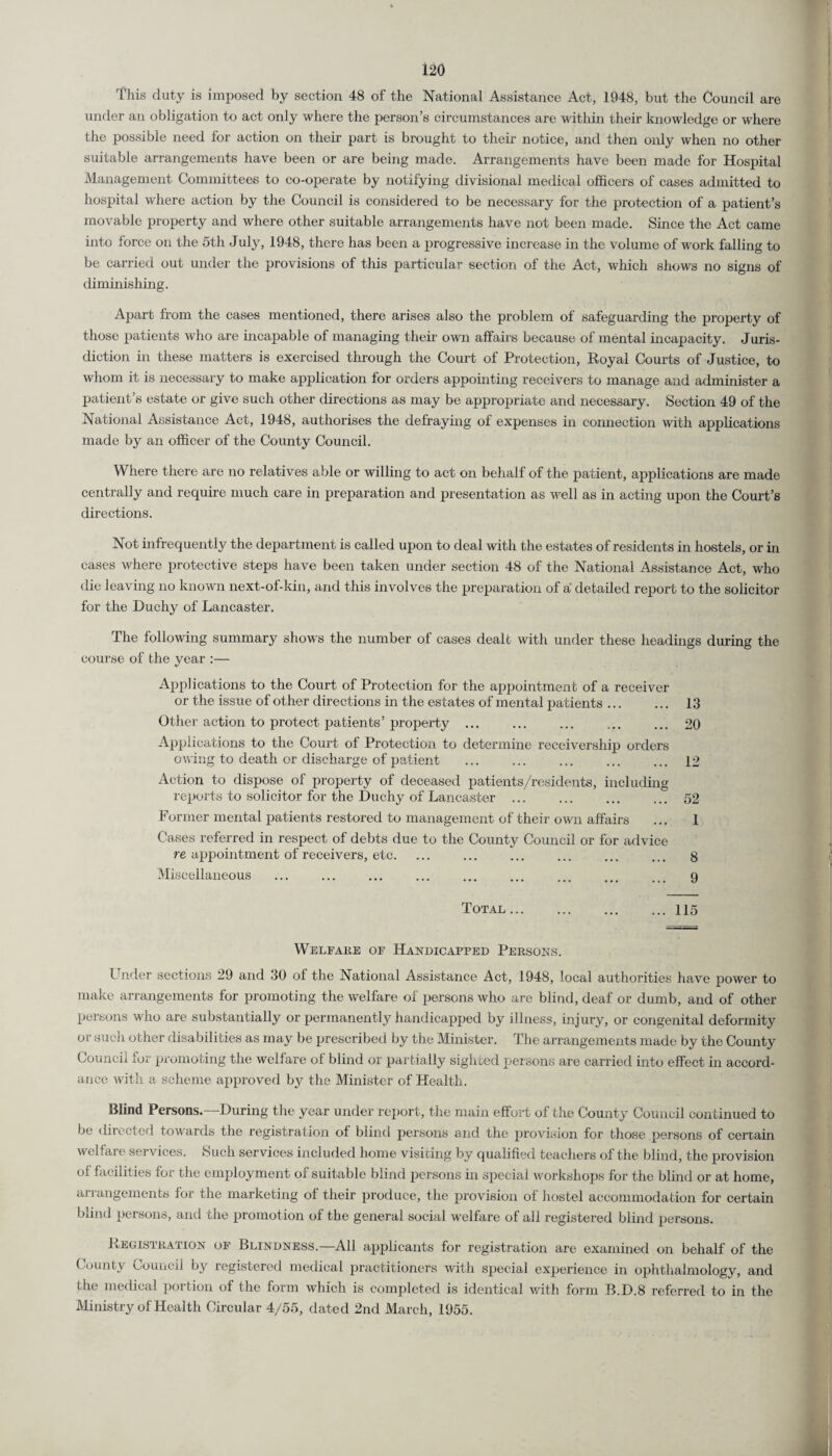 This duty is imposed by section 48 of the National Assistance Act, 1948, but the Council are under an obligation to act only where the person’s circumstances are within their knowledge or where the possible need for action on their part is brought to their notice, and then only when no other suitable arrangements have been or are being made. Arrangements have been made for Hospital Management Committees to co-operate by notifying divisional medical officers of cases admitted to hospital where action by the Council is considered to be necessary for the protection of a patient’s movable property and where other suitable arrangements have not been made. Since the Act came into force on the 5th July, 1948, there has been a progressive increase in the volume of work falling to be carried out under the provisions of this particular section of the Act, which shows no signs of diminishing. Apart from the cases mentioned, there arises also the problem of safeguarding the property of those patients who are incapable of managing their own affairs because of mental incapacity. Juris¬ diction in these matters is exercised through the Court of Protection, Royal Courts of Justice, to whom it is necessary to make application for orders appointing receivers to manage and administer a patient’s estate or give such other directions as may be appropriate and necessary. Section 49 of the National Assistance Act, 1948, authorises the defraying of expenses in connection with applications made by an officer of the County Council. Where there are no relatives able or willing to act on behalf of the patient, applications are made centrally and require much care in preparation and presentation as well as in acting upon the Court’s directions. Not infrequently the department is called upon to deal with the estates of residents in hostels, or in cases where protective steps have been taken under section 48 of the National Assistance Act, who die leaving no known next-of-kin, and this involves the preparation of a detailed report to the solicitor for the Duchy of Lancaster. The following summary shows the number of cases dealt with under these headings during the course of the year :— Applications to the Court of Protection for the appointment of a receiver or the issue of other directions in the es tates of mental patients. 13 Other action to protect patients’ property.20 Applications to the Court of Protection to determine receivership orders owing to death or discharge of patient ... ... ... ... ... 12 Action to dispose of property of deceased patients/residents, including reports to solicitor for the Duchy of Lancaster.52 Former mental patients restored to management of their own affairs ... 1 Cases referred in respect of debts due to the County Council or for advice re appointment of receivers, etc. ... ... ... ... ... ... g Miscellaneous ... ... ... ... ... ... ... ... ... 9 Total.115 Welfare of Handicapped Persons. Under sections 29 and 30 of the National Assistance Act, 1948, local authorities have power to make arrangements for promoting the welfare of persons who are blind, deaf or dumb, and of other persons who are substantially or permanently handicapped by illness, injury, or congenital deformity or such other disabilities as may be prescribed by the Minister. The arrangements made by the County Council for promoting the welfare of blind or partially sighted persons are carried into effect in accord¬ ance with a scheme approved by the Minister of Health. Blind Persons.—During the year under report, the main effort of the County Council continued to be directed towards the registration of blind persons and the provision for those persons of certain welfare ser\ ices. >Such services included home visiting by qualified teachers of the blind, the provision ol facilities for the employment of suitable blind persons in special workshops for the blind or at home, anangements for the marketing of their produce, the provision of hostel accommodation for certain blind persons, and the promotion of the general social welfare of all registered blind persons. Registration of Blindness.—All applicants for registration are examined on behalf of the County Council by registered medical practitioners with special experience in ophthalmology, and the medical portion of the form which is completed is identical with form B.D.8 referred to in the Ministry of Health Circular 4/55, dated 2nd March, 1955. M