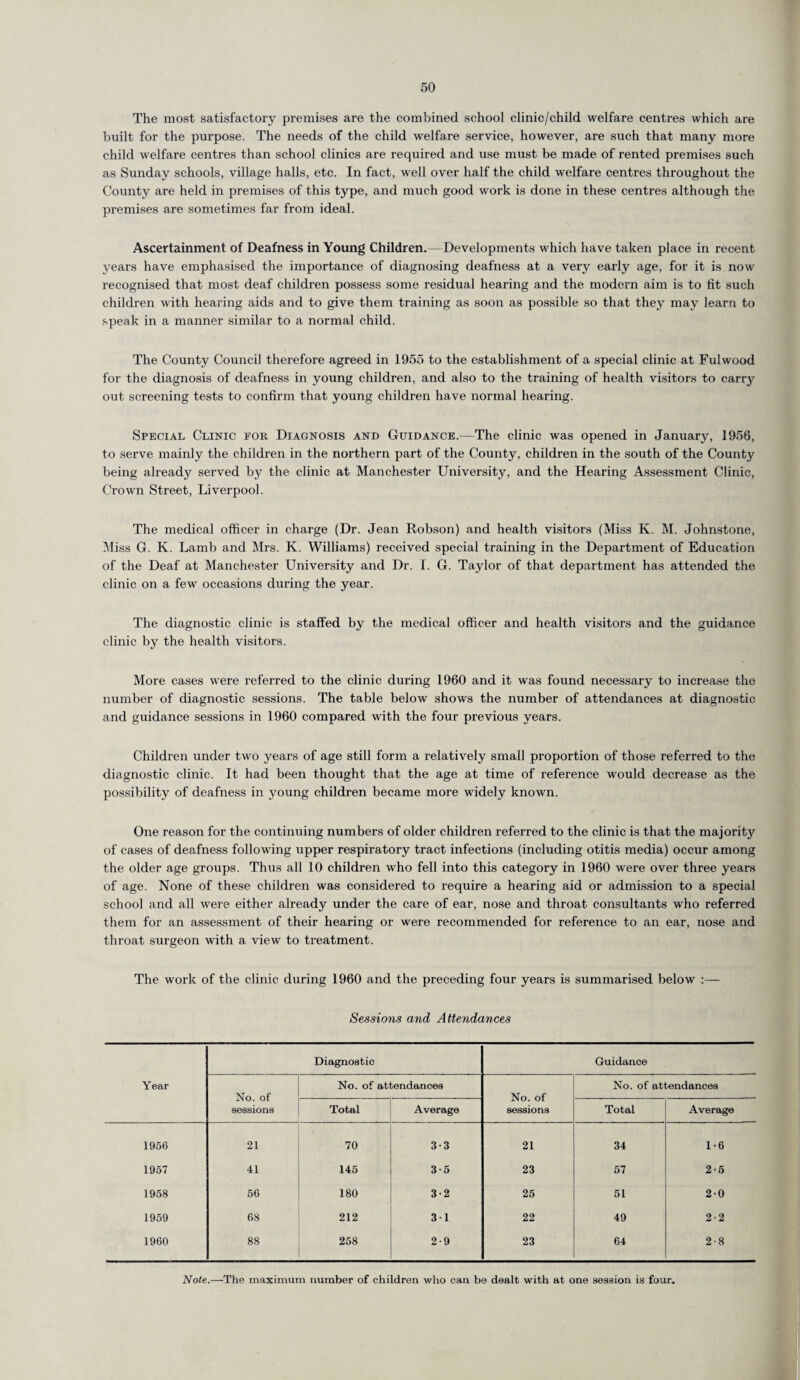 The most satisfactory premises are the combined school clinic/child welfare centres which are built for the purpose. The needs of the child welfare service, however, are such that many more child welfare centres than school clinics are required and use must be made of rented premises such as Sunday schools, village halls, etc. In fact, well over half the child welfare centres throughout the County are held in premises of this type, and much good work is done in these centres although the premises are sometimes far from ideal. Ascertainment of Deafness in Young Children. Developments which have taken place in recent years have emphasised the importance of diagnosing deafness at a very early age, for it is now recognised that most deaf children possess some residual hearing and the modern aim is to fit such children with hearing aids and to give them training as soon as possible so that they may learn to speak in a manner similar to a normal child. The County Council therefore agreed in 1955 to the establishment of a special clinic at Fulwood for the diagnosis of deafness in young children, and also to the training of health visitors to carry out screening tests to confirm that young children have normal hearing. Special Clinic for Diagnosis and Guidance.—The clinic was opened in January, 1956, to serve mainly the children in the northern part of the County, children in the south of the County being already served by the clinic at Manchester University, and the Hearing Assessment Clinic, Crown Street, Liverpool. The medical officer in charge (Dr. Jean Robson) and health visitors (Miss Iv. M. Johnstone, Miss G. K. Lamb and Mrs. K. Williams) received special training in the Department of Education of the Deaf at Manchester University and Dr. I. G. Taylor of that department has attended the clinic on a few occasions during the year. The diagnostic clinic is staffed by the medical officer and health visitors and the guidance clinic by the health visitors. More cases were referred to the clinic during 1960 and it was found necessary to increase the number of diagnostic sessions. The table below shows the number of attendances at diagnostic and guidance sessions in 1960 compared with the four previous years. Children under two years of age still form a relatively small proportion of those referred to the diagnostic clinic. It had been thought that the age at time of reference would decrease as the possibility of deafness in young children became more widely known. One reason for the continuing numbers of older children referred to the clinic is that the majority of cases of deafness following upper respiratory tract infections (including otitis media) occur among the older age groups. Thus all 10 children who fell into this category in 1960 were over three years of age. None of these children was considered to require a hearing aid or admission to a special school and all were either already under the care of ear, nose and throat consultants who referred them for an assessment of their hearing or were recommended for reference to an ear, nose and throat surgeon with a view to treatment. The work of the clinic during 1960 and the preceding four years is summarised below :— Sessions and Attendances Year Diagnostic Guidance No. of sessions No. of attendances No. of sessions No. of attendances Total Average Total Average 1956 21 70 3-3 21 34 1-6 1957 41 145 3-5 23 57 2-5 1958 56 180 3-2 25 51 20 1959 68 212 31 22 49 2-2 1960 88 258 2*9 23 64 2-8 Note.—The maximum number of children who can be dealt with at one session is four.
