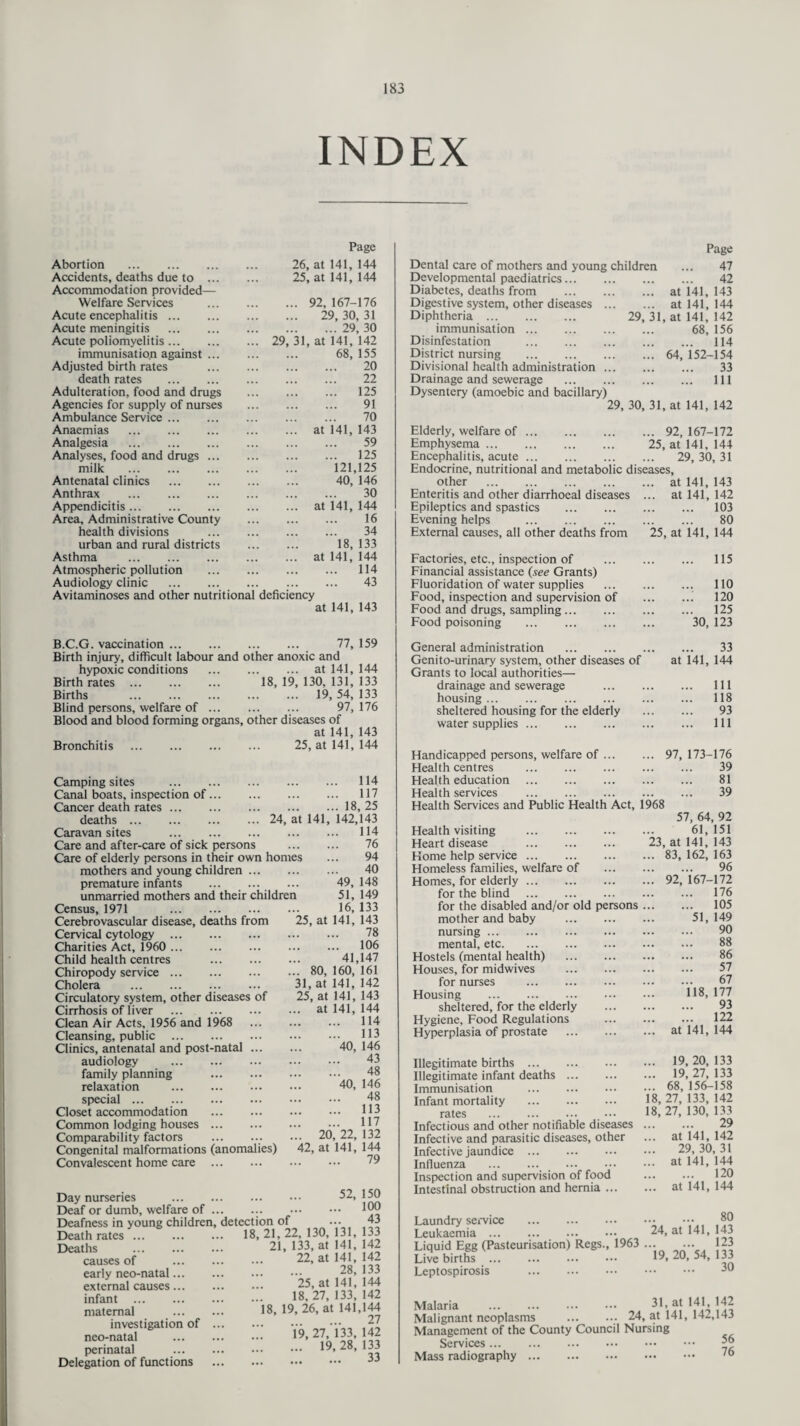 INDEX Abortion . Page 26, at 141, 144 Accidents, deaths due to ... 25, at 141, 144 Accommodation provided— Welfare Services . 92, 167-176 Acute encephalitis. . 29, 30, 31 Acute meningitis . .29, 30 Acute poliomyelitis. ... 29, 31, at 141, 142 immunisation against ... . 68, 155 Adjusted birth rates . 20 death rates . . 22 Adulteration, food and drugs . 125 Agencies for supply of nurses . 91 Ambulance Service. . 70 Anaemias . . at 141, 143 Analgesia . . 59 Analyses, food and drugs ... . 125 milk . . 121,125 Antenatal clinics . . 40, 146 Anthrax . . 30 Appendicitis. . at 141, 144 Area, Administrative County . 16 health divisions . 34 urban and rural districts . 18, 133 Asthma . . at 141, 144 Atmospheric pollution . 114 Audiology clinic . . 43 Avitaminoses and other nutritional deficiency B.C.G. vaccination. at 141, 143 . 77, 159 Birth injury, difficult labour and other anoxic and hypoxic conditions . at 141, 144 Birth rates . 18, 19, 130, 131, 133 Births . . 19, 54, 133 Blind persons, welfare of ... . 97, 176 Blood and blood forming organs, other diseases of Bronchitis . at 141, 143 25, at 141, 144 Camping sites . . 114 Canal boats, inspection of... . 117 Cancer death rates. .18, 25 deaths. ... 24, at 141, 142,143 Caravan sites . . 114 Care and after-care of sick persons . 76 Care of elderly persons in their own homes ... 94 mothers and young children. 40 premature infants ... ... ... 49,148 unmarried mothers and their children 51, 149 Census, 1971 . 16, 133 Cerebrovascular disease, deaths from 25, at 141, 143 Cervical cytology . 78 Charities Act, 1960 . 106 Child health centres . 41,147 Chiropody service. 80, 160, 161 Cholera .. ... 31, at 141, 142 Circulatory system, other diseases of 25, at 141, 143 Cirrhosis of liver ... . at 141, 144 Clean Air Acts, 1956 and 1968 114 Cleansing, public . 113 Clinics, antenatal and post-natal. 40, 146 audiology . 43 family planning . 48 relaxation . 40, 146 special. 48 Closet accommodation . 113 Common lodging houses. I*7 Comparability factors .. 20, 22, 132 Congenital malformations (anomalies) 42, at 141, 144 Convalescent home care . )ay nurseries . Deaf or dumb, welfare of ... ... Deafness in young children, detection of Death rates. deaths . causes of early neo-natal... external causes... infant . maternal investigation of . neo-natal perinatal Delegation of functions 52, 150 ... 100 43 18, 21, 22, 130, 131, 133 21, 133, at 141, 142 22, at 141, 142 28, 133 25, at 141, 144 18, 27, 133, 142 18, 19, 26, at 141,144 27 19, 27,133, 142 ... 19,28,133 . 33 Dental care of mothers and young children Developmental paediatrics. Diabetes, deaths from . at Digestive system, other diseases. at Diphtheria. 29, 31, at immunisation. Disinfestation . District nursing .64, Divisional health administration. Drainage and sewerage . Dysentery (amoebic and bacillary) 29, 30, 31, at Page 47 42 141, 143 141, 144 141, 142 68, 156 .. 114 152-154 33 .. Ill 141, 142 Elderly, welfare of. ... 92, 167-172 Emphysema. 25, at 141, 144 Encephalitis, acute. 29, 30, 31 Endocrine, nutritional and metabolic diseases. other . .. at 141, 143 Enteritis and other diarrhoeal diseases ... at 141, 142 Epileptics and spastics . .. 103 Evening helps . . 80 External causes, all other deaths from 25, at 141, 144 Factories, etc., inspection of Financial assistance {see Grants) . 115 Fluoridation of water supplies . 110 Food, inspection and supervision of .; 120 Food and drugs, sampling. . 125 Food poisoning . 30, 123 General administration . .. 33 Genito-urinary system, other diseases of Grants to local authorities— at 141, 144 drainage and sewerage . Ill housing. . 118 sheltered housing for the elderly . 93 water supplies. . Ill Handicapped persons, welfare of ... .. 97, 173-176 Health centres . . 39 Health education. . 81 Health services . . 39 Health Services and Public Health Act, 1968 57, 64, 92 Health visiting . 61, 151 Heart disease . 23, at 141, 143 Home help service. ... 83, 162, 163 Homeless families, welfare of . 96 Homes, for elderly. .. 92, 167-172 for the blind. . 176 for the disabled and/or old persons. 105 mother and baby . 51,149 nursing. 90 mental, etc. 88 Hostels (mental health) . 86 Houses, for midwives . 57 for nurses . 67 Housing . 118, 177 sheltered, for the elderly . 93 Hygiene, Food Regulations . 122 Hyperplasia of prostate ... ... ... a.t 141, 144 Illegitimate births. 19,20,133 Illegitimate infant deaths. 19, 27, 133 Immunisation . 68, 156-158 Infant mortality . 18, 27, 133, 142 rates ... 18,27,130,133 Infectious and other notifiable diseases. 29 Infective and parasitic diseases, other ... at 141, 142 Infective jaundice. 29,30,31 Influenza . at 141, 144 Inspection and supervision of food . 120 Intestinal obstruction and hernia. at 141, 144 Laundry service .. - 80 Leukaemia. 24, at 141, 143 Liquid Egg (Pasteurisation) Regs., 1963 . 123 Live births . . 19> 20, 54, 133 Leptospirosis . 30 Malaria ... ... ... ••• 31, at 141, 142 Malignant neoplasms .. 24, at 141, 142,143 Management of the County Council Nursing Services. ^ Mass radiography. 76