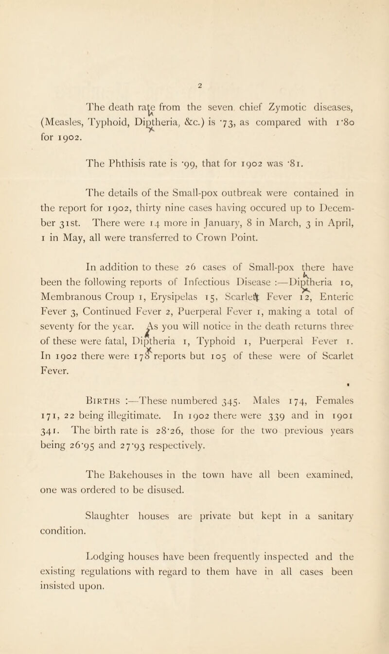 The death ra|e from the seven chief Zymotic diseases, (Measles, I'yphoid, Di[^hena, &c.) is 73, as compared with i'8o for 1902. The Phthisis rate is ’99, that for 1902 was 'Si. The details of the Small-pox outbreak were contained in the report for 1902, thirty nine cases having occured up to Decem¬ ber 31st. There were 14 more in January, 8 in March, 3 in April, I in May, all were transferred to Crown Point. In addition to these 26 cases of Small-pox there have been the following reports of Infectious Disease :—Di^hcria 10, Membranous Croup I, Erysipelas 15, Scarlellf Fever 12, Enteric Fever 3, Continued Fever 2, Puerperal Fever i, making a total of seventy for the year. ^Vs you will notice in the death returns three of these were fatal, Diptheria i. Typhoid i. Puerperal Fever i. In 1902 there were ly^reports but 105 of these were of Scarlet Fever. Births ;—These numbered 345. Males 174, Females 171, 22 being illegitimate. In 1902 there were 339 and in 1901 341. The birth rate is 28'26, those for the two previous years being 26'95 and 2 7'93 respectively. The Bakehou.ses in the town have all been e.xamined, one was ordered to be disused. Slaughter houses are private but ke[)t in a sanitary condition. Lodging houses have been frequently inspected and the existing regulations with regard to them have in all cases been insisted upon.