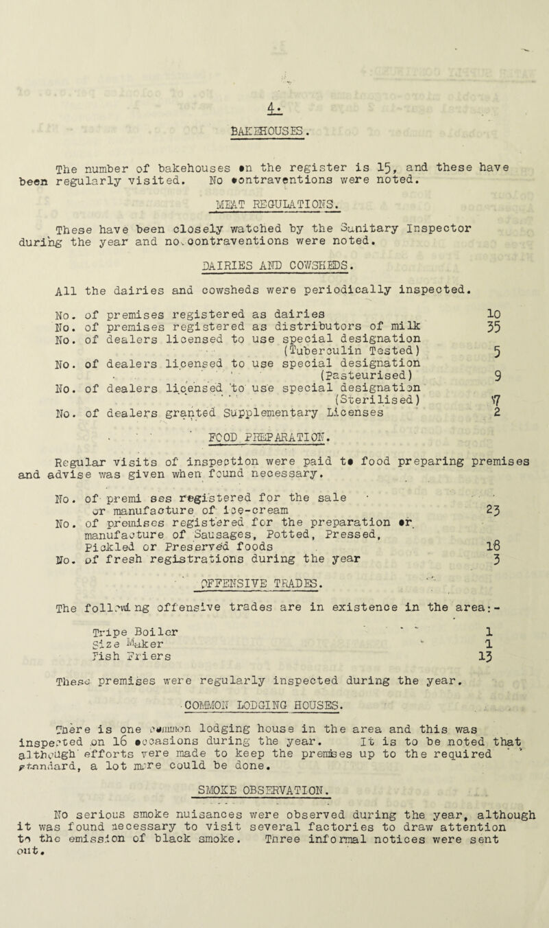 il BAI^IiHOUSJS. The number of bakehouses tn the register is I5, and these have been regularly visited. No tontraventions were noted. ME/IT REGULATIONS. These have been closely watched by the Sanitary Inspector during the year and novcontraventions were noted. DAIRIES AND COWSH]EDS. All the dairies and cowsheds were periodically inspected. No. of premises registered as dairies lO No. of premises registered as distributors of milk 35 No. of dealers licensed to use special designation — - (Tuberculin Tested) 5 No. of dealers licensed to use special designation ' ' ‘ (pasteurised) 9 No. of dealers licensed 'to use special designation' (Sterilised) S7 No. of dealers granted supplementary Licenses ' 2 FOOD PREPARATION. Regular visits of inspection were paid t« food preparing premises and advise was given when found necessary. No. of- premi ses registered for the sale • •• ' or manufacture of ice-cream 23 No. of premises registered for the preparation tr manufacture of Sausages, Potted, Pressed, Pickled or Preserved foods 16 No. of fresh registrations during the year 3 ■ ' :>EEENSIVE TRADES. The following offensive trades are in existence in the area:- Tripe Boiler * ^ Size Maker 1 Fish Friers 13 These premises were regularly inspected during the year, • COmON LODGING HOUSES. Tnere is one c^xiimon lodging house in the area and this was inspected on 16 ©ocasions during the year. It is to be noted that although’ efforts were made to keep the prenases up to the required ^rtnndard, a lot im^re could be done. SMOKE OBSERVATION. No serious smoke nuisances were observed during the year, although it was found :iecessary to visit several factories to draw attention to the emission of black smoke. Three informal notices were sent out.