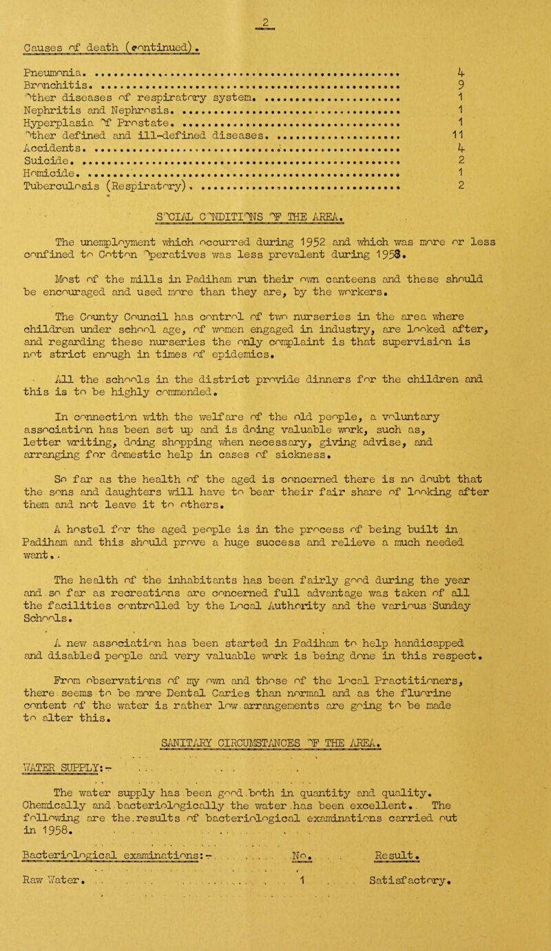 2 Pneumonia... Bronchitis. '^ther diseases of respiratory system. Nephritis and Nephrosis. Hyperplasia 'Yf Prostate.. ether defined and ill-defined diseases Accidents.... Suicide.... Homicide...... Tuberculosis (Respiratory) . ... 4 9 1 1 1 11 4 2 1 2 SOCIAL CUDITIYNS YF THE AREA. The unemployment which occurred during 1952 and which was more or less confined to Cotton Operatives was less prevalent during 1958. Most of the mills in Padiham run their own canteens and these should he encouraged and used more than they are, hy the workers. The County Council has control of two nurseries in the area where children under school age, of women engaged in industry, are looked after, and regarding these nurseries the only complaint is that supervision is not strict enough in times of epidemics. All the schools in the district provide dinners far the children and this is to he highly commended. In connection with the welfare of the old people, a voluntary association has heen set up and is doing valuable work, such as, letter writing, doing shopping when necessary, giving advise, and arranging for domestic help in cases of sickness. So far as the health of the aged is concerned there is no doubt that the sons and daughters will have to hear their fair share of looking after them and not leave it to others. A hostel for the aged people is in the process of being built in Padiham and this should prove a huge success and relieve a much needed want, . The health of the inhabitants has been fairly good during the year and so far as recreations are concerned full advantage was taken of all the facilities controlled by the Local Authority and the various Sunday Schools. A new association has been started in Padiham to help handicapped and disabled people and very valuable work is being done in this respect. Prom observations of my own and those of the local Practitioners, there. seems to be more Dental Caries than normal and as the fluorine content of the water is rather low. arrangements are going to be made to alter this. SANITARY CIRCUMSTANCES YF THE AREA WATER SUPPLY:- ... .. . The water supply has been good.both in quantity and quality. Chemically and bacteriologically the water ,has been excellent. The following are the.results of bacteriological examinations carried out in 1958. . . . . . . . Bacteriological examinations:-. .No. . Result.