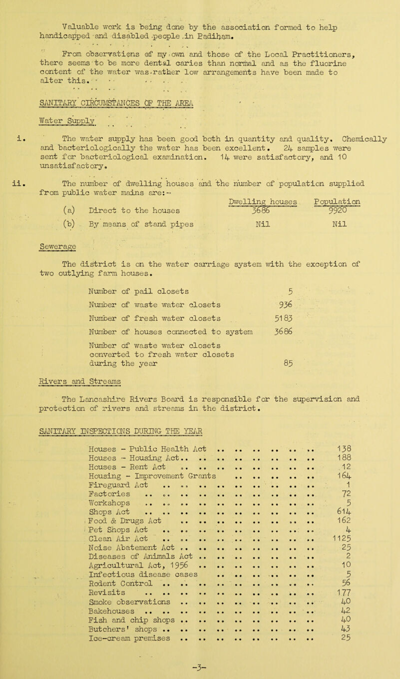 Valuable work is 'being done by the association formed to help handicapped -and disabled -people .in Eadihom* • * > « From observations of my .•own and those of the Local Practitioners, there seems to be more dental caries than normal and as the fluorine content of the water was -rather low arrangements have been made to alter this.■• •*■•*»*- » i „ . SANITARY' CIRCUMSTANCES OF THE AREA ' * i. The water supply has been good both in quantity and quality. Chemically and bacteriologically the water has been excellent. 24 samples were sent for bacteriological examination. 14 were satisfactory, and 10 unsatisfactory. ii. The number of dwelling houses and the number of population supplied from public water mains are:- (a) Direct to the houses (b) By means of stand pipes Sewerage The district is on the water carriage system with the exception of two outlying farm houses. Number of pail closets 5 Number of waste water closets 936 Number of fresh water closets 3183 Number of houses connected to system 3686 Number of waste water closets converted to fresh water closets during the year 83 Rivers and Streams The Lancashire Rivers Board is responsible for the supervision and protection of rivers and streams in the district • SANITARY INSPECTIONS DURING THE YEAR Houses - Public Health Act . .. 138 Houses - Housing Act. 188 Houses - Rent Act .... 12 Housing - Improvement Grants . 1 64 Fireguard Act .. », . 1 Factories .. <>« .. . 12 Workshops .. .» ... .. 3 Shops Act . 614 , Food & Drugs Act .. .. 162 Pet Shops Act ., • * . .. .. 4 Clean Air Act .. .. 1123 Noise Abatement Act ,. .. . 23 Diseases of Animals Act. .. 2 Agricultural Act, 1936 .. 10 Infectious disease cases . 3 Rodent Control . 56 Revisits . .. .. .. ., 177 Smoke observations .. . 40 Bakehouses.. .. .. .. 42 Fish and chip shops .. .. 40 Butchers' shops. 43 Ice-cream premises . 25 Dwelling houses Population 9920 Nil Nil -3-