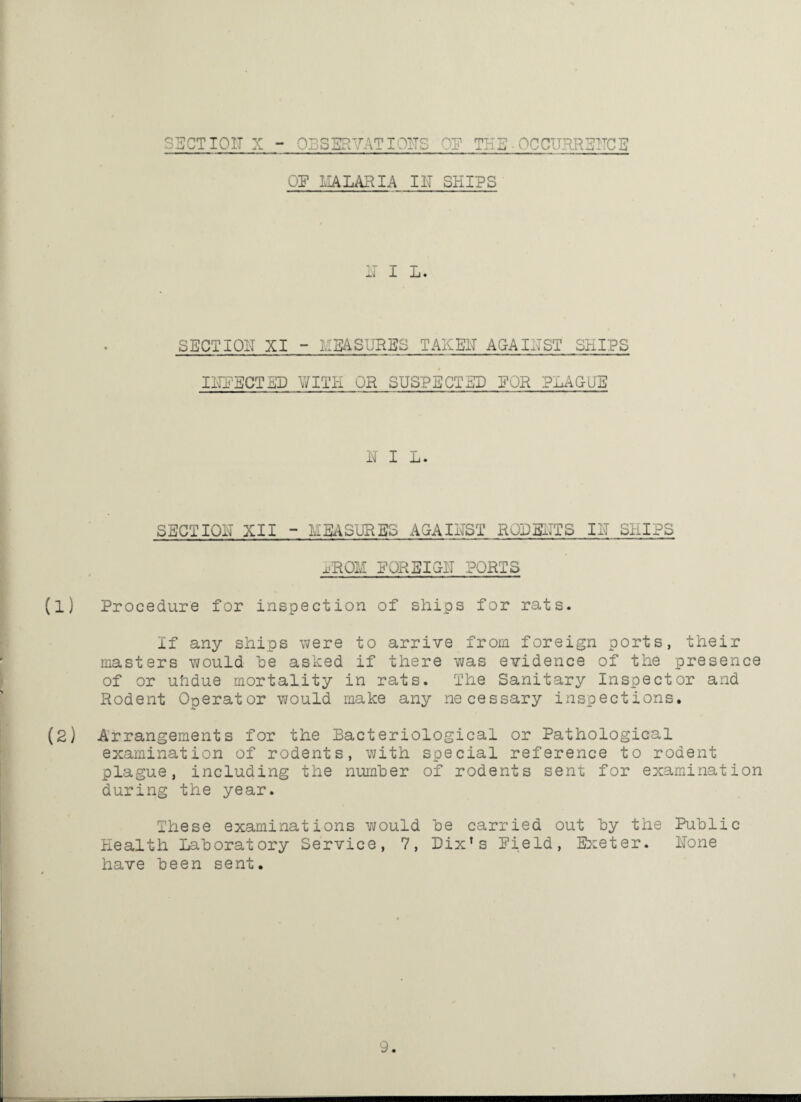 SECTION X - OBSERVATIONS OF THE OCCURRENCE OF MALARIA IN SHIPS I L. SECTION XI ~ MEASURES TAKEN AGAINST SHIPS INFECTED WITH OR SUSPECTED FOR PLAGUE N I L. SECTION XII MEASURES AGAINST RODENTS IN SHIPS FROM FOREIGN PORTS (1) Procedure for inspection of ships for rats. If any ships were to arrive from foreign ports, their masters would he asked if there was evidence of the presence of or uhdue mortality in rats. The Sanitary Inspector and Rodent Operator would make any necessary inspections, (2) Arrangements for the Bacteriological or Pathological examination of rodents, with special reference to rodent plague, including the number of rodents sent for examination during the year. These examinations would he carried out hy the Public Health Laboratory Service, 7, Dix’s Field, Exeter. None have been sent.