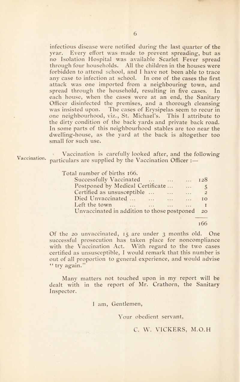 Vaccination. infectious disease were notified during- the last quarter of the year. Every effort was made to prevent spreading-, but as no Isolation Hospital was available Scarlet Fever spread throug-h four households. All the children in the houses were forbidden to attend school, and I have not been able to trace any case to infection at school. In one of the cases the first attack was one imported from a neighbouring town, and spread through the household, resulting in five cases. In each house, when the cases were at an end, the Sanitary Officer disinfected the premises, and a thorough cleansing was insisted upon. The cases of Erysipelas seem to recur in one neighbourhood, viz., St. Michael’s. This I attribute to the dirty condition of the back yards and private back road. In some parts of this neighbourhood stables are too near the dwelling-house, as the yard at the back is altogether too small for such use. Vaccination is carefully looked after, and the following particulars are supplied by the Vaccination Officer :— Total number of births 166. Successfully Vaccinated ... ... ... 128 Postponed by Medical Certificate... ... 5 Certified as unsusceptible ... ... ... 2 Died Unvaccinated ... ... ... ... 10 Left the town ... ... ... ... 1 Unvaccinated in addition to those postponed 20 166 Of the 20 unvaccinated, 15 are under 3 months old. One successful prosecution has taken place for noncompliance with the Vaccination Act. With regard to the two cases certified as unsusceptible, I would remark that this number is out of all proportion to general experience, and would advise “ try again.” Many matters not touched upon in my report will be dealt with in the report of Mr. Crathorn, the Sanitary Inspector. I am, Gentlemen, Your obedient servant, C. W. \TCKERS, M.O.H