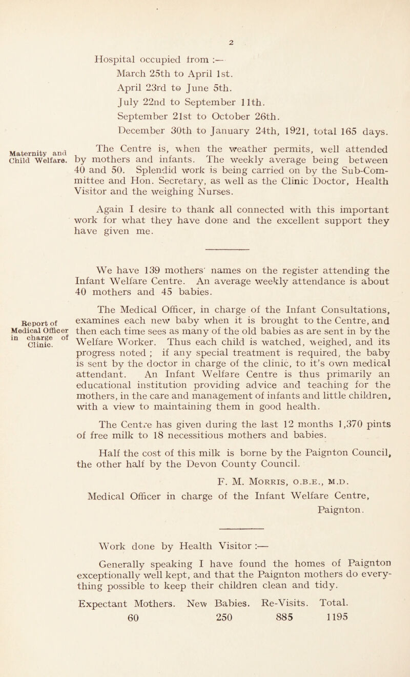 Maternity and Child Welfare. Report of Medical Officer in charge of Clinic. Hospital occupied from - March 25th to April 1st. April 23rd to June 5th. July 22nd to September 11th. September 21st to October 26th. December 30th to January 24th, 1921, total 165 days. The Centre is, -when the weather permits, well attended by mothers and infants. The weekly average being between 40 and 50. Splendid work is being carried on by the Sub-Com¬ mittee and Hon. Secretary, as well as the Clinic Doctor, Health Visitor and the weighing Nurses. Again I desire to thank all connected with this important work for what they have done and the excellent support they have given me. We have 139 mothers' names on the register attending the Infant Welfare Centre. An average weekly attendance is about 40 mothers and 45 babies. The Medical Officer, in charge of the Infant Consultations, examines each new baby when it is brought to the Centre, and then each time sees as many of the old babies as are sent in by the Welfare Worker. Thus each child is watched, weighed, and its progress noted ; if any special treatment is required, the baby is sent by the doctor in charge of the clinic, to it’s own medical attendant. An Infant Welfare Centre is thus primarily an educational institution providing advice and teaching for the mothers, in the care and management of infants and little children, with a view to maintaining them in good health. The Centre has given during the last 12 months 1,370 pints of free milk to 18 necessitious mothers and babies. Half the cost of this milk is borne by the Paignton Council, the other half by the Devon County Council. F. M. Morris, o.b.e., m.d. Medical Officer in charge of the Infant Welfare Centre, Paignton. Work done by Health Visitor :— Generally speaking I have found the homes of Paignton exceptionally well kept, and that the Paignton mothers do every¬ thing possible to keep their children clean and tidy. Expectant Mothers. New- Babies. Re-Visits. Total. 60 250 885 1195