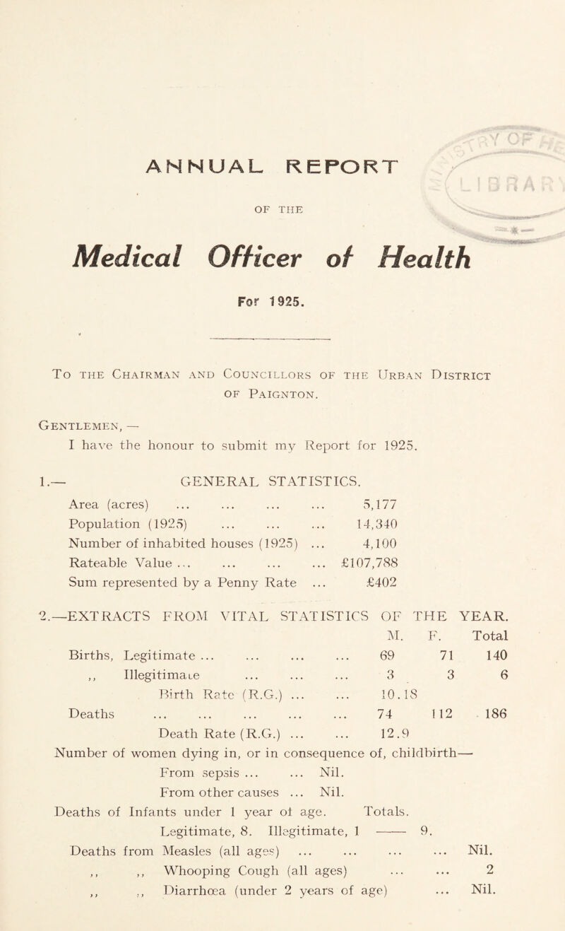 ANNUAL REPORT OF THE Medical Officer of Health For 1925. To the Chairman and Councillors of the Urban District of Paignton. Gentlemen, — I have the honour to submit my Report for 1925. 1.— GENERAL STATISTICS. Area (acres) 5,177 Population (1925) 14,340 Number of inhabited houses (1925) 4,100 Rateable Value ... ... £107,788 Sum represented by a Penny Rate £402 EXTRACTS FROM VITAL STATISTICS OF THE YEAR. M. F. Total Births, Legitimate ... 69 71 140 ) ) Illegitimate 3 3 6 Birth Rate (R.G.). 10.18 Deaths • •• ••• ••• ••• ••• 74 112 186 Death Rate (R.G.) ... 12.9 Number of women dying in, or in consequence of, childbirth— From sepsis ... ... Nil. From other causes ... Nil. Deaths of Infants under 1 year of age. Totals. Legitimate, 8. Illegitimate, 1-9. Deaths from Measles (all ages) ... ... ... ... Nil. ,, ,, Whooping Cough (all ages) ... ... 2