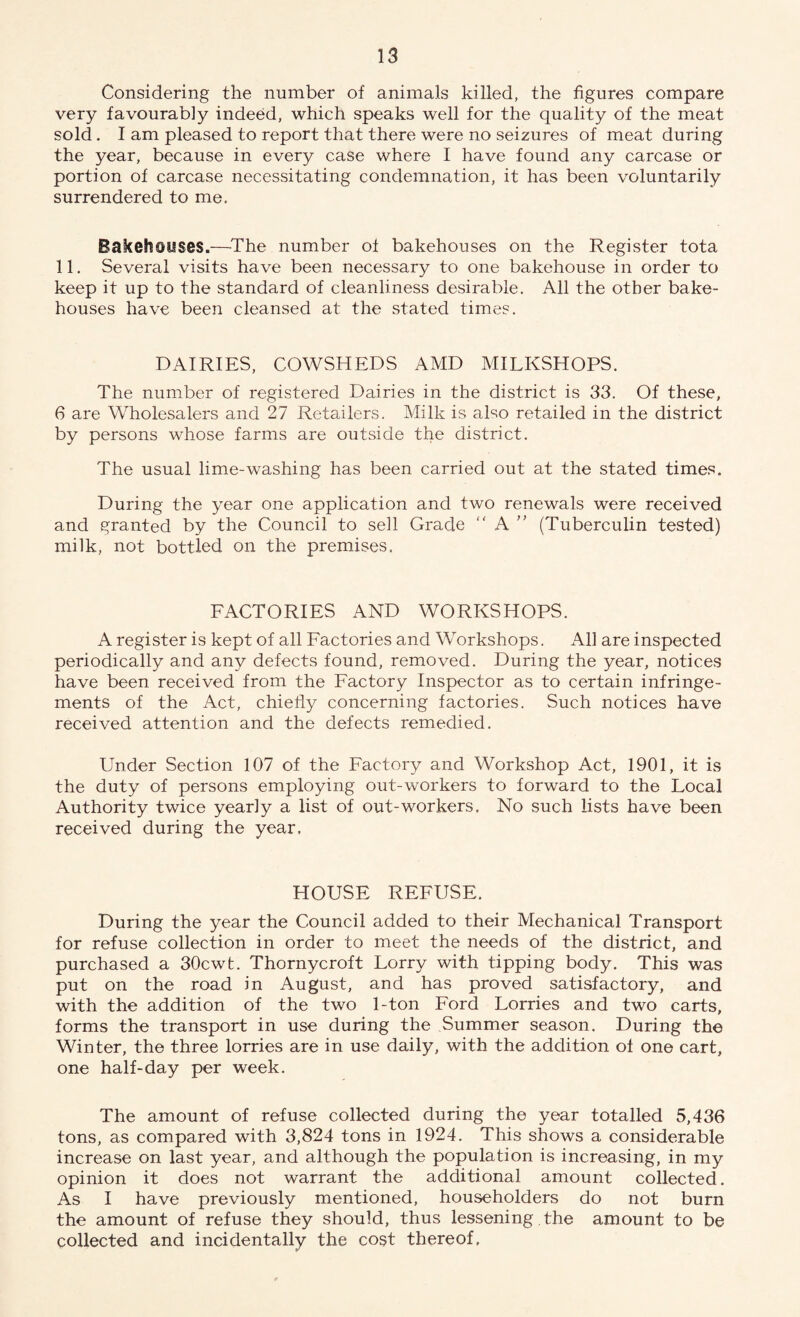 Considering the number of animals killed, the figures compare very favourably indeed, which speaks well for the quality of the meat sold. I am pleased to report that there were no seizures of meat during the year, because in every case where I have found any carcase or portion of carcase necessitating condemnation, it has been voluntarily surrendered to me. Bakehouses.—The number of bakehouses on the Register tota 11. Several visits have been necessary to one bakehouse in order to keep it up to the standard of cleanliness desirable. All the other bake¬ houses have been cleansed at the stated times. DAIRIES, COWSHEDS AMD MILKSHOPS. The number of registered Dairies in the district is 33. Of these, 6 are Wholesalers and 27 Retailers. Milk is also retailed in the district by persons whose farms are outside the district. The usual lime-washing has been carried out at the stated times. During the year one application and two renewals were received and granted by the Council to sell Grade A ” (Tuberculin tested) milk, not bottled on the premises. FACTORIES AND WORKSHOPS. A register is kept of all Factories and Workshops. All are inspected periodically and any defects found, removed. During the year, notices have been received from the Factory Inspector as to certain infringe¬ ments of the Act, chiefly concerning factories. Such notices have received attention and the defects remedied. Under Section 107 of the Factory and Workshop Act, 1901, it is the duty of persons employing out-workers to forward to the Local Authority twice yearly a list of out-workers. No such lists have been received during the year. HOUSE REFUSE. During the year the Council added to their Mechanical Transport for refuse collection in order to meet the needs of the district, and purchased a 30cwt. Thornycroft Lorry with tipping body. This was put on the road in August, and has proved satisfactory, and with the addition of the two 1-ton Ford Lorries and two carts, forms the transport in use during the Summer season. During the Winter, the three lorries are in use daily, with the addition of one cart, one half-day per week. The amount of refuse collected during the year totalled 5,436 tons, as compared with 3,824 tons in 1924. This shows a considerable increase on last year, and although the population is increasing, in my opinion it does not warrant the additional amount collected. As I have previously mentioned, householders do not burn the amount of refuse they should, thus lessening the amount to be collected and incidentally the cost thereof.