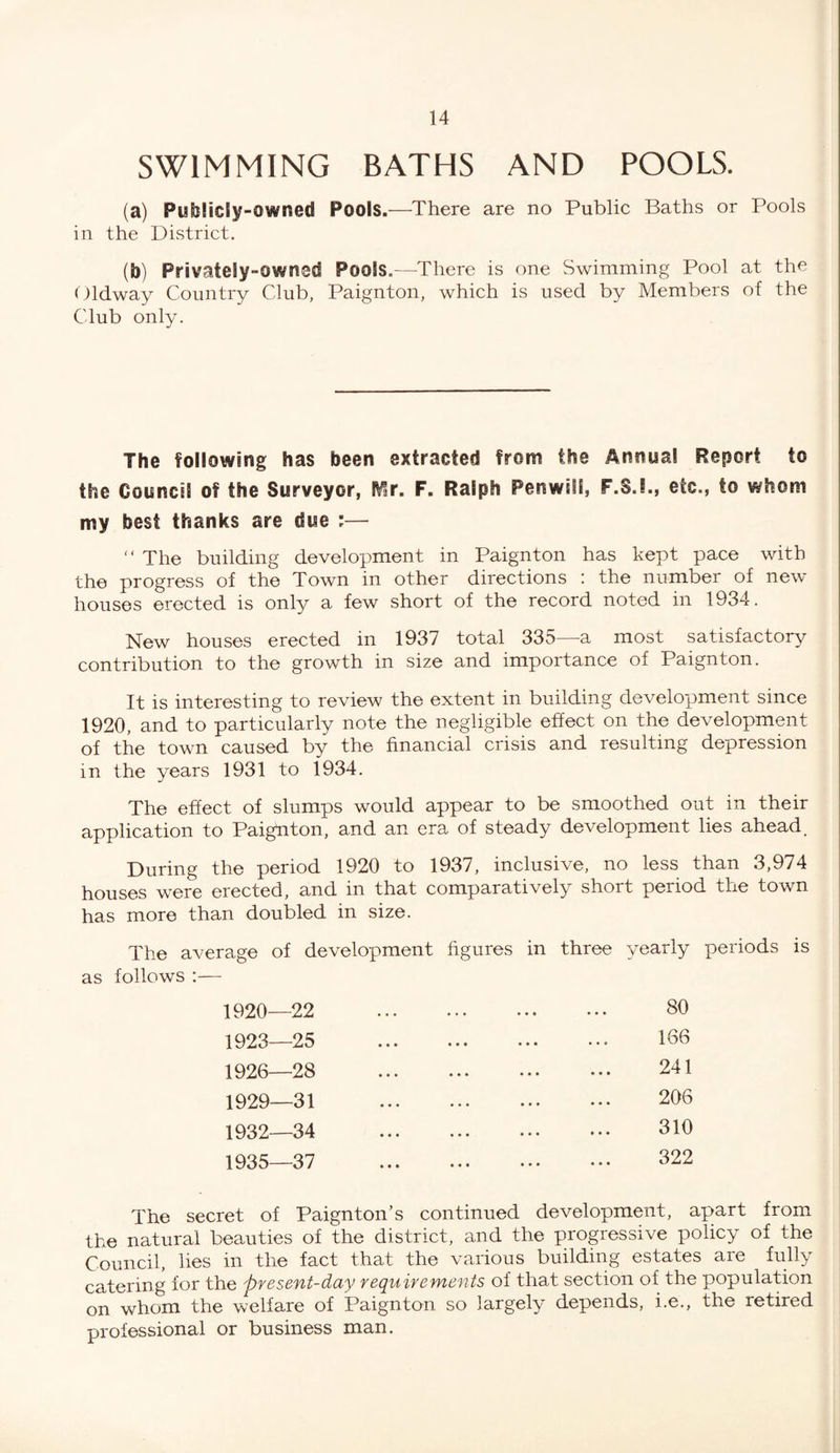 SWIMMING BATHS AND POOLS. (a) Publicly-owned Pools.—There are no Public Baths or Pools in the District. (b) Privately-owned Pools.—There is one Swimming Pool at the Oldway Country Club, Paignton, which is used by Members of the Club only. The following has been extracted from the Annual Report to the Council of the Surveyor, IV!r. F. Ralph Penwiy, F.S.!., etc., to whom my best thanks are due :— “ The building development in Paignton has kept pace with the progress of the Town in other directions : the number of new houses erected is only a few short of the record noted in 1934. New houses erected in 1937 total 335—a most satisfactory contribution to the growth in size and importance of Paignton. It is interesting to review the extent in building development since 1920, and to particularly note the negligible effect on the development of the town caused by the financial crisis and resulting depression in the years 1931 to 1934. The effect of slumps would appear to be smoothed out in their application to Paignton, and an era of steady development lies ahead. During the period 1920 to 1937, inclusive, no less than 3,974 houses were erected, and in that comparatively short period the town has more than doubled in size. The average of development figures in three yearly periods is as follows :— 1920—22 1923—25 1926—28 1929—31 1932—34 1935—37 80 166 241 206 310 322 The secret of Paignton’s continued development, apart from the natural beauties of the district, and the progressive policy of the Council, lies in the fact that the various building estates are fully catering for the present-day requirements of that section of the population on whom the welfare of Paignton so largely depends, i.e., the retired professional or business man.