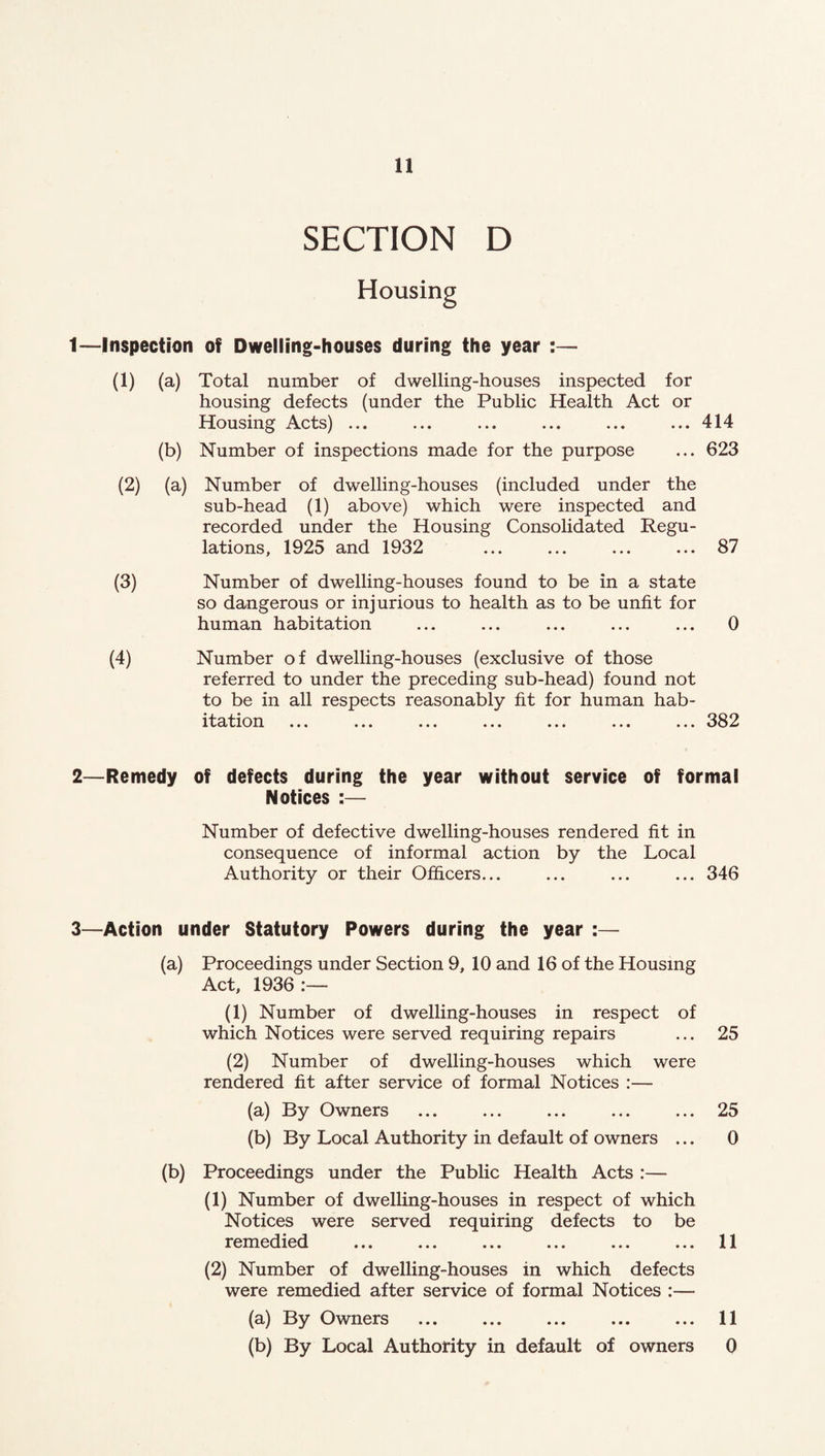 n SECTION D Housing 1— Inspection of Dwelling-houses during the year :— (1) (a) Total number of dwelling-houses inspected for housing defects (under the Public Health Act or Housing Acts) ... ... ... ... ... ... 414 (b) Number of inspections made for the purpose ... 623 (2) (a) Number of dwelling-houses (included under the sub-head (1) above) which were inspected and recorded under the Housing Consolidated Regu¬ lations, 1925 and 1932 ... ... ... ... 87 (3) Number of dwelling-houses found to be in a state so dangerous or injurious to health as to be unfit for human habitation ... ... ... ... ... 0 (4) Number of dwelling-houses (exclusive of those referred to under the preceding sub-head) found not to be in all respects reasonably fit for human hab- itS/tioir ... ... ... ... ... ... ... 382 2— Remedy of defects during the year without service of formal Notices :— Number of defective dwelling-houses rendered fit in consequence of informal action by the Local Authority or their Officers... ... ... ... 346 3— Action under Statutory Powers during the year :— (a) Proceedings under Section 9, 10 and 16 of the Housing Act, 1936:— (1) Number of dwelling-houses in respect of which Notices were served requiring repairs ... 25 (2) Number of dwelling-houses which were rendered fit after service of formal Notices :— (a) By Owners ... ... ... ... ... 25 (b) By Local Authority in default of owners ... 0 (b) Proceedings under the Public Health Acts :— (1) Number of dwelling-houses in respect of which Notices were served requiring defects to be remedied ... ... ... ... ... ... 11 (2) Number of dwelling-houses in which defects were remedied after service of formal Notices :— (a) By Owners ... ... ... ... ... 11