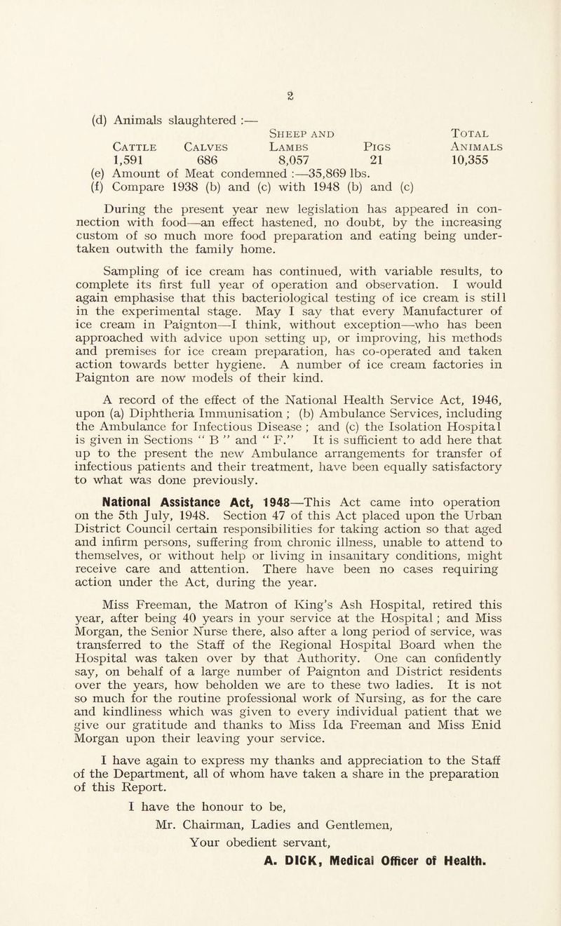 (d) Animals slaughtered :— Sheep and Total Cattle Calves Lambs Pigs Animals 1,591 686 8,057 21 10,355 (e) Amount of Meat condemned :—35,869 lbs. (f) Compare 1938 (b) and (c) with 1948 (b) and (c) During the present year new legislation has appeared in con¬ nection with food—an effect hastened, no doubt, by the increasing custom of so much more food preparation and eating being under¬ taken outwith the family home. Sampling of ice cream has continued, with variable results, to complete its first full year of operation and observation. I would again emphasise that this bacteriological testing of ice cream is still in the experimental stage. May I say that every Manufacturer of ice cream in Paignton—I think, without exception—who has been approached with advice upon setting up, or improving, his methods and premises for ice cream preparation, has co-operated and taken action towards better hygiene. A number of ice cream factories in Paignton are now models of their kind. A record of the effect of the National Health Service Act, 1946, upon (a) Diphtheria Immunisation ; (b) Ambulance Services, including the Ambulance for Infectious Disease ; and (c) the Isolation Hospital is given in Sections “ B ” and “ F.” It is sufficient to add here that up to the present the new Ambulance arrangements for transfer of infectious patients and their treatment, have been equally satisfactory to what was done previously. National Assistance Act, 1948—This Act came into operation on the 5th July, 1948. Section 47 of this Act placed upon the Urban District Council certain responsibilities for taking action so that aged and infirm persons, suffering from chronic illness, unable to attend to themselves, or without help or living in insanitary conditions, might receive care and attention. There have been no cases requiring action under the Act, during the year. Miss Freeman, the Matron of King’s Ash Hospital, retired this year, after being 40 years in your service at the Hospital; and Miss Morgan, the Senior Nurse there, also after a long period of service, was transferred to the Staff of the Regional Hospital Board when the Hospital was taken over by that Authority. One can confidently say, on behalf of a large number of Paignton and District residents over the years, how beholden we are to these two ladies. It is not so much for the routine professional work of Nursing, as for the care and kindliness which was given to every individual patient that we give our gratitude and thanks to Miss Ida Freeman and Miss Enid Morgan upon their leaving your service. I have again to express my thanks and appreciation to the Staff of the Department, all of whom have taken a share in the preparation of this Report. I have the honour to be, Mr. Chairman, Ladies and Gentlemen, Your obedient servant, A. DICK, Medical Officer of Health.