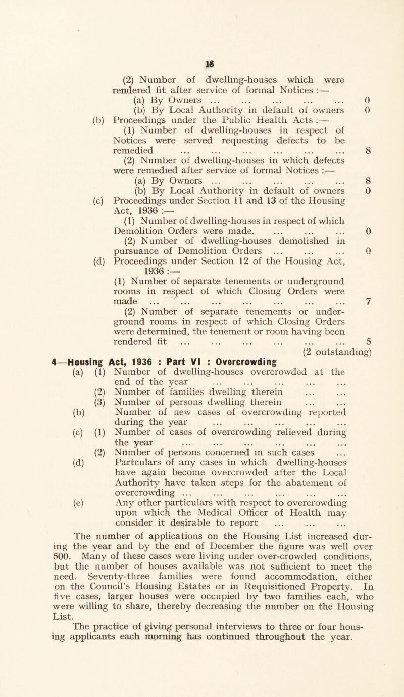 (2) Number of dwelling-houses which were rendered fit after service of formal Notices :— (a) By Owners ... ... ... ... ... 0 (b) By Local Authority in default of owners 0 (b) Proceedings under the Public Health Acts ;— (1) Number of dwelling-houses in respect of Notices were served requesting defects to be remedied ... ... ... ... ... ... 8 (2) Number of dwelling-houses in which defects were remedied after service of formal Notices :— (a) By Owners ... ... ... ... ... 8 (b) By Local Authority in default of owners 0 (c) Proceedings under Section 11 and 13 of the Housing Act, 1936 :— (1) Number of dwelling-houses in respect of which Demolition Orders were made. ... ... ... 0 (2) Number of dwelling-houses demolished in pursuance of Demolition Orders ... ... ... 0 (d) Proceedings under Section 12 of the Housing Act, 1936 (1) Number of separate tenements or underground rooms in respect of which Closing Orders were m3.dc^ ... ... ... ... ... ... ... (2) Number of separate tenements or under¬ ground rooms in respect of which Closing Orders were determined, the tenement or room having been rendered fit ... ... ... ... ... ... 5 (2 outstanding) 4—Housing Act, 1936 : Part VI : Overcrowding (a) (1) Number of dwelling-houses overcrowded at the end of the year (2) Number of families dwelling therein (3) Number of persons dwelling therein (b) Number of new cases of overcrowding reported during the year (c) (1) Number of cases of overcrowding relieved during the year (2) Number of persons concerned in such cases (d) Partculars of any cases in which dwelling-houses have again become overcrowded after the Local Authority have taken steps for the abatement of overcrowding ... (e) Any other particulars with respect to overcrowding upon which the Medical Officer of Health may consider it desirable to report The number of applications on the Housing List increased dur¬ ing the year and by the end of December the figure was well over 500. Many of these cases were living under over-crowded conditions, but the number of houses available was not sufficient to meet the need. Seventy-three families were found accommodation, either on the Council’s Housing Estates or in Requisitioned Property. In five cases, larger houses were occupied by two families each, who were willing to share, thereby decreasing the number on the Housing List. The practice of giving personal interviews to three or four hous¬ ing applicants each morning has continued throughout the year.
