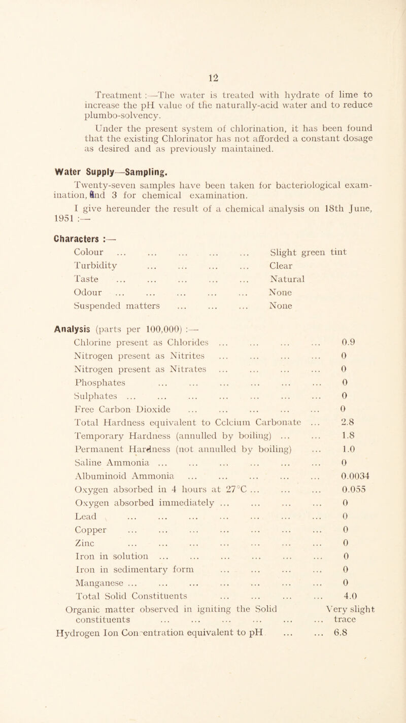 Treatment :—The water is treated with hydrate of lime to increase the pH value of the naturally-acid water and to reduce plumbo-solvency. Under the present system of chlorination, it has been found that the existing Chlorinator has not afforded a constant dosage as desired and as previously maintained. Water Supply—Sampling. Twenty-seven samples have been taken for bacteriological exam¬ ination, find 3 for chemical examination. I give hereunder the result of a chemical analysis on 18th June, 1951 :— Characters :— Colour ... ... ... ... ... Slight green tint Turbidity ... ... ... ... Clear Taste ... ... ... ... ... Natural Odour ... ... ... ... ... None Suspended matters ... ... ... None Analysis (parts per 100,000) :— Chlorine present as Chlorides ... ... ... ... 0.9 Nitrogen present as Nitrites ... ... ... ... 0 Nitrogen present as Nitrates ... ... ... ... 0 Phosphates ... ... ... ... ... ... 0 Sulphates ... ... ... ... ... ... ... 0 Free Carbon Dioxide ... ... ... ... ... 0 Total Hardness equivalent to Cclcium Carbonate ... 2.8 Temporary Hardness (annulled by boiling) ... ... 1.8 Permanent Hardness (not annulled by boiling) ... 1.0 Saline Ammonia ... ... ... ... ... ... 0 Albuminoid Ammonia ... ... ... ... ... 0.0034 Oxygen absorbed in 4 hours at 27°C ... ... ... 0.055 Oxygen absorbed immediately ... ... ... ... 0 Lead ... ... ... ... ... ... ... 0 Copper ... ... ... ... ... ... ... 0 Zinc ... ... ... ... ... ... ... 0 Iron in solution ... ... ... ... ... ... 0 Iron in sedimentary form ... ... ... ... 0 Manganese ... ... ... ... ... ... ... 0 Total Solid Constituents ... ... ... ... 4.0 Organic matter observed in igniting the Solid Very slight constituents ... ... ... ... ... ... trace Hydrogen Ion Con entration equivalent to pH ... ... 6.8