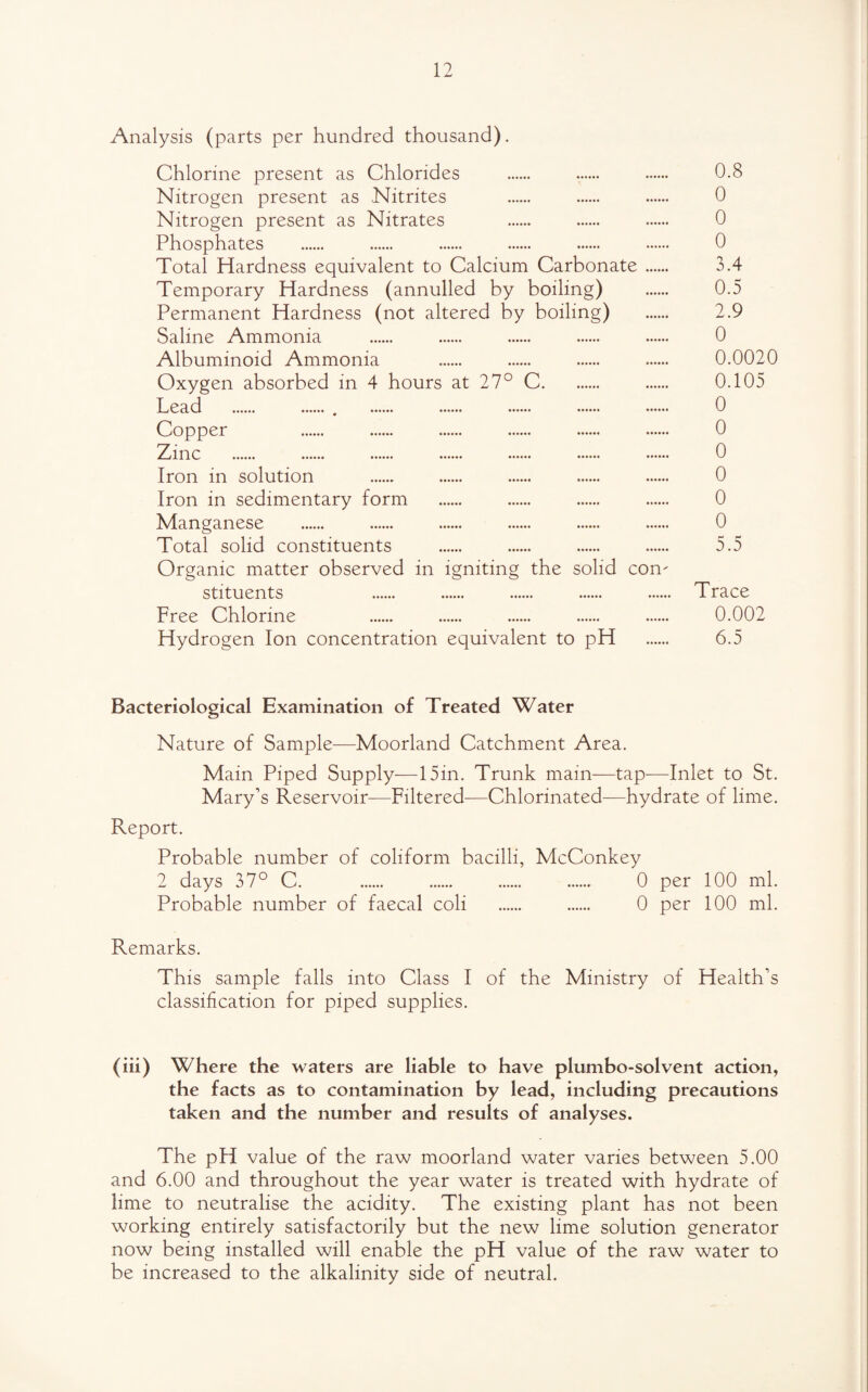 Analysis (parts per hundred thousand). Chlorine present as Chlorides . 0.8 Nitrogen present as .Nitrites . . . 0 Nitrogen present as Nitrates . . . 0 Phosphates . . . . . . 0 Total Hardness equivalent to Calcium Carbonate. 3.4 Temporary Hardness (annulled by boiling) . 0.5 Permanent Hardness (not altered by boiling) . 2.9 Saline Ammonia . . . . . 0 Albuminoid Ammonia . . . . 0.0020 Oxygen absorbed in 4 hours at 27° C. . 0.105 Lead . .. . . . . . 0 Copper . . . . . . 0 Zinc . . . . . . . 0 Iron in solution . . . . . 0 Iron in sedimentary form . . . . 0 Manganese . . . . . . 0 Total solid constituents . . . . 5.5 Organic matter observed in igniting the solid con¬ stituents . . . . . Trace Free Chlorine . . . . . 0.002 Hydrogen Ion concentration equivalent to pH . 6.5 Bacteriological Examination of Treated Water Nature of Sample—Moorland Catchment Area. Main Piped Supply—15in. Trunk mam—tap-—Inlet to St. Mary’s Reservoir-—Filtered—Chlorinated—hydrate of lime. Report. Probable number of coliform bacilli, McConkey 2 days 37° C. . . . . 0 per 100 ml. Probable number of faecal coli . . 0 per 100 ml. Remarks. This sample falls into Class I of the Ministry of Health’s classification for piped supplies. (iii) Where the waters are liable to have plumbo-solvent action, the facts as to contamination by lead, including precautions taken and the number and results of analyses. The pH value of the raw moorland water varies between 5.00 and 6.00 and throughout the year water is treated with hydrate of lime to neutralise the acidity. The existing plant has not been working entirely satisfactorily but the new lime solution generator now being installed will enable the pH value of the raw water to be increased to the alkalinity side of neutral.