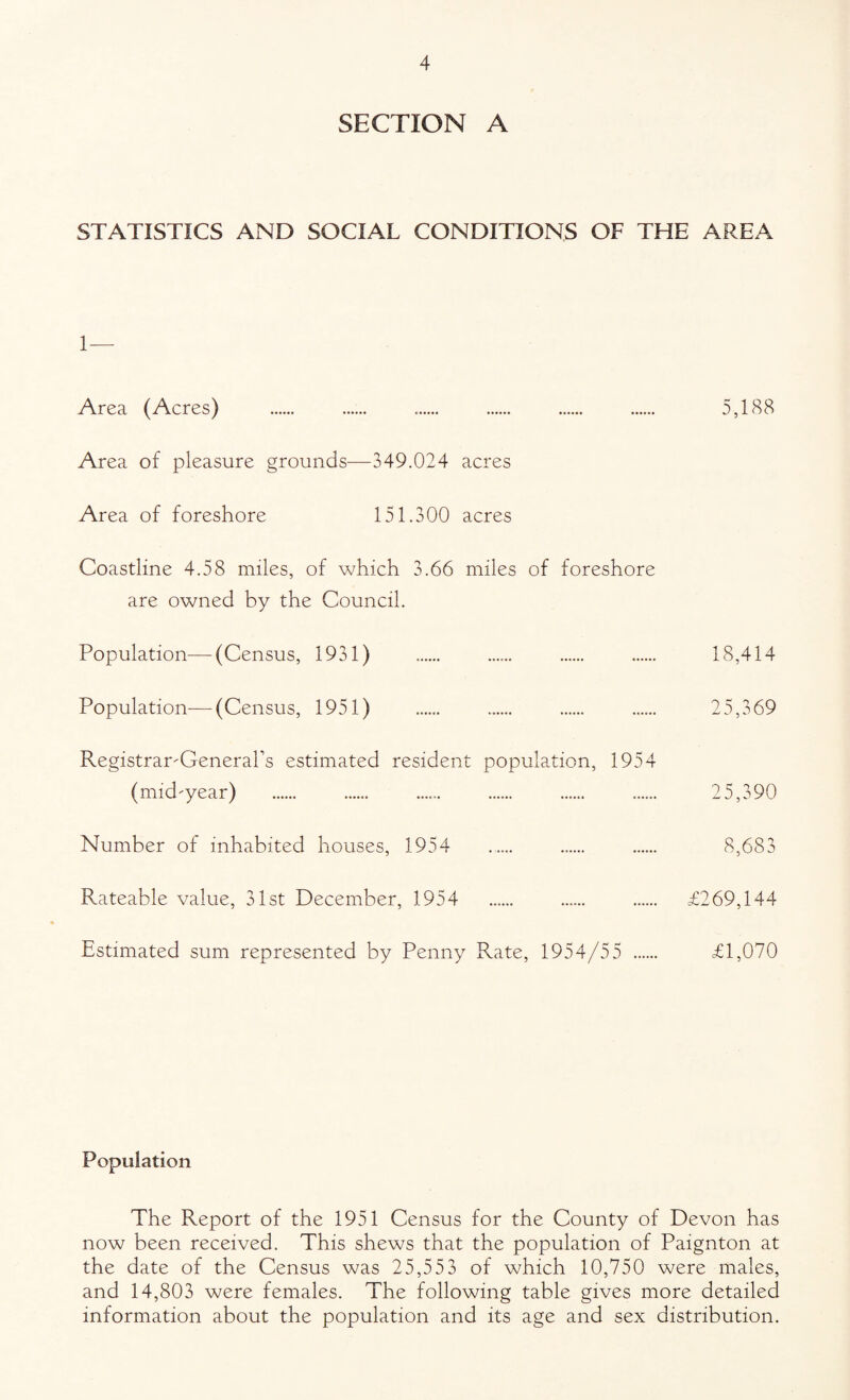 SECTION A STATISTICS AND SOCIAL CONDITIONS OF THE AREA 1— Area (Acres) . . .. . . . 5,188 Area of pleasure grounds—349.024 acres Area of foreshore 151.300 acres Coastline 4.58 miles, of which 3.66 miles of foreshore are owned by the Council. Population—(Census, 1931) .. ...... . . 18,414 Population—(Census, 1951) . ...... . . 25,369 Registrar-Generars estimated resident population, 1954 (mid-year) . . . . ...... .. 25,390 Number of inhabited houses, 1954 . ...... . 8,683 Rateable value, 31st December, 1954 . . . £269,144 Estimated sum represented by Penny Rate, 1954/55 . £1,070 Population The Report of the 1951 Census for the County of Devon has now been received. This shews that the population of Paignton at the date of the Census was 25,553 of which 10,750 were males, and 14,803 were females. The following table gives more detailed information about the population and its age and sex distribution.