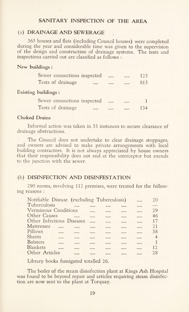 SANITARY INSPECTION OF THE AREA (a) DRAINAGE AND SEWERAGE 365 houses and flats (including Council houses) were completed during the year and considerable time was given to the supervision of the design and construction of drainage systems. The tests and inspections carried out are classified as follows : New buildings : Sewer connections inspected . 125 Tests of drainage 815 Existing buildings : Sewer connections inspected . 1 Tests of drainage . . . 134 Choked Drains Informal action was taken in 53 instances to secure clearance of drainage obstructions. The Council does not undertake to clear drainage stoppages, and owners are advised to make private arrangements with local building contractors. It is not always appreciated by house owners that their responsibility does not end at the interceptor but exends to the junction with the sewer. (b) DISINFECTION AND DISINFESTATION 290 rooms, involving 112 premises, were treated for the follow' ing reasons ; Notifiable Disease (excluding Tuberculosis) . 20 Tuberculosis . .. . . . — Verminous Conditions . . . . 29 Other Causes . . . . . 46 Other Infectious Diseases . . . . 17 Mattresses . . . . . . 21 Pillows . . . . . . 58 Sheets . . . . . . 4 Bolsters . 1 Blankets . . . . . . 12 Other Articles . . . . . 28 Library books fumigated totalled 26. The boiler of the steam disinfection plant at Kings Ash Hospital was found to be beyond repair and articles requiring steam disinfec' tion are now sent to the plant at Torquay.